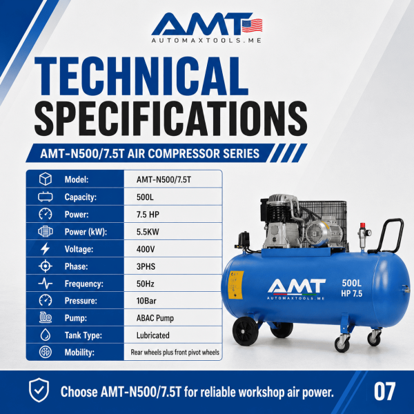 <h3>AMT-N500/7.5T 500L 7.5HP Air Compressor</h3><p>The <strong>AMT-N500/7.5T 500L 7.5HP Air Compressor</strong> is a high-output industrial piston compressor for workshops and facilities with demanding compressed-air requirements. It combines a 500-litre receiver, 7.5HP motor, 5.5kW output, 400V three-phase power, 10 bar maximum pressure and a durable ABAC pump.</p><h3>Technical Specifications</h3><table><thead><tr><th>Specification</th><th>Details</th></tr></thead><tbody><tr><td><strong>Model</strong></td><td>AMT-N500/7.5T</td></tr><tr><td><strong>Compressor Type</strong></td><td>Belt-Driven Oil-Lubricated Piston Compressor</td></tr><tr><td><strong>Receiver Capacity</strong></td><td>500 litres</td></tr><tr><td><strong>Motor Power</strong></td><td>7.5HP</td></tr><tr><td><strong>Rated Power</strong></td><td>5.5kW</td></tr><tr><td><strong>Voltage</strong></td><td>400V</td></tr><tr><td><strong>Phase</strong></td><td>Three Phase</td></tr><tr><td><strong>Frequency</strong></td><td>50Hz</td></tr><tr><td><strong>Maximum Pressure</strong></td><td>10 bar</td></tr><tr><td><strong>Pump</strong></td><td>ABAC Pump</td></tr><tr><td><strong>Manufacturing</strong></td><td>Designed and Engineered in Italy, Assembled in KSA</td></tr></tbody></table> <h3>AMT-N500/7.5T 500L 7.5HP Air Compressor</h3><p>The <strong>AMT-N500/7.5T 500L 7.5HP Air Compressor</strong> is a high-output industrial piston compressor for workshops and facilities with demanding compressed-air requirements. It combines a 500-litre receiver, 7.5HP motor, 5.5kW output, 400V three-phase power, 10 bar maximum pressure and a durable ABAC pump.</p><h3>Technical Specifications</h3><table><thead><tr><th>Specification</th><th>Details</th></tr></thead><tbody><tr><td><strong>Model</strong></td><td>AMT-N500/7.5T</td></tr><tr><td><strong>Compressor Type</strong></td><td>Belt-Driven Oil-Lubricated Piston Compressor</td></tr><tr><td><strong>Receiver Capacity</strong></td><td>500 litres</td></tr><tr><td><strong>Motor Power</strong></td><td>7.5HP</td></tr><tr><td><strong>Rated Power</strong></td><td>5.5kW</td></tr><tr><td><strong>Voltage</strong></td><td>400V</td></tr><tr><td><strong>Phase</strong></td><td>Three Phase</td></tr><tr><td><strong>Frequency</strong></td><td>50Hz</td></tr><tr><td><strong>Maximum Pressure</strong></td><td>10 bar</td></tr><tr><td><strong>Pump</strong></td><td>ABAC Pump</td></tr><tr><td><strong>Manufacturing</strong></td><td>Designed and Engineered in Italy, Assembled in KSA</td></tr></tbody></table>
