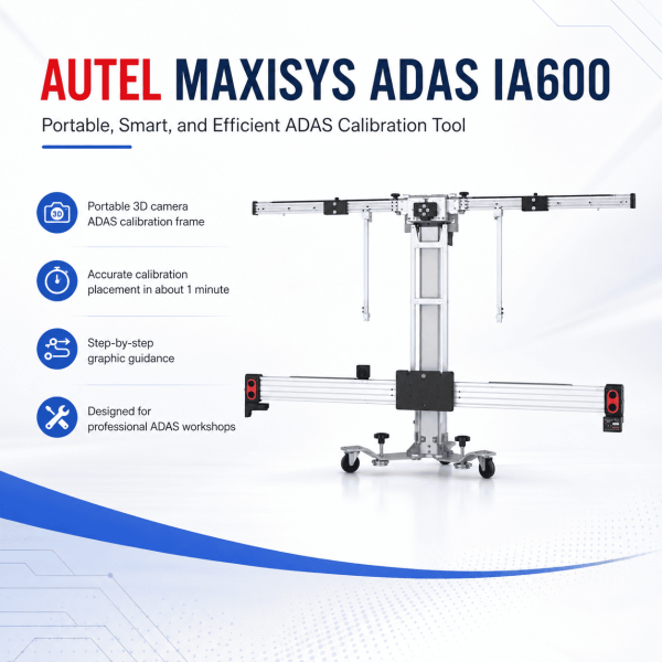 <div class="et_pb_module et_pb_wc_title et_pb_wc_title_0_tb_body product-header et_pb_bg_layout_light">
<h4>The Autel MaxiSYS ADAS IA600 is a portable 3D camera-based ADAS calibration system designed for fast frame positioning and repeatable workshop setup. Its intelligent camera-positioning workflow aligns the frame to the vehicle thrust line and can complete the placement process in approximately one minute under suitable workshop conditions.</h4>
The IA600 uses a foldable, modular calibration frame with adjustable upper and lower crossbeams, helping workshops save space and move the system between bays. Step-by-step graphical guidance supports the technician through positioning and calibration preparation. The system is intended for professional ADAS, collision, wheel-alignment and glass-replacement workshops and works with compatible Autel MaxiSYS ADAS tablets / software. Package contents and calibration targets vary by configuration.
</div>
<div class="et_pb_module et_pb_wc_description et_pb_wc_description_0_tb_body et_pb_bg_layout_light et_pb_text_align_left">
<div class="et_pb_module_inner">
<table>
<thead>
<tr><th>Specification</th><th>MaxiSYS ADAS IA600</th></tr>
</thead>
<tbody>
<tr><td>Product Type</td><td>Portable 3D Camera ADAS Calibration System</td></tr>
<tr><td>Model</td><td>MaxiSYS ADAS IA600</td></tr>
<tr><td>Positioning Method</td><td>3D Camera-Based Vehicle / Frame Positioning</td></tr>
<tr><td>Typical Positioning Time</td><td>Approx. 1 Minute – Conditions Dependent</td></tr>
<tr><td>Vehicle Reference</td><td>Vehicle Thrust Line</td></tr>
<tr><td>Calibration Frame – Folded</td><td>615 × 690 × 1,055 mm</td></tr>
<tr><td>Upper Crossbeam – Unfolded</td><td>1,805 mm</td></tr>
<tr><td>Upper Crossbeam – Folded</td><td>420 mm</td></tr>
<tr><td>Lower Crossbeam Length</td><td>2,767 mm</td></tr>
<tr><td>Calibration Frame Height Range</td><td>1,055–1,755 mm</td></tr>
<tr><td>Upper Crossbeam Height Range</td><td>1,000–1,700 mm</td></tr>
<tr><td>Lower Crossbeam Height Range</td><td>300–950 mm</td></tr>
<tr><td>Camera Assembly Dimensions</td><td>1,210 × 630 × 470 mm</td></tr>
<tr><td>Total Weight</td><td>Approx. 54kg</td></tr>
<tr><td>Operating Temperature</td><td>-10°C to 50°C</td></tr>
<tr><td>Storage Temperature</td><td>-20°C to 60°C</td></tr>
<tr><td>Compatible Platform</td><td>Autel MaxiSYS ADAS Tablet / Software – Package Dependent</td></tr>
<tr><td>Portable / Foldable</td><td>Yes</td></tr>
<tr><td>Software Updates</td><td>2 Years Included – Automax Tools IMEA Package</td></tr>
<tr><td>Warranty</td><td>1 Year Limited Warranty</td></tr>
</tbody>
</table>
&nbsp; <strong>Autel MaxiSYS ADAS IA600 Official / Reference Information</strong>
<a href="https://www.autel.com/" target="_blank" rel="noopener">
View Product Information
</a> <a href="https://automaxtools.me/wp-content/uploads/2026/07/Autel-ia-600-1.png">
<img class="aligncenter" src="https://automaxtools.me/wp-content/uploads/2026/07/Autel-ia-600-1.png" alt="Autel MaxiSYS ADAS IA600 UAE Automax Tools" width="807" height="807" />
</a> </div>
</div>
<h3><span style="color: #d2322a;">
<strong>1 Year Warranty. 2 Year Free Software Updates.</strong>
</span></h3>
<h4 style="color: red;">IP Restriction (works only in India, Middle East and Africa).</h4> <div class="et_pb_module et_pb_wc_title et_pb_wc_title_0_tb_body product-header et_pb_bg_layout_light">
<h4>The Autel MaxiSYS ADAS IA600 is a portable 3D camera-based ADAS calibration system designed for fast frame positioning and repeatable workshop setup. Its intelligent camera-positioning workflow aligns the frame to the vehicle thrust line and can complete the placement process in approximately one minute under suitable workshop conditions.</h4>
The IA600 uses a foldable, modular calibration frame with adjustable upper and lower crossbeams, helping workshops save space and move the system between bays. Step-by-step graphical guidance supports the technician through positioning and calibration preparation. The system is intended for professional ADAS, collision, wheel-alignment and glass-replacement workshops and works with compatible Autel MaxiSYS ADAS tablets / software. Package contents and calibration targets vary by configuration.
</div>
<div class="et_pb_module et_pb_wc_description et_pb_wc_description_0_tb_body et_pb_bg_layout_light et_pb_text_align_left">
<div class="et_pb_module_inner">
<table>
<thead>
<tr><th>Specification</th><th>MaxiSYS ADAS IA600</th></tr>
</thead>
<tbody>
<tr><td>Product Type</td><td>Portable 3D Camera ADAS Calibration System</td></tr>
<tr><td>Model</td><td>MaxiSYS ADAS IA600</td></tr>
<tr><td>Positioning Method</td><td>3D Camera-Based Vehicle / Frame Positioning</td></tr>
<tr><td>Typical Positioning Time</td><td>Approx. 1 Minute – Conditions Dependent</td></tr>
<tr><td>Vehicle Reference</td><td>Vehicle Thrust Line</td></tr>
<tr><td>Calibration Frame – Folded</td><td>615 × 690 × 1,055 mm</td></tr>
<tr><td>Upper Crossbeam – Unfolded</td><td>1,805 mm</td></tr>
<tr><td>Upper Crossbeam – Folded</td><td>420 mm</td></tr>
<tr><td>Lower Crossbeam Length</td><td>2,767 mm</td></tr>
<tr><td>Calibration Frame Height Range</td><td>1,055–1,755 mm</td></tr>
<tr><td>Upper Crossbeam Height Range</td><td>1,000–1,700 mm</td></tr>
<tr><td>Lower Crossbeam Height Range</td><td>300–950 mm</td></tr>
<tr><td>Camera Assembly Dimensions</td><td>1,210 × 630 × 470 mm</td></tr>
<tr><td>Total Weight</td><td>Approx. 54kg</td></tr>
<tr><td>Operating Temperature</td><td>-10°C to 50°C</td></tr>
<tr><td>Storage Temperature</td><td>-20°C to 60°C</td></tr>
<tr><td>Compatible Platform</td><td>Autel MaxiSYS ADAS Tablet / Software – Package Dependent</td></tr>
<tr><td>Portable / Foldable</td><td>Yes</td></tr>
<tr><td>Software Updates</td><td>2 Years Included – Automax Tools IMEA Package</td></tr>
<tr><td>Warranty</td><td>1 Year Limited Warranty</td></tr>
</tbody>
</table>
&nbsp; <strong>Autel MaxiSYS ADAS IA600 Official / Reference Information</strong>
<a href="https://www.autel.com/" target="_blank" rel="noopener">
View Product Information
</a> <a href="https://automaxtools.me/wp-content/uploads/2026/07/Autel-ia-600-1.png">
<img class="aligncenter" src="https://automaxtools.me/wp-content/uploads/2026/07/Autel-ia-600-1.png" alt="Autel MaxiSYS ADAS IA600 UAE Automax Tools" width="807" height="807" />
</a> </div>
</div>
<h3><span style="color: #d2322a;">
<strong>1 Year Warranty. 2 Year Free Software Updates.</strong>
</span></h3>
<h4 style="color: red;">IP Restriction (works only in India, Middle East and Africa).</h4>