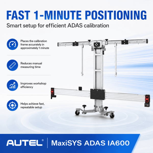 <div class="et_pb_module et_pb_wc_title et_pb_wc_title_0_tb_body product-header et_pb_bg_layout_light">
<h4>The Autel MaxiSYS ADAS IA600 is a portable 3D camera-based ADAS calibration system designed for fast frame positioning and repeatable workshop setup. Its intelligent camera-positioning workflow aligns the frame to the vehicle thrust line and can complete the placement process in approximately one minute under suitable workshop conditions.</h4>
The IA600 uses a foldable, modular calibration frame with adjustable upper and lower crossbeams, helping workshops save space and move the system between bays. Step-by-step graphical guidance supports the technician through positioning and calibration preparation. The system is intended for professional ADAS, collision, wheel-alignment and glass-replacement workshops and works with compatible Autel MaxiSYS ADAS tablets / software. Package contents and calibration targets vary by configuration.
</div>
<div class="et_pb_module et_pb_wc_description et_pb_wc_description_0_tb_body et_pb_bg_layout_light et_pb_text_align_left">
<div class="et_pb_module_inner">
<table>
<thead>
<tr><th>Specification</th><th>MaxiSYS ADAS IA600</th></tr>
</thead>
<tbody>
<tr><td>Product Type</td><td>Portable 3D Camera ADAS Calibration System</td></tr>
<tr><td>Model</td><td>MaxiSYS ADAS IA600</td></tr>
<tr><td>Positioning Method</td><td>3D Camera-Based Vehicle / Frame Positioning</td></tr>
<tr><td>Typical Positioning Time</td><td>Approx. 1 Minute – Conditions Dependent</td></tr>
<tr><td>Vehicle Reference</td><td>Vehicle Thrust Line</td></tr>
<tr><td>Calibration Frame – Folded</td><td>615 × 690 × 1,055 mm</td></tr>
<tr><td>Upper Crossbeam – Unfolded</td><td>1,805 mm</td></tr>
<tr><td>Upper Crossbeam – Folded</td><td>420 mm</td></tr>
<tr><td>Lower Crossbeam Length</td><td>2,767 mm</td></tr>
<tr><td>Calibration Frame Height Range</td><td>1,055–1,755 mm</td></tr>
<tr><td>Upper Crossbeam Height Range</td><td>1,000–1,700 mm</td></tr>
<tr><td>Lower Crossbeam Height Range</td><td>300–950 mm</td></tr>
<tr><td>Camera Assembly Dimensions</td><td>1,210 × 630 × 470 mm</td></tr>
<tr><td>Total Weight</td><td>Approx. 54kg</td></tr>
<tr><td>Operating Temperature</td><td>-10°C to 50°C</td></tr>
<tr><td>Storage Temperature</td><td>-20°C to 60°C</td></tr>
<tr><td>Compatible Platform</td><td>Autel MaxiSYS ADAS Tablet / Software – Package Dependent</td></tr>
<tr><td>Portable / Foldable</td><td>Yes</td></tr>
<tr><td>Software Updates</td><td>2 Years Included – Automax Tools IMEA Package</td></tr>
<tr><td>Warranty</td><td>1 Year Limited Warranty</td></tr>
</tbody>
</table>
&nbsp; <strong>Autel MaxiSYS ADAS IA600 Official / Reference Information</strong>
<a href="https://www.autel.com/" target="_blank" rel="noopener">
View Product Information
</a> <a href="https://automaxtools.me/wp-content/uploads/2026/07/Autel-ia-600-1.png">
<img class="aligncenter" src="https://automaxtools.me/wp-content/uploads/2026/07/Autel-ia-600-1.png" alt="Autel MaxiSYS ADAS IA600 UAE Automax Tools" width="807" height="807" />
</a> </div>
</div>
<h3><span style="color: #d2322a;">
<strong>1 Year Warranty. 2 Year Free Software Updates.</strong>
</span></h3>
<h4 style="color: red;">IP Restriction (works only in India, Middle East and Africa).</h4> <div class="et_pb_module et_pb_wc_title et_pb_wc_title_0_tb_body product-header et_pb_bg_layout_light">
<h4>The Autel MaxiSYS ADAS IA600 is a portable 3D camera-based ADAS calibration system designed for fast frame positioning and repeatable workshop setup. Its intelligent camera-positioning workflow aligns the frame to the vehicle thrust line and can complete the placement process in approximately one minute under suitable workshop conditions.</h4>
The IA600 uses a foldable, modular calibration frame with adjustable upper and lower crossbeams, helping workshops save space and move the system between bays. Step-by-step graphical guidance supports the technician through positioning and calibration preparation. The system is intended for professional ADAS, collision, wheel-alignment and glass-replacement workshops and works with compatible Autel MaxiSYS ADAS tablets / software. Package contents and calibration targets vary by configuration.
</div>
<div class="et_pb_module et_pb_wc_description et_pb_wc_description_0_tb_body et_pb_bg_layout_light et_pb_text_align_left">
<div class="et_pb_module_inner">
<table>
<thead>
<tr><th>Specification</th><th>MaxiSYS ADAS IA600</th></tr>
</thead>
<tbody>
<tr><td>Product Type</td><td>Portable 3D Camera ADAS Calibration System</td></tr>
<tr><td>Model</td><td>MaxiSYS ADAS IA600</td></tr>
<tr><td>Positioning Method</td><td>3D Camera-Based Vehicle / Frame Positioning</td></tr>
<tr><td>Typical Positioning Time</td><td>Approx. 1 Minute – Conditions Dependent</td></tr>
<tr><td>Vehicle Reference</td><td>Vehicle Thrust Line</td></tr>
<tr><td>Calibration Frame – Folded</td><td>615 × 690 × 1,055 mm</td></tr>
<tr><td>Upper Crossbeam – Unfolded</td><td>1,805 mm</td></tr>
<tr><td>Upper Crossbeam – Folded</td><td>420 mm</td></tr>
<tr><td>Lower Crossbeam Length</td><td>2,767 mm</td></tr>
<tr><td>Calibration Frame Height Range</td><td>1,055–1,755 mm</td></tr>
<tr><td>Upper Crossbeam Height Range</td><td>1,000–1,700 mm</td></tr>
<tr><td>Lower Crossbeam Height Range</td><td>300–950 mm</td></tr>
<tr><td>Camera Assembly Dimensions</td><td>1,210 × 630 × 470 mm</td></tr>
<tr><td>Total Weight</td><td>Approx. 54kg</td></tr>
<tr><td>Operating Temperature</td><td>-10°C to 50°C</td></tr>
<tr><td>Storage Temperature</td><td>-20°C to 60°C</td></tr>
<tr><td>Compatible Platform</td><td>Autel MaxiSYS ADAS Tablet / Software – Package Dependent</td></tr>
<tr><td>Portable / Foldable</td><td>Yes</td></tr>
<tr><td>Software Updates</td><td>2 Years Included – Automax Tools IMEA Package</td></tr>
<tr><td>Warranty</td><td>1 Year Limited Warranty</td></tr>
</tbody>
</table>
&nbsp; <strong>Autel MaxiSYS ADAS IA600 Official / Reference Information</strong>
<a href="https://www.autel.com/" target="_blank" rel="noopener">
View Product Information
</a> <a href="https://automaxtools.me/wp-content/uploads/2026/07/Autel-ia-600-1.png">
<img class="aligncenter" src="https://automaxtools.me/wp-content/uploads/2026/07/Autel-ia-600-1.png" alt="Autel MaxiSYS ADAS IA600 UAE Automax Tools" width="807" height="807" />
</a> </div>
</div>
<h3><span style="color: #d2322a;">
<strong>1 Year Warranty. 2 Year Free Software Updates.</strong>
</span></h3>
<h4 style="color: red;">IP Restriction (works only in India, Middle East and Africa).</h4>
