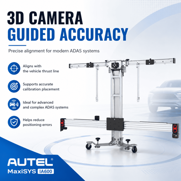 <div class="et_pb_module et_pb_wc_title et_pb_wc_title_0_tb_body product-header et_pb_bg_layout_light">
<h4>The Autel MaxiSYS ADAS IA600 is a portable 3D camera-based ADAS calibration system designed for fast frame positioning and repeatable workshop setup. Its intelligent camera-positioning workflow aligns the frame to the vehicle thrust line and can complete the placement process in approximately one minute under suitable workshop conditions.</h4>
The IA600 uses a foldable, modular calibration frame with adjustable upper and lower crossbeams, helping workshops save space and move the system between bays. Step-by-step graphical guidance supports the technician through positioning and calibration preparation. The system is intended for professional ADAS, collision, wheel-alignment and glass-replacement workshops and works with compatible Autel MaxiSYS ADAS tablets / software. Package contents and calibration targets vary by configuration.
</div>
<div class="et_pb_module et_pb_wc_description et_pb_wc_description_0_tb_body et_pb_bg_layout_light et_pb_text_align_left">
<div class="et_pb_module_inner">
<table>
<thead>
<tr><th>Specification</th><th>MaxiSYS ADAS IA600</th></tr>
</thead>
<tbody>
<tr><td>Product Type</td><td>Portable 3D Camera ADAS Calibration System</td></tr>
<tr><td>Model</td><td>MaxiSYS ADAS IA600</td></tr>
<tr><td>Positioning Method</td><td>3D Camera-Based Vehicle / Frame Positioning</td></tr>
<tr><td>Typical Positioning Time</td><td>Approx. 1 Minute – Conditions Dependent</td></tr>
<tr><td>Vehicle Reference</td><td>Vehicle Thrust Line</td></tr>
<tr><td>Calibration Frame – Folded</td><td>615 × 690 × 1,055 mm</td></tr>
<tr><td>Upper Crossbeam – Unfolded</td><td>1,805 mm</td></tr>
<tr><td>Upper Crossbeam – Folded</td><td>420 mm</td></tr>
<tr><td>Lower Crossbeam Length</td><td>2,767 mm</td></tr>
<tr><td>Calibration Frame Height Range</td><td>1,055–1,755 mm</td></tr>
<tr><td>Upper Crossbeam Height Range</td><td>1,000–1,700 mm</td></tr>
<tr><td>Lower Crossbeam Height Range</td><td>300–950 mm</td></tr>
<tr><td>Camera Assembly Dimensions</td><td>1,210 × 630 × 470 mm</td></tr>
<tr><td>Total Weight</td><td>Approx. 54kg</td></tr>
<tr><td>Operating Temperature</td><td>-10°C to 50°C</td></tr>
<tr><td>Storage Temperature</td><td>-20°C to 60°C</td></tr>
<tr><td>Compatible Platform</td><td>Autel MaxiSYS ADAS Tablet / Software – Package Dependent</td></tr>
<tr><td>Portable / Foldable</td><td>Yes</td></tr>
<tr><td>Software Updates</td><td>2 Years Included – Automax Tools IMEA Package</td></tr>
<tr><td>Warranty</td><td>1 Year Limited Warranty</td></tr>
</tbody>
</table>
&nbsp; <strong>Autel MaxiSYS ADAS IA600 Official / Reference Information</strong>
<a href="https://www.autel.com/" target="_blank" rel="noopener">
View Product Information
</a> <a href="https://automaxtools.me/wp-content/uploads/2026/07/Autel-ia-600-1.png">
<img class="aligncenter" src="https://automaxtools.me/wp-content/uploads/2026/07/Autel-ia-600-1.png" alt="Autel MaxiSYS ADAS IA600 UAE Automax Tools" width="807" height="807" />
</a> </div>
</div>
<h3><span style="color: #d2322a;">
<strong>1 Year Warranty. 2 Year Free Software Updates.</strong>
</span></h3>
<h4 style="color: red;">IP Restriction (works only in India, Middle East and Africa).</h4> <div class="et_pb_module et_pb_wc_title et_pb_wc_title_0_tb_body product-header et_pb_bg_layout_light">
<h4>The Autel MaxiSYS ADAS IA600 is a portable 3D camera-based ADAS calibration system designed for fast frame positioning and repeatable workshop setup. Its intelligent camera-positioning workflow aligns the frame to the vehicle thrust line and can complete the placement process in approximately one minute under suitable workshop conditions.</h4>
The IA600 uses a foldable, modular calibration frame with adjustable upper and lower crossbeams, helping workshops save space and move the system between bays. Step-by-step graphical guidance supports the technician through positioning and calibration preparation. The system is intended for professional ADAS, collision, wheel-alignment and glass-replacement workshops and works with compatible Autel MaxiSYS ADAS tablets / software. Package contents and calibration targets vary by configuration.
</div>
<div class="et_pb_module et_pb_wc_description et_pb_wc_description_0_tb_body et_pb_bg_layout_light et_pb_text_align_left">
<div class="et_pb_module_inner">
<table>
<thead>
<tr><th>Specification</th><th>MaxiSYS ADAS IA600</th></tr>
</thead>
<tbody>
<tr><td>Product Type</td><td>Portable 3D Camera ADAS Calibration System</td></tr>
<tr><td>Model</td><td>MaxiSYS ADAS IA600</td></tr>
<tr><td>Positioning Method</td><td>3D Camera-Based Vehicle / Frame Positioning</td></tr>
<tr><td>Typical Positioning Time</td><td>Approx. 1 Minute – Conditions Dependent</td></tr>
<tr><td>Vehicle Reference</td><td>Vehicle Thrust Line</td></tr>
<tr><td>Calibration Frame – Folded</td><td>615 × 690 × 1,055 mm</td></tr>
<tr><td>Upper Crossbeam – Unfolded</td><td>1,805 mm</td></tr>
<tr><td>Upper Crossbeam – Folded</td><td>420 mm</td></tr>
<tr><td>Lower Crossbeam Length</td><td>2,767 mm</td></tr>
<tr><td>Calibration Frame Height Range</td><td>1,055–1,755 mm</td></tr>
<tr><td>Upper Crossbeam Height Range</td><td>1,000–1,700 mm</td></tr>
<tr><td>Lower Crossbeam Height Range</td><td>300–950 mm</td></tr>
<tr><td>Camera Assembly Dimensions</td><td>1,210 × 630 × 470 mm</td></tr>
<tr><td>Total Weight</td><td>Approx. 54kg</td></tr>
<tr><td>Operating Temperature</td><td>-10°C to 50°C</td></tr>
<tr><td>Storage Temperature</td><td>-20°C to 60°C</td></tr>
<tr><td>Compatible Platform</td><td>Autel MaxiSYS ADAS Tablet / Software – Package Dependent</td></tr>
<tr><td>Portable / Foldable</td><td>Yes</td></tr>
<tr><td>Software Updates</td><td>2 Years Included – Automax Tools IMEA Package</td></tr>
<tr><td>Warranty</td><td>1 Year Limited Warranty</td></tr>
</tbody>
</table>
&nbsp; <strong>Autel MaxiSYS ADAS IA600 Official / Reference Information</strong>
<a href="https://www.autel.com/" target="_blank" rel="noopener">
View Product Information
</a> <a href="https://automaxtools.me/wp-content/uploads/2026/07/Autel-ia-600-1.png">
<img class="aligncenter" src="https://automaxtools.me/wp-content/uploads/2026/07/Autel-ia-600-1.png" alt="Autel MaxiSYS ADAS IA600 UAE Automax Tools" width="807" height="807" />
</a> </div>
</div>
<h3><span style="color: #d2322a;">
<strong>1 Year Warranty. 2 Year Free Software Updates.</strong>
</span></h3>
<h4 style="color: red;">IP Restriction (works only in India, Middle East and Africa).</h4>