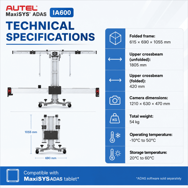 <div class="et_pb_module et_pb_wc_title et_pb_wc_title_0_tb_body product-header et_pb_bg_layout_light">
<h4>The Autel MaxiSYS ADAS IA600 is a portable 3D camera-based ADAS calibration system designed for fast frame positioning and repeatable workshop setup. Its intelligent camera-positioning workflow aligns the frame to the vehicle thrust line and can complete the placement process in approximately one minute under suitable workshop conditions.</h4>
The IA600 uses a foldable, modular calibration frame with adjustable upper and lower crossbeams, helping workshops save space and move the system between bays. Step-by-step graphical guidance supports the technician through positioning and calibration preparation. The system is intended for professional ADAS, collision, wheel-alignment and glass-replacement workshops and works with compatible Autel MaxiSYS ADAS tablets / software. Package contents and calibration targets vary by configuration.
</div>
<div class="et_pb_module et_pb_wc_description et_pb_wc_description_0_tb_body et_pb_bg_layout_light et_pb_text_align_left">
<div class="et_pb_module_inner">
<table>
<thead>
<tr><th>Specification</th><th>MaxiSYS ADAS IA600</th></tr>
</thead>
<tbody>
<tr><td>Product Type</td><td>Portable 3D Camera ADAS Calibration System</td></tr>
<tr><td>Model</td><td>MaxiSYS ADAS IA600</td></tr>
<tr><td>Positioning Method</td><td>3D Camera-Based Vehicle / Frame Positioning</td></tr>
<tr><td>Typical Positioning Time</td><td>Approx. 1 Minute – Conditions Dependent</td></tr>
<tr><td>Vehicle Reference</td><td>Vehicle Thrust Line</td></tr>
<tr><td>Calibration Frame – Folded</td><td>615 × 690 × 1,055 mm</td></tr>
<tr><td>Upper Crossbeam – Unfolded</td><td>1,805 mm</td></tr>
<tr><td>Upper Crossbeam – Folded</td><td>420 mm</td></tr>
<tr><td>Lower Crossbeam Length</td><td>2,767 mm</td></tr>
<tr><td>Calibration Frame Height Range</td><td>1,055–1,755 mm</td></tr>
<tr><td>Upper Crossbeam Height Range</td><td>1,000–1,700 mm</td></tr>
<tr><td>Lower Crossbeam Height Range</td><td>300–950 mm</td></tr>
<tr><td>Camera Assembly Dimensions</td><td>1,210 × 630 × 470 mm</td></tr>
<tr><td>Total Weight</td><td>Approx. 54kg</td></tr>
<tr><td>Operating Temperature</td><td>-10°C to 50°C</td></tr>
<tr><td>Storage Temperature</td><td>-20°C to 60°C</td></tr>
<tr><td>Compatible Platform</td><td>Autel MaxiSYS ADAS Tablet / Software – Package Dependent</td></tr>
<tr><td>Portable / Foldable</td><td>Yes</td></tr>
<tr><td>Software Updates</td><td>2 Years Included – Automax Tools IMEA Package</td></tr>
<tr><td>Warranty</td><td>1 Year Limited Warranty</td></tr>
</tbody>
</table>
&nbsp; <strong>Autel MaxiSYS ADAS IA600 Official / Reference Information</strong>
<a href="https://www.autel.com/" target="_blank" rel="noopener">
View Product Information
</a> <a href="https://automaxtools.me/wp-content/uploads/2026/07/Autel-ia-600-1.png">
<img class="aligncenter" src="https://automaxtools.me/wp-content/uploads/2026/07/Autel-ia-600-1.png" alt="Autel MaxiSYS ADAS IA600 UAE Automax Tools" width="807" height="807" />
</a> </div>
</div>
<h3><span style="color: #d2322a;">
<strong>1 Year Warranty. 2 Year Free Software Updates.</strong>
</span></h3>
<h4 style="color: red;">IP Restriction (works only in India, Middle East and Africa).</h4> <div class="et_pb_module et_pb_wc_title et_pb_wc_title_0_tb_body product-header et_pb_bg_layout_light">
<h4>The Autel MaxiSYS ADAS IA600 is a portable 3D camera-based ADAS calibration system designed for fast frame positioning and repeatable workshop setup. Its intelligent camera-positioning workflow aligns the frame to the vehicle thrust line and can complete the placement process in approximately one minute under suitable workshop conditions.</h4>
The IA600 uses a foldable, modular calibration frame with adjustable upper and lower crossbeams, helping workshops save space and move the system between bays. Step-by-step graphical guidance supports the technician through positioning and calibration preparation. The system is intended for professional ADAS, collision, wheel-alignment and glass-replacement workshops and works with compatible Autel MaxiSYS ADAS tablets / software. Package contents and calibration targets vary by configuration.
</div>
<div class="et_pb_module et_pb_wc_description et_pb_wc_description_0_tb_body et_pb_bg_layout_light et_pb_text_align_left">
<div class="et_pb_module_inner">
<table>
<thead>
<tr><th>Specification</th><th>MaxiSYS ADAS IA600</th></tr>
</thead>
<tbody>
<tr><td>Product Type</td><td>Portable 3D Camera ADAS Calibration System</td></tr>
<tr><td>Model</td><td>MaxiSYS ADAS IA600</td></tr>
<tr><td>Positioning Method</td><td>3D Camera-Based Vehicle / Frame Positioning</td></tr>
<tr><td>Typical Positioning Time</td><td>Approx. 1 Minute – Conditions Dependent</td></tr>
<tr><td>Vehicle Reference</td><td>Vehicle Thrust Line</td></tr>
<tr><td>Calibration Frame – Folded</td><td>615 × 690 × 1,055 mm</td></tr>
<tr><td>Upper Crossbeam – Unfolded</td><td>1,805 mm</td></tr>
<tr><td>Upper Crossbeam – Folded</td><td>420 mm</td></tr>
<tr><td>Lower Crossbeam Length</td><td>2,767 mm</td></tr>
<tr><td>Calibration Frame Height Range</td><td>1,055–1,755 mm</td></tr>
<tr><td>Upper Crossbeam Height Range</td><td>1,000–1,700 mm</td></tr>
<tr><td>Lower Crossbeam Height Range</td><td>300–950 mm</td></tr>
<tr><td>Camera Assembly Dimensions</td><td>1,210 × 630 × 470 mm</td></tr>
<tr><td>Total Weight</td><td>Approx. 54kg</td></tr>
<tr><td>Operating Temperature</td><td>-10°C to 50°C</td></tr>
<tr><td>Storage Temperature</td><td>-20°C to 60°C</td></tr>
<tr><td>Compatible Platform</td><td>Autel MaxiSYS ADAS Tablet / Software – Package Dependent</td></tr>
<tr><td>Portable / Foldable</td><td>Yes</td></tr>
<tr><td>Software Updates</td><td>2 Years Included – Automax Tools IMEA Package</td></tr>
<tr><td>Warranty</td><td>1 Year Limited Warranty</td></tr>
</tbody>
</table>
&nbsp; <strong>Autel MaxiSYS ADAS IA600 Official / Reference Information</strong>
<a href="https://www.autel.com/" target="_blank" rel="noopener">
View Product Information
</a> <a href="https://automaxtools.me/wp-content/uploads/2026/07/Autel-ia-600-1.png">
<img class="aligncenter" src="https://automaxtools.me/wp-content/uploads/2026/07/Autel-ia-600-1.png" alt="Autel MaxiSYS ADAS IA600 UAE Automax Tools" width="807" height="807" />
</a> </div>
</div>
<h3><span style="color: #d2322a;">
<strong>1 Year Warranty. 2 Year Free Software Updates.</strong>
</span></h3>
<h4 style="color: red;">IP Restriction (works only in India, Middle East and Africa).</h4>