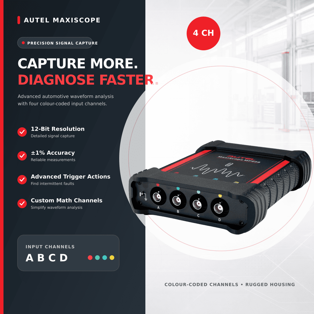 AUTEL MAXISCOPE MP608 4-CHANNEL AUTOMOTIVE OSCILLOSCOPE 2026 | 12-BIT RESOLUTION | ±1% ACCURACY | CAN FD LIN FLEXRAY DECODING 8 Autel MP608 guided automotive oscilloscope tests