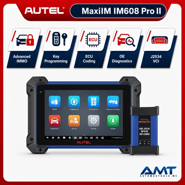 <div class="et_pb_module et_pb_wc_title et_pb_wc_title_0_tb_body product-header et_pb_bg_layout_light">
<h4>The Autel MaxiIM IM608 Pro II is an advanced professional key programming, immobilizer and OE-level diagnostic platform designed for automotive locksmiths, workshops and diagnostic specialists. It combines advanced IMMO functions, full-system diagnostics, ECU coding, bi-directional testing and J2534 pass-thru capability in a powerful 10.1-inch Android tablet.</h4>
The included <strong>XP400 Pro</strong> supports key and transponder programming, EEPROM/MCU work, key learning, remote learning, PIN/CS-related procedures and IMMO ECU functions on supported vehicles. Smart Mode provides guided key-learning workflows, while Expert Mode gives experienced technicians direct access to advanced procedures. Powered by a 2.2GHz Qualcomm octa-core processor with 4GB RAM, 128GB storage and a 15,000mAh battery, the IM608 Pro II also provides <strong>40 commonly used maintenance functions</strong>, active tests, cloud report management and Remote Expert capability where supported.
</div>
<div class="et_pb_module et_pb_wc_description et_pb_wc_description_0_tb_body et_pb_bg_layout_light et_pb_text_align_left">
<div class="et_pb_module_inner">
<table>
<thead><tr><th>Specification</th><th>MaxiIM IM608 Pro II</th></tr></thead>
<tbody>
<tr><td>Product Type</td><td>Professional Key Programming & OE-Level Diagnostic Scanner</td></tr>
<tr><td>Model</td><td>MaxiIM IM608 Pro II</td></tr>
<tr><td>Display</td><td>10.1″ LCD Touchscreen, 1920 × 1200</td></tr>
<tr><td>Operating System</td><td>Android 10</td></tr>
<tr><td>Processor</td><td>Qualcomm SDM660 Octa-Core, 2.2GHz</td></tr>
<tr><td>Memory</td><td>4GB RAM + 128GB Storage</td></tr>
<tr><td>Battery</td><td>15,000mAh</td></tr>
<tr><td>Camera</td><td>16MP</td></tr>
<tr><td>Key Programmer</td><td>XP400 Pro</td></tr>
<tr><td>VCI</td><td>MaxiFlash JVCI+</td></tr>
<tr><td>Key / IMMO Programming</td><td>Advanced – Vehicle Dependent</td></tr>
<tr><td>Smart Mode / Expert Mode</td><td>Supported</td></tr>
<tr><td>EEPROM / MCU Read & Write</td><td>Supported with XP400 Pro / applicable accessories</td></tr>
<tr><td>All-System Diagnostics</td><td>OE-Level</td></tr>
<tr><td>Bi-Directional Control</td><td>Yes – Active Tests</td></tr>
<tr><td>ECU Coding</td><td>Supported – Vehicle Dependent</td></tr>
<tr><td>J2534 Pass-Thru</td><td>Supported through MaxiFlash JVCI+</td></tr>
<tr><td>Service Functions</td><td>40 Common Maintenance / Reset Functions</td></tr>
<tr><td>Remote Expert</td><td>Supported – Region Dependent</td></tr>
<tr><td>Vehicle Coverage</td><td>US, Asian & European Vehicles</td></tr>
<tr><td>Software Updates</td><td>2 Years Included</td></tr>
<tr><td>Warranty</td><td>1 Year Limited Warranty</td></tr>
</tbody>
</table>
&nbsp; <strong>Autel MaxiIM IM608 Pro II Official Information</strong>
<a href="https://www.autel.com/immotool1/4026.jhtml" target="_blank" rel="noopener">
View Official Autel MaxiIM IM608 Pro II Product Page
</a> <a href="https://automaxtools.me/wp-content/uploads/2020/09/im-608-pro-II.png">
<img class="aligncenter" src="https://automaxtools.me/wp-content/uploads/2020/09/im-608-pro-II.png" alt="Autel MaxiIM IM608 Pro II professional automotive tool UAE" width="807" height="807" />
</a> </div>
</div>
<h3><span style="color: #d2322a;">
<strong>1 Year Warranty. 2 Year Free Software Updates.</strong>
</span></h3>
<h4 style="color: red;">IP Restriction (works only in India, Middle East and Africa).</h4> <div class="et_pb_module et_pb_wc_title et_pb_wc_title_0_tb_body product-header et_pb_bg_layout_light">
<h4>The Autel MaxiIM IM608 Pro II is an advanced professional key programming, immobilizer and OE-level diagnostic platform designed for automotive locksmiths, workshops and diagnostic specialists. It combines advanced IMMO functions, full-system diagnostics, ECU coding, bi-directional testing and J2534 pass-thru capability in a powerful 10.1-inch Android tablet.</h4>
The included <strong>XP400 Pro</strong> supports key and transponder programming, EEPROM/MCU work, key learning, remote learning, PIN/CS-related procedures and IMMO ECU functions on supported vehicles. Smart Mode provides guided key-learning workflows, while Expert Mode gives experienced technicians direct access to advanced procedures. Powered by a 2.2GHz Qualcomm octa-core processor with 4GB RAM, 128GB storage and a 15,000mAh battery, the IM608 Pro II also provides <strong>40 commonly used maintenance functions</strong>, active tests, cloud report management and Remote Expert capability where supported.
</div>
<div class="et_pb_module et_pb_wc_description et_pb_wc_description_0_tb_body et_pb_bg_layout_light et_pb_text_align_left">
<div class="et_pb_module_inner">
<table>
<thead><tr><th>Specification</th><th>MaxiIM IM608 Pro II</th></tr></thead>
<tbody>
<tr><td>Product Type</td><td>Professional Key Programming & OE-Level Diagnostic Scanner</td></tr>
<tr><td>Model</td><td>MaxiIM IM608 Pro II</td></tr>
<tr><td>Display</td><td>10.1″ LCD Touchscreen, 1920 × 1200</td></tr>
<tr><td>Operating System</td><td>Android 10</td></tr>
<tr><td>Processor</td><td>Qualcomm SDM660 Octa-Core, 2.2GHz</td></tr>
<tr><td>Memory</td><td>4GB RAM + 128GB Storage</td></tr>
<tr><td>Battery</td><td>15,000mAh</td></tr>
<tr><td>Camera</td><td>16MP</td></tr>
<tr><td>Key Programmer</td><td>XP400 Pro</td></tr>
<tr><td>VCI</td><td>MaxiFlash JVCI+</td></tr>
<tr><td>Key / IMMO Programming</td><td>Advanced – Vehicle Dependent</td></tr>
<tr><td>Smart Mode / Expert Mode</td><td>Supported</td></tr>
<tr><td>EEPROM / MCU Read & Write</td><td>Supported with XP400 Pro / applicable accessories</td></tr>
<tr><td>All-System Diagnostics</td><td>OE-Level</td></tr>
<tr><td>Bi-Directional Control</td><td>Yes – Active Tests</td></tr>
<tr><td>ECU Coding</td><td>Supported – Vehicle Dependent</td></tr>
<tr><td>J2534 Pass-Thru</td><td>Supported through MaxiFlash JVCI+</td></tr>
<tr><td>Service Functions</td><td>40 Common Maintenance / Reset Functions</td></tr>
<tr><td>Remote Expert</td><td>Supported – Region Dependent</td></tr>
<tr><td>Vehicle Coverage</td><td>US, Asian & European Vehicles</td></tr>
<tr><td>Software Updates</td><td>2 Years Included</td></tr>
<tr><td>Warranty</td><td>1 Year Limited Warranty</td></tr>
</tbody>
</table>
&nbsp; <strong>Autel MaxiIM IM608 Pro II Official Information</strong>
<a href="https://www.autel.com/immotool1/4026.jhtml" target="_blank" rel="noopener">
View Official Autel MaxiIM IM608 Pro II Product Page
</a> <a href="https://automaxtools.me/wp-content/uploads/2020/09/im-608-pro-II.png">
<img class="aligncenter" src="https://automaxtools.me/wp-content/uploads/2020/09/im-608-pro-II.png" alt="Autel MaxiIM IM608 Pro II professional automotive tool UAE" width="807" height="807" />
</a> </div>
</div>
<h3><span style="color: #d2322a;">
<strong>1 Year Warranty. 2 Year Free Software Updates.</strong>
</span></h3>
<h4 style="color: red;">IP Restriction (works only in India, Middle East and Africa).</h4>