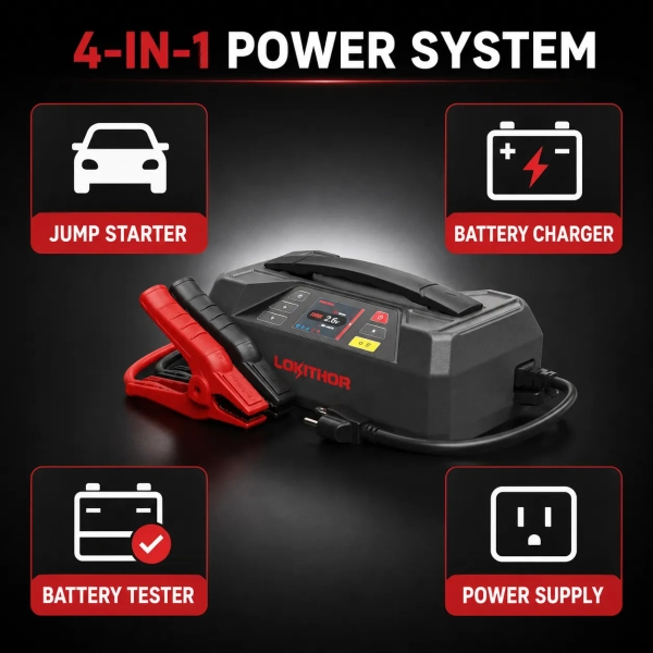 <h3>LOKITHOR - JTC4250 - 4250A LiFePO4 Jump Starter, Battery Charger & Tester</h3><p>The <strong>LOKITHOR JTC4250</strong> is a professional four-in-one automotive power system combining a 12 V jump starter, 6 V/12 V battery charger, 12 V battery tester, and portable power supply. Its 89.6 Wh LiFePO4 battery delivers 3000 A starting current and up to 4250 A peak current for compatible gasoline engines up to 10.0 litres and diesel engines up to 8.0 litres.</p><p><strong>Product highlights:</strong> 7000 mAh LiFePO4 battery; ConnectMax intelligent clamp-contact detection; 6 V/12 V charging up to 6 A; battery, cranking, and charging-system testing; Bluetooth app viewing; IP65 protection with ports closed; USB-A and USB-C power; 300-lumen LED light; and more than 2000 battery cycles under suitable operating conditions.</p><h3>Technical Specifications</h3><table><thead><tr><th>Specification</th><th>Details</th></tr></thead><tbody><tr><td><strong>Brand</strong></td><td>LOKITHOR</td></tr><tr><td><strong>Model</strong></td><td>JTC4250</td></tr><tr><td><strong>Starting Voltage</strong></td><td>12 V</td></tr><tr><td><strong>Starting Current</strong></td><td>3000 A</td></tr><tr><td><strong>Peak Current</strong></td><td>4250 A</td></tr><tr><td><strong>Engine Rating</strong></td><td>Up to 10.0 L gasoline / 8.0 L diesel</td></tr><tr><td><strong>Internal Battery</strong></td><td>7000 mAh / 89.6 Wh LiFePO4</td></tr><tr><td><strong>Battery Charger</strong></td><td>6 V/12 V, up to 6 A and 90 W</td></tr><tr><td><strong>Battery Tester</strong></td><td>12 V battery, cranking and charging-system testing</td></tr><tr><td><strong>Protection Rating</strong></td><td>IP65 with ports closed</td></tr></tbody></table> <h3>LOKITHOR - JTC4250 - 4250A LiFePO4 Jump Starter, Battery Charger & Tester</h3><p>The <strong>LOKITHOR JTC4250</strong> is a professional four-in-one automotive power system combining a 12 V jump starter, 6 V/12 V battery charger, 12 V battery tester, and portable power supply. Its 89.6 Wh LiFePO4 battery delivers 3000 A starting current and up to 4250 A peak current for compatible gasoline engines up to 10.0 litres and diesel engines up to 8.0 litres.</p><p><strong>Product highlights:</strong> 7000 mAh LiFePO4 battery; ConnectMax intelligent clamp-contact detection; 6 V/12 V charging up to 6 A; battery, cranking, and charging-system testing; Bluetooth app viewing; IP65 protection with ports closed; USB-A and USB-C power; 300-lumen LED light; and more than 2000 battery cycles under suitable operating conditions.</p><h3>Technical Specifications</h3><table><thead><tr><th>Specification</th><th>Details</th></tr></thead><tbody><tr><td><strong>Brand</strong></td><td>LOKITHOR</td></tr><tr><td><strong>Model</strong></td><td>JTC4250</td></tr><tr><td><strong>Starting Voltage</strong></td><td>12 V</td></tr><tr><td><strong>Starting Current</strong></td><td>3000 A</td></tr><tr><td><strong>Peak Current</strong></td><td>4250 A</td></tr><tr><td><strong>Engine Rating</strong></td><td>Up to 10.0 L gasoline / 8.0 L diesel</td></tr><tr><td><strong>Internal Battery</strong></td><td>7000 mAh / 89.6 Wh LiFePO4</td></tr><tr><td><strong>Battery Charger</strong></td><td>6 V/12 V, up to 6 A and 90 W</td></tr><tr><td><strong>Battery Tester</strong></td><td>12 V battery, cranking and charging-system testing</td></tr><tr><td><strong>Protection Rating</strong></td><td>IP65 with ports closed</td></tr></tbody></table>