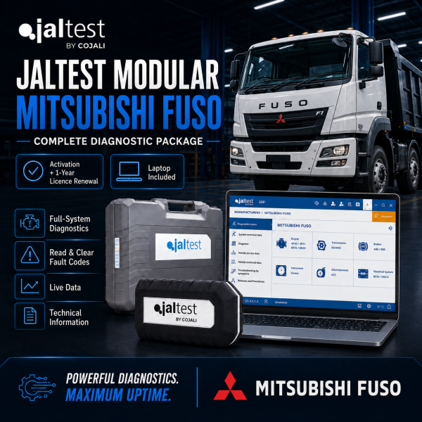 <h3>Jaltest Mitsubishi Fuso Commercial Vehicle Diagnostic Package</h3> <ul> <li><strong>Complete package:</strong> Jaltest Link Kit + laptop + brand licence + 1-year renewal</li> <li><strong>Brand coverage:</strong> Jaltest Modular diagnostics for supported Mitsubishi Fuso commercial vehicles</li> <li><strong>Diagnostics:</strong> Fault codes, live data, ECU identification and system scans</li> <li><strong>Advanced functions:</strong> Actuation tests, calibrations, adaptations and service functions where supported</li> <li><strong>Professional use:</strong> Designed for commercial vehicle workshops and fleet service</li> </ul> <strong>Important:</strong> Functions depend on vehicle model, year, ECU and Jaltest coverage. Jaltest INFO is optional and available at additional cost. <h3>Jaltest Mitsubishi Fuso Commercial Vehicle Diagnostic Package</h3> <ul> <li><strong>Complete package:</strong> Jaltest Link Kit + laptop + brand licence + 1-year renewal</li> <li><strong>Brand coverage:</strong> Jaltest Modular diagnostics for supported Mitsubishi Fuso commercial vehicles</li> <li><strong>Diagnostics:</strong> Fault codes, live data, ECU identification and system scans</li> <li><strong>Advanced functions:</strong> Actuation tests, calibrations, adaptations and service functions where supported</li> <li><strong>Professional use:</strong> Designed for commercial vehicle workshops and fleet service</li> </ul> <strong>Important:</strong> Functions depend on vehicle model, year, ECU and Jaltest coverage. Jaltest INFO is optional and available at additional cost.