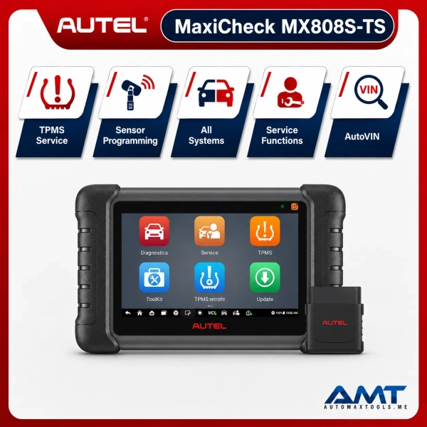 <div class="et_pb_module et_pb_wc_title et_pb_wc_title_0_tb_body product-header et_pb_bg_layout_light">
<h4>The Autel MaxiCheck MX808S-TS is a professional 7-inch diagnostic and TPMS service tablet combining full-system diagnostics, bi-directional active tests and complete TPMS functions. It is designed for general workshops and tire centers that need one compact wireless tool for vehicle diagnostics, maintenance and sensor programming.</h4>
The MX808S-TS can read and erase DTCs from available systems, display live data, perform active tests, use AutoVIN and complete common service functions such as Oil Reset, EPB, SAS, BMS and DPF procedures on supported vehicles. Its TPMS functions include complete TPMS health checks, activation of known sensors, Autel MX-Sensor programming, broad OBD relearn coverage and on-screen vehicle-specific relearn instructions. The Android 11 tablet uses a 1.8GHz quad-core processor, 4GB RAM, 64GB storage and a 5,000mAh battery.
</div>
<div class="et_pb_module et_pb_wc_description et_pb_wc_description_0_tb_body et_pb_bg_layout_light et_pb_text_align_left">
<div class="et_pb_module_inner">
<table>
<thead>
<tr><th>Specification</th><th>MaxiCheck MX808S-TS</th></tr>
</thead>
<tbody>
<tr><td>Product Type</td><td>All-System Diagnostic & Advanced TPMS Tablet</td></tr>
<tr><td>Model</td><td>MaxiCheck MX808S-TS</td></tr>
<tr><td>Display</td><td>7″ LCD Touchscreen, 1024 × 600</td></tr>
<tr><td>Operating System</td><td>Android 11</td></tr>
<tr><td>Processor</td><td>Cortex-A55 Quad-Core, 1.8GHz</td></tr>
<tr><td>Memory</td><td>4GB RAM + 64GB Storage</td></tr>
<tr><td>Battery</td><td>5,000mAh</td></tr>
<tr><td>Vehicle Communication</td><td>Wireless Bluetooth VCI</td></tr>
<tr><td>All-System Diagnostics</td><td>Supported</td></tr>
<tr><td>Bi-Directional Control</td><td>Yes – Active Tests</td></tr>
<tr><td>AutoVIN</td><td>Supported</td></tr>
<tr><td>Service Functions</td><td>Oil, EPB, SAS, BMS, DPF & Additional Supported Functions</td></tr>
<tr><td>Advanced TPMS Diagnostics</td><td>Supported</td></tr>
<tr><td>Sensor Activation</td><td>Known TPMS Sensors</td></tr>
<tr><td>MX-Sensor Programming</td><td>Supported</td></tr>
<tr><td>OBD Relearn</td><td>Comprehensive Coverage on Supported Vehicles</td></tr>
<tr><td>On-Screen Relearn</td><td>Supported</td></tr>
<tr><td>Videoscope</td><td>Compatible</td></tr>
<tr><td>Software Updates</td><td>2 Years Included – Automax Tools IMEA Package</td></tr>
<tr><td>Warranty</td><td>1 Year Limited Warranty</td></tr>
</tbody>
</table>
&nbsp; <strong>Autel MaxiCheck MX808S-TS Official Information</strong>
<a href="https://www.autel.com/mk2/4080.jhtml" target="_blank" rel="noopener">
View Official / Reference Information for Autel MaxiCheck MX808S-TS
</a> <a href="https://automaxtools.me/wp-content/uploads/2021/05/MX808S-TS.png">
<img class="aligncenter" src="https://automaxtools.me/wp-content/uploads/2021/05/MX808S-TS.png" alt="Autel MaxiCheck MX808S-TS UAE Automax Tools" width="807" height="807" />
</a> </div>
</div>
<h3><span style="color: #d2322a;">
<strong>1 Year Warranty. 2 Year Free Software Updates.</strong>
</span></h3>
<h4 style="color: red;">IP Restriction (works only in India, Middle East and Africa).</h4> <div class="et_pb_module et_pb_wc_title et_pb_wc_title_0_tb_body product-header et_pb_bg_layout_light">
<h4>The Autel MaxiCheck MX808S-TS is a professional 7-inch diagnostic and TPMS service tablet combining full-system diagnostics, bi-directional active tests and complete TPMS functions. It is designed for general workshops and tire centers that need one compact wireless tool for vehicle diagnostics, maintenance and sensor programming.</h4>
The MX808S-TS can read and erase DTCs from available systems, display live data, perform active tests, use AutoVIN and complete common service functions such as Oil Reset, EPB, SAS, BMS and DPF procedures on supported vehicles. Its TPMS functions include complete TPMS health checks, activation of known sensors, Autel MX-Sensor programming, broad OBD relearn coverage and on-screen vehicle-specific relearn instructions. The Android 11 tablet uses a 1.8GHz quad-core processor, 4GB RAM, 64GB storage and a 5,000mAh battery.
</div>
<div class="et_pb_module et_pb_wc_description et_pb_wc_description_0_tb_body et_pb_bg_layout_light et_pb_text_align_left">
<div class="et_pb_module_inner">
<table>
<thead>
<tr><th>Specification</th><th>MaxiCheck MX808S-TS</th></tr>
</thead>
<tbody>
<tr><td>Product Type</td><td>All-System Diagnostic & Advanced TPMS Tablet</td></tr>
<tr><td>Model</td><td>MaxiCheck MX808S-TS</td></tr>
<tr><td>Display</td><td>7″ LCD Touchscreen, 1024 × 600</td></tr>
<tr><td>Operating System</td><td>Android 11</td></tr>
<tr><td>Processor</td><td>Cortex-A55 Quad-Core, 1.8GHz</td></tr>
<tr><td>Memory</td><td>4GB RAM + 64GB Storage</td></tr>
<tr><td>Battery</td><td>5,000mAh</td></tr>
<tr><td>Vehicle Communication</td><td>Wireless Bluetooth VCI</td></tr>
<tr><td>All-System Diagnostics</td><td>Supported</td></tr>
<tr><td>Bi-Directional Control</td><td>Yes – Active Tests</td></tr>
<tr><td>AutoVIN</td><td>Supported</td></tr>
<tr><td>Service Functions</td><td>Oil, EPB, SAS, BMS, DPF & Additional Supported Functions</td></tr>
<tr><td>Advanced TPMS Diagnostics</td><td>Supported</td></tr>
<tr><td>Sensor Activation</td><td>Known TPMS Sensors</td></tr>
<tr><td>MX-Sensor Programming</td><td>Supported</td></tr>
<tr><td>OBD Relearn</td><td>Comprehensive Coverage on Supported Vehicles</td></tr>
<tr><td>On-Screen Relearn</td><td>Supported</td></tr>
<tr><td>Videoscope</td><td>Compatible</td></tr>
<tr><td>Software Updates</td><td>2 Years Included – Automax Tools IMEA Package</td></tr>
<tr><td>Warranty</td><td>1 Year Limited Warranty</td></tr>
</tbody>
</table>
&nbsp; <strong>Autel MaxiCheck MX808S-TS Official Information</strong>
<a href="https://www.autel.com/mk2/4080.jhtml" target="_blank" rel="noopener">
View Official / Reference Information for Autel MaxiCheck MX808S-TS
</a> <a href="https://automaxtools.me/wp-content/uploads/2021/05/MX808S-TS.png">
<img class="aligncenter" src="https://automaxtools.me/wp-content/uploads/2021/05/MX808S-TS.png" alt="Autel MaxiCheck MX808S-TS UAE Automax Tools" width="807" height="807" />
</a> </div>
</div>
<h3><span style="color: #d2322a;">
<strong>1 Year Warranty. 2 Year Free Software Updates.</strong>
</span></h3>
<h4 style="color: red;">IP Restriction (works only in India, Middle East and Africa).</h4>