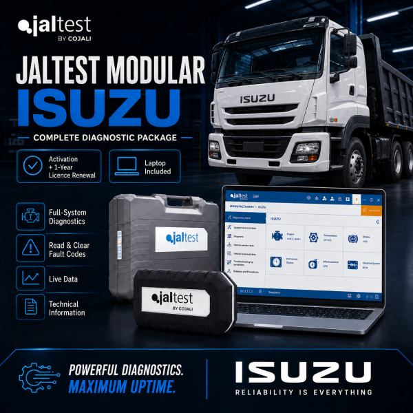 <h3>Jaltest Isuzu Commercial Vehicle Diagnostic Package</h3><ul><li><strong>Complete package:</strong> Jaltest Link Kit + laptop + brand licence + 1-year renewal</li><li><strong>Brand coverage:</strong> Jaltest Modular diagnostics for supported Isuzu commercial vehicles</li><li><strong>Diagnostics:</strong> Fault codes, live data, ECU identification and system scans</li><li><strong>Advanced functions:</strong> Actuation tests, calibrations, adaptations and service functions where supported</li><li><strong>Professional use:</strong> Designed for commercial vehicle workshops and fleet service</li></ul><p><strong>Important:</strong> Functions depend on vehicle model, year, ECU and Jaltest coverage. Jaltest INFO is optional and available at additional cost.</p> <h3>Jaltest Isuzu Commercial Vehicle Diagnostic Package</h3><ul><li><strong>Complete package:</strong> Jaltest Link Kit + laptop + brand licence + 1-year renewal</li><li><strong>Brand coverage:</strong> Jaltest Modular diagnostics for supported Isuzu commercial vehicles</li><li><strong>Diagnostics:</strong> Fault codes, live data, ECU identification and system scans</li><li><strong>Advanced functions:</strong> Actuation tests, calibrations, adaptations and service functions where supported</li><li><strong>Professional use:</strong> Designed for commercial vehicle workshops and fleet service</li></ul><p><strong>Important:</strong> Functions depend on vehicle model, year, ECU and Jaltest coverage. Jaltest INFO is optional and available at additional cost.</p>