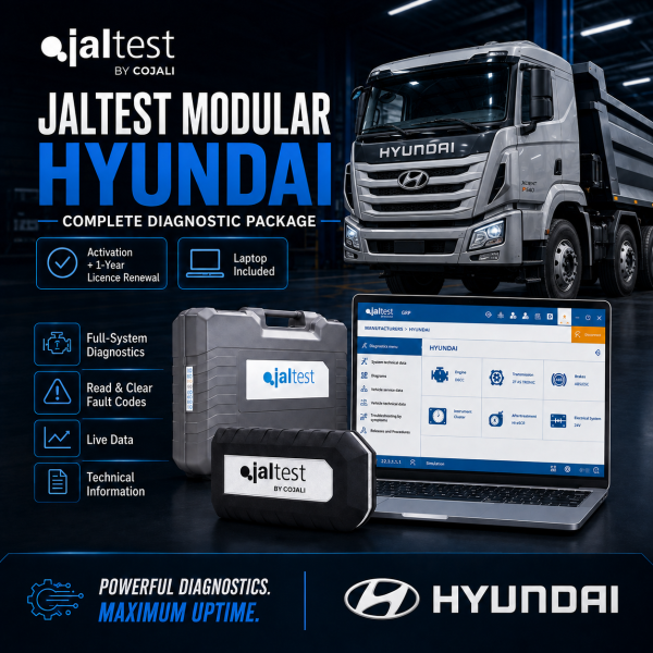 <h3>Jaltest Hyundai Commercial Vehicle Diagnostic Package</h3><ul><li><strong>Complete package:</strong> Jaltest Link Kit + laptop + brand licence + 1-year renewal</li><li><strong>Brand coverage:</strong> Jaltest Modular diagnostics for supported Hyundai commercial vehicles</li><li><strong>Diagnostics:</strong> Fault codes, live data, ECU identification and system scans</li><li><strong>Advanced functions:</strong> Actuation tests, calibrations, adaptations and service functions where supported</li><li><strong>Professional use:</strong> Designed for commercial vehicle workshops and fleet service</li></ul><p><strong>Important:</strong> Functions depend on vehicle model, year, ECU and Jaltest coverage. Jaltest INFO is optional and available at additional cost.</p> <h3>Jaltest Hyundai Commercial Vehicle Diagnostic Package</h3><ul><li><strong>Complete package:</strong> Jaltest Link Kit + laptop + brand licence + 1-year renewal</li><li><strong>Brand coverage:</strong> Jaltest Modular diagnostics for supported Hyundai commercial vehicles</li><li><strong>Diagnostics:</strong> Fault codes, live data, ECU identification and system scans</li><li><strong>Advanced functions:</strong> Actuation tests, calibrations, adaptations and service functions where supported</li><li><strong>Professional use:</strong> Designed for commercial vehicle workshops and fleet service</li></ul><p><strong>Important:</strong> Functions depend on vehicle model, year, ECU and Jaltest coverage. Jaltest INFO is optional and available at additional cost.</p>
