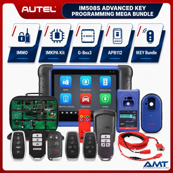 <div class="et_pb_module et_pb_wc_title et_pb_wc_title_0_tb_body product-header et_pb_bg_layout_light">
<h4>The Autel IM508S Advanced Key Programming Mega Bundle is a professional all-in-one locksmith package built around the 7-inch Android 11 IM508S. It combines guided and expert key learning, all-system diagnostics and a large accessory package for advanced immobilizer, EEPROM and universal-key work.</h4>
The Automax bundle includes the IMKPA kit, G-Box3, APB112 Smart Key Simulator, Toyota 8A Blade AKL Kit, five Autel IKEY smart remotes and the additional All-in-One Key Programmer supplied with this listing. The IM508S itself includes the XP200 programmer. For the broadest EEPROM / MCU and advanced module work, compatible XP400 Pro / IMKPA workflows may be required depending on the procedure.
</div>
<div class="et_pb_module et_pb_wc_description et_pb_wc_description_0_tb_body et_pb_bg_layout_light et_pb_text_align_left">
<div class="et_pb_module_inner">
<table>
<thead>
<tr><th>Specification</th><th>IM508S Advanced Key Programming Mega Bundle</th></tr>
</thead>
<tbody>
<tr><td>Product Type</td><td>Advanced IMMO / Key Programming Mega Bundle</td></tr>
<tr><td>Main Device</td><td>MaxiIM IM508S</td></tr>
<tr><td>Display</td><td>7″, 1024 × 600</td></tr>
<tr><td>Operating System</td><td>Android 11</td></tr>
<tr><td>Processor</td><td>Quad-Core 1.8GHz</td></tr>
<tr><td>Memory</td><td>4GB RAM + 64GB Storage</td></tr>
<tr><td>Battery</td><td>5,000mAh</td></tr>
<tr><td>Standard Programmer</td><td>XP200</td></tr>
<tr><td>Adapter Kit</td><td>IMKPA</td></tr>
<tr><td>Advanced AKL Adapter</td><td>G-Box3</td></tr>
<tr><td>Smart Key Simulator</td><td>APB112</td></tr>
<tr><td>Toyota Kit</td><td>Toyota 8A Blade AKL Kit</td></tr>
<tr><td>Universal Keys</td><td>5 × IKEY – AT004AL, HD004AL, CL004AL, AT005AL, HD004BL</td></tr>
<tr><td>Extra Bundle Tool</td><td>Autel All-in-One Key Programmer – As Supplied</td></tr>
<tr><td>Diagnostics</td><td>All-System Diagnostics</td></tr>
<tr><td>Active Tests</td><td>Supported</td></tr>
<tr><td>Service Functions</td><td>40+</td></tr>
<tr><td>Software Updates</td><td>2 Years Included – Automax Tools IMEA Package</td></tr>
<tr><td>Warranty</td><td>1 Year Limited Warranty</td></tr>
</tbody>
</table>
&nbsp; <strong>Autel IM508S Advanced Key Programming Mega Bundle Official / Reference Information</strong>
<a href="https://www.autel.com/immotool1/4025.jhtml" target="_blank" rel="noopener">
View Product Information
</a> <a href="https://automaxtools.me/wp-content/uploads/2025/11/im508s.webp">
<img class="aligncenter" src="https://automaxtools.me/wp-content/uploads/2025/11/im508s.webp" alt="Autel IM508S Advanced Key Programming Mega Bundle UAE Automax Tools" width="807" height="807" />
</a> </div>
</div>
<h3><span style="color: #d2322a;">
<strong>1 Year Warranty. 2 Year Free Software Updates.</strong>
</span></h3>
<h4 style="color: red;">IP Restriction (works only in India, Middle East and Africa).</h4> <div class="et_pb_module et_pb_wc_title et_pb_wc_title_0_tb_body product-header et_pb_bg_layout_light">
<h4>The Autel IM508S Advanced Key Programming Mega Bundle is a professional all-in-one locksmith package built around the 7-inch Android 11 IM508S. It combines guided and expert key learning, all-system diagnostics and a large accessory package for advanced immobilizer, EEPROM and universal-key work.</h4>
The Automax bundle includes the IMKPA kit, G-Box3, APB112 Smart Key Simulator, Toyota 8A Blade AKL Kit, five Autel IKEY smart remotes and the additional All-in-One Key Programmer supplied with this listing. The IM508S itself includes the XP200 programmer. For the broadest EEPROM / MCU and advanced module work, compatible XP400 Pro / IMKPA workflows may be required depending on the procedure.
</div>
<div class="et_pb_module et_pb_wc_description et_pb_wc_description_0_tb_body et_pb_bg_layout_light et_pb_text_align_left">
<div class="et_pb_module_inner">
<table>
<thead>
<tr><th>Specification</th><th>IM508S Advanced Key Programming Mega Bundle</th></tr>
</thead>
<tbody>
<tr><td>Product Type</td><td>Advanced IMMO / Key Programming Mega Bundle</td></tr>
<tr><td>Main Device</td><td>MaxiIM IM508S</td></tr>
<tr><td>Display</td><td>7″, 1024 × 600</td></tr>
<tr><td>Operating System</td><td>Android 11</td></tr>
<tr><td>Processor</td><td>Quad-Core 1.8GHz</td></tr>
<tr><td>Memory</td><td>4GB RAM + 64GB Storage</td></tr>
<tr><td>Battery</td><td>5,000mAh</td></tr>
<tr><td>Standard Programmer</td><td>XP200</td></tr>
<tr><td>Adapter Kit</td><td>IMKPA</td></tr>
<tr><td>Advanced AKL Adapter</td><td>G-Box3</td></tr>
<tr><td>Smart Key Simulator</td><td>APB112</td></tr>
<tr><td>Toyota Kit</td><td>Toyota 8A Blade AKL Kit</td></tr>
<tr><td>Universal Keys</td><td>5 × IKEY – AT004AL, HD004AL, CL004AL, AT005AL, HD004BL</td></tr>
<tr><td>Extra Bundle Tool</td><td>Autel All-in-One Key Programmer – As Supplied</td></tr>
<tr><td>Diagnostics</td><td>All-System Diagnostics</td></tr>
<tr><td>Active Tests</td><td>Supported</td></tr>
<tr><td>Service Functions</td><td>40+</td></tr>
<tr><td>Software Updates</td><td>2 Years Included – Automax Tools IMEA Package</td></tr>
<tr><td>Warranty</td><td>1 Year Limited Warranty</td></tr>
</tbody>
</table>
&nbsp; <strong>Autel IM508S Advanced Key Programming Mega Bundle Official / Reference Information</strong>
<a href="https://www.autel.com/immotool1/4025.jhtml" target="_blank" rel="noopener">
View Product Information
</a> <a href="https://automaxtools.me/wp-content/uploads/2025/11/im508s.webp">
<img class="aligncenter" src="https://automaxtools.me/wp-content/uploads/2025/11/im508s.webp" alt="Autel IM508S Advanced Key Programming Mega Bundle UAE Automax Tools" width="807" height="807" />
</a> </div>
</div>
<h3><span style="color: #d2322a;">
<strong>1 Year Warranty. 2 Year Free Software Updates.</strong>
</span></h3>
<h4 style="color: red;">IP Restriction (works only in India, Middle East and Africa).</h4>