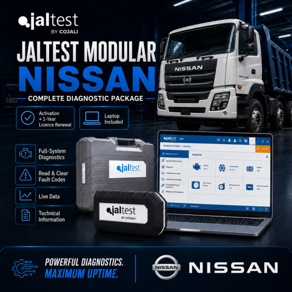 <h3>Jaltest Nissan Commercial Vehicle Diagnostic Package</h3><ul><li><strong>Complete package:</strong> Jaltest Link Kit + laptop + brand licence + 1-year renewal</li><li><strong>Brand coverage:</strong> Jaltest Modular diagnostics for supported Nissan commercial vehicles</li><li><strong>Diagnostics:</strong> Fault codes, live data, ECU identification and system scans</li><li><strong>Advanced functions:</strong> Actuation tests, calibrations, adaptations and service functions where supported</li><li><strong>Professional use:</strong> Designed for commercial vehicle workshops and fleet service</li></ul><p><strong>Important:</strong> Functions depend on vehicle model, year, ECU and Jaltest coverage. Jaltest INFO is optional and available at additional cost.</p> <h3>Jaltest Nissan Commercial Vehicle Diagnostic Package</h3><ul><li><strong>Complete package:</strong> Jaltest Link Kit + laptop + brand licence + 1-year renewal</li><li><strong>Brand coverage:</strong> Jaltest Modular diagnostics for supported Nissan commercial vehicles</li><li><strong>Diagnostics:</strong> Fault codes, live data, ECU identification and system scans</li><li><strong>Advanced functions:</strong> Actuation tests, calibrations, adaptations and service functions where supported</li><li><strong>Professional use:</strong> Designed for commercial vehicle workshops and fleet service</li></ul><p><strong>Important:</strong> Functions depend on vehicle model, year, ECU and Jaltest coverage. Jaltest INFO is optional and available at additional cost.</p>