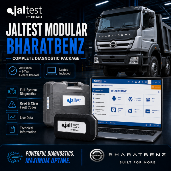 <h3>Jaltest BharatBenz Commercial Vehicle Diagnostic Package</h3><ul><li><strong>Complete package:</strong> Jaltest Link Kit + laptop + brand licence + 1-year renewal</li><li><strong>Brand coverage:</strong> Jaltest Modular diagnostics for supported BharatBenz commercial vehicles</li><li><strong>Diagnostics:</strong> Fault codes, live data, ECU identification and system scans</li><li><strong>Advanced functions:</strong> Actuation tests, calibrations, adaptations and service functions where supported</li><li><strong>Professional use:</strong> Designed for commercial vehicle workshops and fleet service</li></ul><p><strong>Important:</strong> Functions depend on vehicle model, year, ECU and Jaltest coverage. Jaltest INFO is optional and available at additional cost.</p> <h3>Jaltest BharatBenz Commercial Vehicle Diagnostic Package</h3><ul><li><strong>Complete package:</strong> Jaltest Link Kit + laptop + brand licence + 1-year renewal</li><li><strong>Brand coverage:</strong> Jaltest Modular diagnostics for supported BharatBenz commercial vehicles</li><li><strong>Diagnostics:</strong> Fault codes, live data, ECU identification and system scans</li><li><strong>Advanced functions:</strong> Actuation tests, calibrations, adaptations and service functions where supported</li><li><strong>Professional use:</strong> Designed for commercial vehicle workshops and fleet service</li></ul><p><strong>Important:</strong> Functions depend on vehicle model, year, ECU and Jaltest coverage. Jaltest INFO is optional and available at additional cost.</p>
