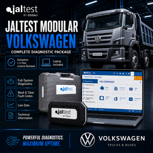 <h3>Jaltest Volkswagen Commercial Vehicle Diagnostic Package</h3><ul><li><strong>Complete package:</strong> Jaltest Link Kit + laptop + brand licence + 1-year renewal</li><li><strong>Brand coverage:</strong> Jaltest Modular diagnostics for supported Volkswagen commercial vehicles</li><li><strong>Diagnostics:</strong> Fault codes, live data, ECU identification and system scans</li><li><strong>Advanced functions:</strong> Actuation tests, calibrations, adaptations and service functions where supported</li><li><strong>Professional use:</strong> Designed for commercial vehicle workshops and fleet service</li></ul><p><strong>Important:</strong> Functions depend on vehicle model, year, ECU and Jaltest coverage. Jaltest INFO is optional and available at additional cost.</p> <h3>Jaltest Volkswagen Commercial Vehicle Diagnostic Package</h3><ul><li><strong>Complete package:</strong> Jaltest Link Kit + laptop + brand licence + 1-year renewal</li><li><strong>Brand coverage:</strong> Jaltest Modular diagnostics for supported Volkswagen commercial vehicles</li><li><strong>Diagnostics:</strong> Fault codes, live data, ECU identification and system scans</li><li><strong>Advanced functions:</strong> Actuation tests, calibrations, adaptations and service functions where supported</li><li><strong>Professional use:</strong> Designed for commercial vehicle workshops and fleet service</li></ul><p><strong>Important:</strong> Functions depend on vehicle model, year, ECU and Jaltest coverage. Jaltest INFO is optional and available at additional cost.</p>