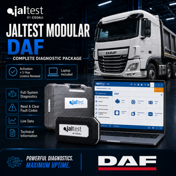 <h3>Jaltest DAF Commercial Vehicle Diagnostic Package</h3><ul><li><strong>Complete package:</strong> Jaltest Link Kit + laptop + brand licence + 1-year renewal</li><li><strong>Brand coverage:</strong> Jaltest Modular diagnostics for supported DAF commercial vehicles</li><li><strong>Diagnostics:</strong> Fault codes, live data, ECU identification and system scans</li><li><strong>Advanced functions:</strong> Actuation tests, calibrations, adaptations and service functions where supported</li><li><strong>Professional use:</strong> Designed for commercial vehicle workshops and fleet service</li></ul><p><strong>Important:</strong> Functions depend on vehicle model, year, ECU and Jaltest coverage. Jaltest INFO is optional and available at additional cost.</p> <h3>Jaltest DAF Commercial Vehicle Diagnostic Package</h3><ul><li><strong>Complete package:</strong> Jaltest Link Kit + laptop + brand licence + 1-year renewal</li><li><strong>Brand coverage:</strong> Jaltest Modular diagnostics for supported DAF commercial vehicles</li><li><strong>Diagnostics:</strong> Fault codes, live data, ECU identification and system scans</li><li><strong>Advanced functions:</strong> Actuation tests, calibrations, adaptations and service functions where supported</li><li><strong>Professional use:</strong> Designed for commercial vehicle workshops and fleet service</li></ul><p><strong>Important:</strong> Functions depend on vehicle model, year, ECU and Jaltest coverage. Jaltest INFO is optional and available at additional cost.</p>
