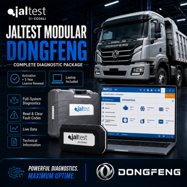 21_DONGFENG.WEBP <h3>Jaltest Dongfeng Commercial Vehicle Diagnostic Package</h3><ul><li><strong>Complete package:</strong> Jaltest Link Kit + laptop + brand licence + 1-year renewal</li><li><strong>Brand coverage:</strong> Jaltest Modular diagnostics for supported Dongfeng commercial vehicles</li><li><strong>Diagnostics:</strong> Fault codes, live data, ECU identification and system scans</li><li><strong>Advanced functions:</strong> Actuation tests, calibrations, adaptations and service functions where supported</li><li><strong>Professional use:</strong> Designed for commercial vehicle workshops and fleet service</li></ul><p><strong>Important:</strong> Functions depend on vehicle model, year, ECU and Jaltest coverage. Jaltest INFO is optional and available at additional cost.</p> <h3>Jaltest Dongfeng Commercial Vehicle Diagnostic Package</h3><ul><li><strong>Complete package:</strong> Jaltest Link Kit + laptop + brand licence + 1-year renewal</li><li><strong>Brand coverage:</strong> Jaltest Modular diagnostics for supported Dongfeng commercial vehicles</li><li><strong>Diagnostics:</strong> Fault codes, live data, ECU identification and system scans</li><li><strong>Advanced functions:</strong> Actuation tests, calibrations, adaptations and service functions where supported</li><li><strong>Professional use:</strong> Designed for commercial vehicle workshops and fleet service</li></ul><p><strong>Important:</strong> Functions depend on vehicle model, year, ECU and Jaltest coverage. Jaltest INFO is optional and available at additional cost.</p>