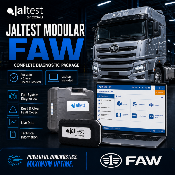 <h3>Jaltest FAW Commercial Vehicle Diagnostic Package</h3><ul><li><strong>Complete package:</strong> Jaltest Link Kit + laptop + brand licence + 1-year renewal</li><li><strong>Brand coverage:</strong> Jaltest Modular diagnostics for supported FAW commercial vehicles</li><li><strong>Diagnostics:</strong> Fault codes, live data, ECU identification and system scans</li><li><strong>Advanced functions:</strong> Actuation tests, calibrations, adaptations and service functions where supported</li><li><strong>Professional use:</strong> Designed for commercial vehicle workshops and fleet service</li></ul><p><strong>Important:</strong> Functions depend on vehicle model, year, ECU and Jaltest coverage. Jaltest INFO is optional and available at additional cost.</p> <h3>Jaltest FAW Commercial Vehicle Diagnostic Package</h3><ul><li><strong>Complete package:</strong> Jaltest Link Kit + laptop + brand licence + 1-year renewal</li><li><strong>Brand coverage:</strong> Jaltest Modular diagnostics for supported FAW commercial vehicles</li><li><strong>Diagnostics:</strong> Fault codes, live data, ECU identification and system scans</li><li><strong>Advanced functions:</strong> Actuation tests, calibrations, adaptations and service functions where supported</li><li><strong>Professional use:</strong> Designed for commercial vehicle workshops and fleet service</li></ul><p><strong>Important:</strong> Functions depend on vehicle model, year, ECU and Jaltest coverage. Jaltest INFO is optional and available at additional cost.</p>
