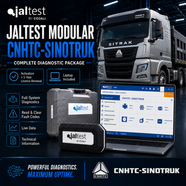 <h3>Jaltest CNHTC-Sinotruk Commercial Vehicle Diagnostic Package</h3><ul><li><strong>Complete package:</strong> Jaltest Link Kit + laptop + brand licence + 1-year renewal</li><li><strong>Brand coverage:</strong> Jaltest Modular diagnostics for supported CNHTC-Sinotruk commercial vehicles</li><li><strong>Diagnostics:</strong> Fault codes, live data, ECU identification and system scans</li><li><strong>Advanced functions:</strong> Actuation tests, calibrations, adaptations and service functions where supported</li><li><strong>Professional use:</strong> Designed for commercial vehicle workshops and fleet service</li></ul><p><strong>Important:</strong> Functions depend on vehicle model, year, ECU and Jaltest coverage. Jaltest INFO is optional and available at additional cost.</p> <h3>Jaltest CNHTC-Sinotruk Commercial Vehicle Diagnostic Package</h3><ul><li><strong>Complete package:</strong> Jaltest Link Kit + laptop + brand licence + 1-year renewal</li><li><strong>Brand coverage:</strong> Jaltest Modular diagnostics for supported CNHTC-Sinotruk commercial vehicles</li><li><strong>Diagnostics:</strong> Fault codes, live data, ECU identification and system scans</li><li><strong>Advanced functions:</strong> Actuation tests, calibrations, adaptations and service functions where supported</li><li><strong>Professional use:</strong> Designed for commercial vehicle workshops and fleet service</li></ul><p><strong>Important:</strong> Functions depend on vehicle model, year, ECU and Jaltest coverage. Jaltest INFO is optional and available at additional cost.</p>
