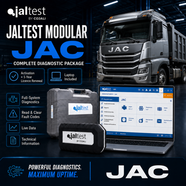 <h3>Jaltest JAC Commercial Vehicle Diagnostic Package</h3><ul><li><strong>Complete package:</strong> Jaltest Link Kit + laptop + brand licence + 1-year renewal</li><li><strong>Brand coverage:</strong> Jaltest Modular diagnostics for supported JAC commercial vehicles</li><li><strong>Diagnostics:</strong> Fault codes, live data, ECU identification and system scans</li><li><strong>Advanced functions:</strong> Actuation tests, calibrations, adaptations and service functions where supported</li><li><strong>Professional use:</strong> Designed for commercial vehicle workshops and fleet service</li></ul><p><strong>Important:</strong> Functions depend on vehicle model, year, ECU and Jaltest coverage. Jaltest INFO is optional and available at additional cost.</p> <h3>Jaltest JAC Commercial Vehicle Diagnostic Package</h3><ul><li><strong>Complete package:</strong> Jaltest Link Kit + laptop + brand licence + 1-year renewal</li><li><strong>Brand coverage:</strong> Jaltest Modular diagnostics for supported JAC commercial vehicles</li><li><strong>Diagnostics:</strong> Fault codes, live data, ECU identification and system scans</li><li><strong>Advanced functions:</strong> Actuation tests, calibrations, adaptations and service functions where supported</li><li><strong>Professional use:</strong> Designed for commercial vehicle workshops and fleet service</li></ul><p><strong>Important:</strong> Functions depend on vehicle model, year, ECU and Jaltest coverage. Jaltest INFO is optional and available at additional cost.</p>