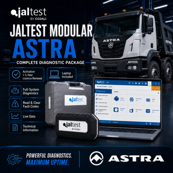 <h3>Jaltest Astra Commercial Vehicle Diagnostic Package</h3><ul><li><strong>Complete package:</strong> Jaltest Link Kit + laptop + brand licence + 1-year renewal</li><li><strong>Brand coverage:</strong> Jaltest Modular diagnostics for supported Astra commercial vehicles</li><li><strong>Diagnostics:</strong> Fault codes, live data, ECU identification and system scans</li><li><strong>Advanced functions:</strong> Actuation tests, calibrations, adaptations and service functions where supported</li><li><strong>Professional use:</strong> Designed for commercial vehicle workshops and fleet service</li></ul><p><strong>Important:</strong> Functions depend on vehicle model, year, ECU and Jaltest coverage. Jaltest INFO is optional and available at additional cost.</p> <h3>Jaltest Astra Commercial Vehicle Diagnostic Package</h3><ul><li><strong>Complete package:</strong> Jaltest Link Kit + laptop + brand licence + 1-year renewal</li><li><strong>Brand coverage:</strong> Jaltest Modular diagnostics for supported Astra commercial vehicles</li><li><strong>Diagnostics:</strong> Fault codes, live data, ECU identification and system scans</li><li><strong>Advanced functions:</strong> Actuation tests, calibrations, adaptations and service functions where supported</li><li><strong>Professional use:</strong> Designed for commercial vehicle workshops and fleet service</li></ul><p><strong>Important:</strong> Functions depend on vehicle model, year, ECU and Jaltest coverage. Jaltest INFO is optional and available at additional cost.</p>