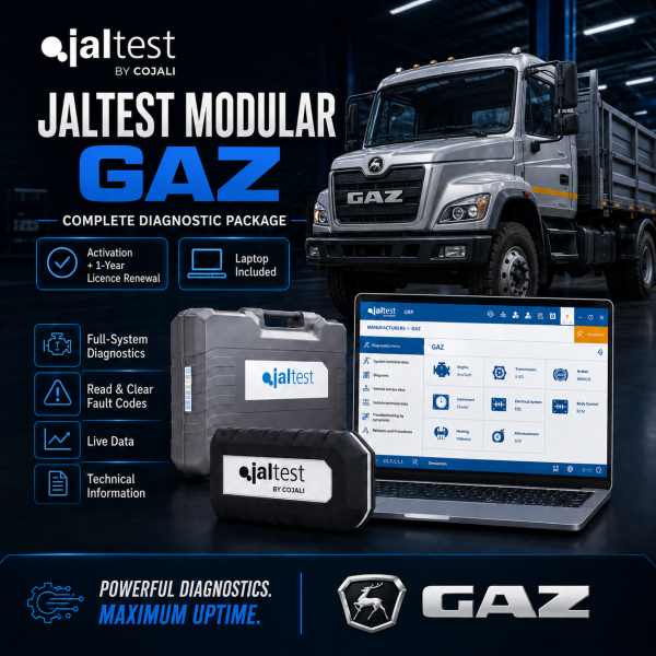 <h3>Jaltest GAZ Commercial Vehicle Diagnostic Package</h3><ul><li><strong>Complete package:</strong> Jaltest Link Kit + laptop + brand licence + 1-year renewal</li><li><strong>Brand coverage:</strong> Jaltest Modular diagnostics for supported GAZ commercial vehicles</li><li><strong>Diagnostics:</strong> Fault codes, live data, ECU identification and system scans</li><li><strong>Advanced functions:</strong> Actuation tests, calibrations, adaptations and service functions where supported</li><li><strong>Professional use:</strong> Designed for commercial vehicle workshops and fleet service</li></ul><p><strong>Important:</strong> Functions depend on vehicle model, year, ECU and Jaltest coverage. Jaltest INFO is optional and available at additional cost.</p> <h3>Jaltest GAZ Commercial Vehicle Diagnostic Package</h3><ul><li><strong>Complete package:</strong> Jaltest Link Kit + laptop + brand licence + 1-year renewal</li><li><strong>Brand coverage:</strong> Jaltest Modular diagnostics for supported GAZ commercial vehicles</li><li><strong>Diagnostics:</strong> Fault codes, live data, ECU identification and system scans</li><li><strong>Advanced functions:</strong> Actuation tests, calibrations, adaptations and service functions where supported</li><li><strong>Professional use:</strong> Designed for commercial vehicle workshops and fleet service</li></ul><p><strong>Important:</strong> Functions depend on vehicle model, year, ECU and Jaltest coverage. Jaltest INFO is optional and available at additional cost.</p>