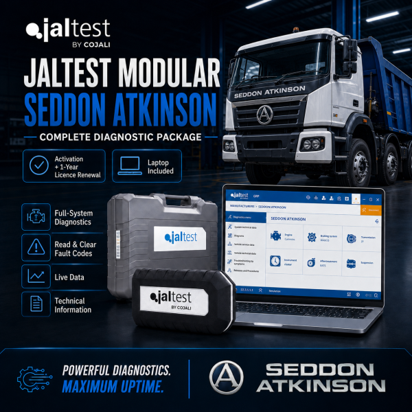 <h3>Jaltest Seddon Atkinson Commercial Vehicle Diagnostic Package</h3><ul><li><strong>Complete package:</strong> Jaltest Link Kit + laptop + brand licence + 1-year renewal</li><li><strong>Brand coverage:</strong> Jaltest Modular diagnostics for supported Seddon Atkinson commercial vehicles</li><li><strong>Diagnostics:</strong> Fault codes, live data, ECU identification and system scans</li><li><strong>Advanced functions:</strong> Actuation tests, calibrations, adaptations and service functions where supported</li><li><strong>Professional use:</strong> Designed for commercial vehicle workshops and fleet service</li></ul><p><strong>Important:</strong> Functions depend on vehicle model, year, ECU and Jaltest coverage. Jaltest INFO is optional and available at additional cost.</p> <h3>Jaltest Seddon Atkinson Commercial Vehicle Diagnostic Package</h3><ul><li><strong>Complete package:</strong> Jaltest Link Kit + laptop + brand licence + 1-year renewal</li><li><strong>Brand coverage:</strong> Jaltest Modular diagnostics for supported Seddon Atkinson commercial vehicles</li><li><strong>Diagnostics:</strong> Fault codes, live data, ECU identification and system scans</li><li><strong>Advanced functions:</strong> Actuation tests, calibrations, adaptations and service functions where supported</li><li><strong>Professional use:</strong> Designed for commercial vehicle workshops and fleet service</li></ul><p><strong>Important:</strong> Functions depend on vehicle model, year, ECU and Jaltest coverage. Jaltest INFO is optional and available at additional cost.</p>