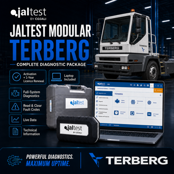 <h3>Jaltest Terberg Commercial Vehicle Diagnostic Package</h3><ul><li><strong>Complete package:</strong> Jaltest Link Kit + laptop + brand licence + 1-year renewal</li><li><strong>Brand coverage:</strong> Jaltest Modular diagnostics for supported Terberg commercial vehicles</li><li><strong>Diagnostics:</strong> Fault codes, live data, ECU identification and system scans</li><li><strong>Advanced functions:</strong> Actuation tests, calibrations, adaptations and service functions where supported</li><li><strong>Professional use:</strong> Designed for commercial vehicle workshops and fleet service</li></ul><p><strong>Important:</strong> Functions depend on vehicle model, year, ECU and Jaltest coverage. Jaltest INFO is optional and available at additional cost.</p> <h3>Jaltest Terberg Commercial Vehicle Diagnostic Package</h3><ul><li><strong>Complete package:</strong> Jaltest Link Kit + laptop + brand licence + 1-year renewal</li><li><strong>Brand coverage:</strong> Jaltest Modular diagnostics for supported Terberg commercial vehicles</li><li><strong>Diagnostics:</strong> Fault codes, live data, ECU identification and system scans</li><li><strong>Advanced functions:</strong> Actuation tests, calibrations, adaptations and service functions where supported</li><li><strong>Professional use:</strong> Designed for commercial vehicle workshops and fleet service</li></ul><p><strong>Important:</strong> Functions depend on vehicle model, year, ECU and Jaltest coverage. Jaltest INFO is optional and available at additional cost.</p>