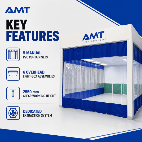<h3>AMT - 6300 - Automotive Preparation Booth with Exhaust System</h3><p>The <strong>AMT - 6300 Automotive Preparation Booth</strong> is a professional vehicle-body preparation station designed for sanding, masking, surface preparation, and refinishing work. It combines a separated preparation area with manual PVC curtains, ceiling filtration, exhaust filtration, workshop lighting, floor deflectors, and a dedicated extraction system.</p><p><strong>Product highlights:</strong> approximately 6300 × 3550 × 3100 mm preparation-station structure; 2550 mm clear working height; 5.5 kW exhaust fan; 380 V three-phase electrical supply; six ceiling-filter sections; four fiberglass exhaust filters; six light-box assemblies; five manually operated PVC curtain sets; two air-return cabinets; and a dedicated electrical control box.</p><h3>Technical Specifications</h3><table><thead><tr><th>Specification</th><th>Details</th></tr></thead><tbody><tr><td><strong>Brand</strong></td><td>AMT</td></tr><tr><td><strong>Model / SKU</strong></td><td>AMT-6300</6300</td></tr><tr><td><strong>Product Type</strong></td><td>Automotive Preparation Booth</td></tr><tr><td><strong>Preparation-Station Size</strong></td><td>Approximately 6300 × 3550 × 3100 mm</td></tr><tr><td><strong>Overall Installed Length</strong></td><td>Approximately 7550 mm including the fan-cabinet section</td></tr><tr><td><strong>Clear Working Height</strong></td><td>2550 mm</td></tr><tr><td><strong>Exhaust Fan</strong></td><td>5.5 kW</td></tr><tr><td><strong>Power Supply</strong></td><td>380 V / 3-phase / 50 Hz</td></tr><tr><td><strong>Lighting System</strong></td><td>6 light-box assemblies</td></tr><tr><td><strong>Ceiling Filters</strong></td><td>6 pieces, 2040 × 1240 × 25 mm</td></tr><tr><td><strong>Exhaust Filtration</strong></td><td>4 fiberglass filters</td></tr><tr><td><strong>Curtain System</strong></td><td>5 manually operated PVC curtain sets</td></tr><tr><td><strong>Control System</strong></td><td>Dedicated electrical control box</td></tr></tbody></table> <h3>AMT - 6300 - Automotive Preparation Booth with Exhaust System</h3><p>The <strong>AMT - 6300 Automotive Preparation Booth</strong> is a professional vehicle-body preparation station designed for sanding, masking, surface preparation, and refinishing work. It combines a separated preparation area with manual PVC curtains, ceiling filtration, exhaust filtration, workshop lighting, floor deflectors, and a dedicated extraction system.</p><p><strong>Product highlights:</strong> approximately 6300 × 3550 × 3100 mm preparation-station structure; 2550 mm clear working height; 5.5 kW exhaust fan; 380 V three-phase electrical supply; six ceiling-filter sections; four fiberglass exhaust filters; six light-box assemblies; five manually operated PVC curtain sets; two air-return cabinets; and a dedicated electrical control box.</p><h3>Technical Specifications</h3><table><thead><tr><th>Specification</th><th>Details</th></tr></thead><tbody><tr><td><strong>Brand</strong></td><td>AMT</td></tr><tr><td><strong>Model / SKU</strong></td><td>AMT-6300</6300</td></tr><tr><td><strong>Product Type</strong></td><td>Automotive Preparation Booth</td></tr><tr><td><strong>Preparation-Station Size</strong></td><td>Approximately 6300 × 3550 × 3100 mm</td></tr><tr><td><strong>Overall Installed Length</strong></td><td>Approximately 7550 mm including the fan-cabinet section</td></tr><tr><td><strong>Clear Working Height</strong></td><td>2550 mm</td></tr><tr><td><strong>Exhaust Fan</strong></td><td>5.5 kW</td></tr><tr><td><strong>Power Supply</strong></td><td>380 V / 3-phase / 50 Hz</td></tr><tr><td><strong>Lighting System</strong></td><td>6 light-box assemblies</td></tr><tr><td><strong>Ceiling Filters</strong></td><td>6 pieces, 2040 × 1240 × 25 mm</td></tr><tr><td><strong>Exhaust Filtration</strong></td><td>4 fiberglass filters</td></tr><tr><td><strong>Curtain System</strong></td><td>5 manually operated PVC curtain sets</td></tr><tr><td><strong>Control System</strong></td><td>Dedicated electrical control box</td></tr></tbody></table>