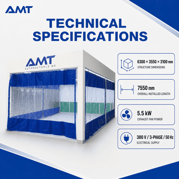 <h3>AMT - 6300 - Automotive Preparation Booth with Exhaust System</h3><p>The <strong>AMT - 6300 Automotive Preparation Booth</strong> is a professional vehicle-body preparation station designed for sanding, masking, surface preparation, and refinishing work. It combines a separated preparation area with manual PVC curtains, ceiling filtration, exhaust filtration, workshop lighting, floor deflectors, and a dedicated extraction system.</p><p><strong>Product highlights:</strong> approximately 6300 × 3550 × 3100 mm preparation-station structure; 2550 mm clear working height; 5.5 kW exhaust fan; 380 V three-phase electrical supply; six ceiling-filter sections; four fiberglass exhaust filters; six light-box assemblies; five manually operated PVC curtain sets; two air-return cabinets; and a dedicated electrical control box.</p><h3>Technical Specifications</h3><table><thead><tr><th>Specification</th><th>Details</th></tr></thead><tbody><tr><td><strong>Brand</strong></td><td>AMT</td></tr><tr><td><strong>Model / SKU</strong></td><td>AMT-6300</6300</td></tr><tr><td><strong>Product Type</strong></td><td>Automotive Preparation Booth</td></tr><tr><td><strong>Preparation-Station Size</strong></td><td>Approximately 6300 × 3550 × 3100 mm</td></tr><tr><td><strong>Overall Installed Length</strong></td><td>Approximately 7550 mm including the fan-cabinet section</td></tr><tr><td><strong>Clear Working Height</strong></td><td>2550 mm</td></tr><tr><td><strong>Exhaust Fan</strong></td><td>5.5 kW</td></tr><tr><td><strong>Power Supply</strong></td><td>380 V / 3-phase / 50 Hz</td></tr><tr><td><strong>Lighting System</strong></td><td>6 light-box assemblies</td></tr><tr><td><strong>Ceiling Filters</strong></td><td>6 pieces, 2040 × 1240 × 25 mm</td></tr><tr><td><strong>Exhaust Filtration</strong></td><td>4 fiberglass filters</td></tr><tr><td><strong>Curtain System</strong></td><td>5 manually operated PVC curtain sets</td></tr><tr><td><strong>Control System</strong></td><td>Dedicated electrical control box</td></tr></tbody></table> <h3>AMT - 6300 - Automotive Preparation Booth with Exhaust System</h3><p>The <strong>AMT - 6300 Automotive Preparation Booth</strong> is a professional vehicle-body preparation station designed for sanding, masking, surface preparation, and refinishing work. It combines a separated preparation area with manual PVC curtains, ceiling filtration, exhaust filtration, workshop lighting, floor deflectors, and a dedicated extraction system.</p><p><strong>Product highlights:</strong> approximately 6300 × 3550 × 3100 mm preparation-station structure; 2550 mm clear working height; 5.5 kW exhaust fan; 380 V three-phase electrical supply; six ceiling-filter sections; four fiberglass exhaust filters; six light-box assemblies; five manually operated PVC curtain sets; two air-return cabinets; and a dedicated electrical control box.</p><h3>Technical Specifications</h3><table><thead><tr><th>Specification</th><th>Details</th></tr></thead><tbody><tr><td><strong>Brand</strong></td><td>AMT</td></tr><tr><td><strong>Model / SKU</strong></td><td>AMT-6300</6300</td></tr><tr><td><strong>Product Type</strong></td><td>Automotive Preparation Booth</td></tr><tr><td><strong>Preparation-Station Size</strong></td><td>Approximately 6300 × 3550 × 3100 mm</td></tr><tr><td><strong>Overall Installed Length</strong></td><td>Approximately 7550 mm including the fan-cabinet section</td></tr><tr><td><strong>Clear Working Height</strong></td><td>2550 mm</td></tr><tr><td><strong>Exhaust Fan</strong></td><td>5.5 kW</td></tr><tr><td><strong>Power Supply</strong></td><td>380 V / 3-phase / 50 Hz</td></tr><tr><td><strong>Lighting System</strong></td><td>6 light-box assemblies</td></tr><tr><td><strong>Ceiling Filters</strong></td><td>6 pieces, 2040 × 1240 × 25 mm</td></tr><tr><td><strong>Exhaust Filtration</strong></td><td>4 fiberglass filters</td></tr><tr><td><strong>Curtain System</strong></td><td>5 manually operated PVC curtain sets</td></tr><tr><td><strong>Control System</strong></td><td>Dedicated electrical control box</td></tr></tbody></table>