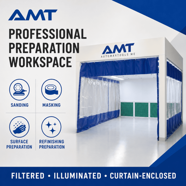 <h3>AMT - 6300 - Automotive Preparation Booth with Exhaust System</h3><p>The <strong>AMT - 6300 Automotive Preparation Booth</strong> is a professional vehicle-body preparation station designed for sanding, masking, surface preparation, and refinishing work. It combines a separated preparation area with manual PVC curtains, ceiling filtration, exhaust filtration, workshop lighting, floor deflectors, and a dedicated extraction system.</p><p><strong>Product highlights:</strong> approximately 6300 × 3550 × 3100 mm preparation-station structure; 2550 mm clear working height; 5.5 kW exhaust fan; 380 V three-phase electrical supply; six ceiling-filter sections; four fiberglass exhaust filters; six light-box assemblies; five manually operated PVC curtain sets; two air-return cabinets; and a dedicated electrical control box.</p><h3>Technical Specifications</h3><table><thead><tr><th>Specification</th><th>Details</th></tr></thead><tbody><tr><td><strong>Brand</strong></td><td>AMT</td></tr><tr><td><strong>Model / SKU</strong></td><td>AMT-6300</6300</td></tr><tr><td><strong>Product Type</strong></td><td>Automotive Preparation Booth</td></tr><tr><td><strong>Preparation-Station Size</strong></td><td>Approximately 6300 × 3550 × 3100 mm</td></tr><tr><td><strong>Overall Installed Length</strong></td><td>Approximately 7550 mm including the fan-cabinet section</td></tr><tr><td><strong>Clear Working Height</strong></td><td>2550 mm</td></tr><tr><td><strong>Exhaust Fan</strong></td><td>5.5 kW</td></tr><tr><td><strong>Power Supply</strong></td><td>380 V / 3-phase / 50 Hz</td></tr><tr><td><strong>Lighting System</strong></td><td>6 light-box assemblies</td></tr><tr><td><strong>Ceiling Filters</strong></td><td>6 pieces, 2040 × 1240 × 25 mm</td></tr><tr><td><strong>Exhaust Filtration</strong></td><td>4 fiberglass filters</td></tr><tr><td><strong>Curtain System</strong></td><td>5 manually operated PVC curtain sets</td></tr><tr><td><strong>Control System</strong></td><td>Dedicated electrical control box</td></tr></tbody></table> <h3>AMT - 6300 - Automotive Preparation Booth with Exhaust System</h3><p>The <strong>AMT - 6300 Automotive Preparation Booth</strong> is a professional vehicle-body preparation station designed for sanding, masking, surface preparation, and refinishing work. It combines a separated preparation area with manual PVC curtains, ceiling filtration, exhaust filtration, workshop lighting, floor deflectors, and a dedicated extraction system.</p><p><strong>Product highlights:</strong> approximately 6300 × 3550 × 3100 mm preparation-station structure; 2550 mm clear working height; 5.5 kW exhaust fan; 380 V three-phase electrical supply; six ceiling-filter sections; four fiberglass exhaust filters; six light-box assemblies; five manually operated PVC curtain sets; two air-return cabinets; and a dedicated electrical control box.</p><h3>Technical Specifications</h3><table><thead><tr><th>Specification</th><th>Details</th></tr></thead><tbody><tr><td><strong>Brand</strong></td><td>AMT</td></tr><tr><td><strong>Model / SKU</strong></td><td>AMT-6300</6300</td></tr><tr><td><strong>Product Type</strong></td><td>Automotive Preparation Booth</td></tr><tr><td><strong>Preparation-Station Size</strong></td><td>Approximately 6300 × 3550 × 3100 mm</td></tr><tr><td><strong>Overall Installed Length</strong></td><td>Approximately 7550 mm including the fan-cabinet section</td></tr><tr><td><strong>Clear Working Height</strong></td><td>2550 mm</td></tr><tr><td><strong>Exhaust Fan</strong></td><td>5.5 kW</td></tr><tr><td><strong>Power Supply</strong></td><td>380 V / 3-phase / 50 Hz</td></tr><tr><td><strong>Lighting System</strong></td><td>6 light-box assemblies</td></tr><tr><td><strong>Ceiling Filters</strong></td><td>6 pieces, 2040 × 1240 × 25 mm</td></tr><tr><td><strong>Exhaust Filtration</strong></td><td>4 fiberglass filters</td></tr><tr><td><strong>Curtain System</strong></td><td>5 manually operated PVC curtain sets</td></tr><tr><td><strong>Control System</strong></td><td>Dedicated electrical control box</td></tr></tbody></table>