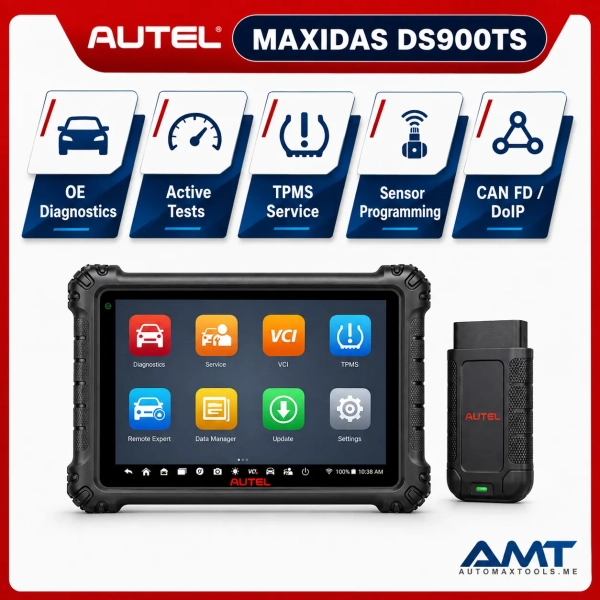 <div class="et_pb_module et_pb_wc_title et_pb_wc_title_0_tb_body product-header et_pb_bg_layout_light">
<h4>The Autel MaxiDAS DS900TS is a professional 8-inch diagnostic and TPMS tablet combining OE-level all-system diagnostics, bi-directional active tests and complete TPMS service. It is designed for workshops that need one wireless tool for system diagnosis, maintenance functions, sensor activation, MX-Sensor programming and relearn procedures.</h4>
The DS900TS runs Android 11 on a 1.8GHz quad-core processor with 4GB RAM, 64GB storage and a 7700mAh battery. It supports modern <strong>DoIP and CAN FD</strong> communication, Smart AutoVIN, Pre- and Post-Scan reporting, live data, ECU information, adaptation and matching on supported vehicles. TPMS capability includes complete sensor health checks, activation of known TPMS sensors, Autel MX-Sensor programming, comprehensive OBD relearn coverage and on-screen vehicle-specific relearn procedures.
</div>
<div class="et_pb_module et_pb_wc_description et_pb_wc_description_0_tb_body et_pb_bg_layout_light et_pb_text_align_left">
<div class="et_pb_module_inner">
<table>
<thead>
<tr><th>Specification</th><th>MaxiDAS DS900TS</th></tr>
</thead>
<tbody>
<tr><td>Product Type</td><td>Professional Diagnostic & TPMS Tablet</td></tr>
<tr><td>Model</td><td>MaxiDAS DS900TS</td></tr>
<tr><td>Display</td><td>8″ LCD Capacitive Touchscreen, 1280 × 800</td></tr>
<tr><td>Operating System</td><td>Android 11</td></tr>
<tr><td>Processor</td><td>Quad-Core 1.8GHz</td></tr>
<tr><td>Memory</td><td>4GB RAM + 64GB Storage</td></tr>
<tr><td>Battery</td><td>7700mAh</td></tr>
<tr><td>Camera</td><td>8MP Rear</td></tr>
<tr><td>Diagnostics</td><td>OE-Level Full-System Diagnostics</td></tr>
<tr><td>Bi-Directional Control</td><td>Yes – Active Tests</td></tr>
<tr><td>Adaptation / Matching</td><td>Supported – Vehicle Dependent</td></tr>
<tr><td>AutoVIN</td><td>Supported</td></tr>
<tr><td>DoIP</td><td>Supported</td></tr>
<tr><td>CAN FD</td><td>Supported</td></tr>
<tr><td>TPMS Health Check</td><td>Supported</td></tr>
<tr><td>Sensor Activation</td><td>Known TPMS Sensors</td></tr>
<tr><td>MX-Sensor Programming</td><td>Supported</td></tr>
<tr><td>OBD Relearn</td><td>Supported</td></tr>
<tr><td>Pre / Post Scan</td><td>Supported</td></tr>
<tr><td>Software Updates</td><td>2 Years Included – Automax Tools IMEA Package</td></tr>
<tr><td>Warranty</td><td>1 Year Limited Warranty</td></tr>
</tbody>
</table>
&nbsp; <strong>Autel MaxiDAS DS900TS Official / Reference Information</strong>
<a href="https://autel.com/au/diagnostic/maxidas-ds900ts/" target="_blank" rel="noopener">
View Product Information
</a> <a href="https://automaxtools.me/wp-content/uploads/2023/11/download-8.png">
<img class="aligncenter" src="https://automaxtools.me/wp-content/uploads/2023/11/download-8.png" alt="Autel MaxiDAS DS900TS UAE Automax Tools" width="807" height="807" />
</a> </div>
</div>
<h3><span style="color: #d2322a;">
<strong>1 Year Warranty. 2 Year Free Software Updates.</strong>
</span></h3>
<h4 style="color: red;">IP Restriction (works only in India, Middle East and Africa).</h4> <div class="et_pb_module et_pb_wc_title et_pb_wc_title_0_tb_body product-header et_pb_bg_layout_light">
<h4>The Autel MaxiDAS DS900TS is a professional 8-inch diagnostic and TPMS tablet combining OE-level all-system diagnostics, bi-directional active tests and complete TPMS service. It is designed for workshops that need one wireless tool for system diagnosis, maintenance functions, sensor activation, MX-Sensor programming and relearn procedures.</h4>
The DS900TS runs Android 11 on a 1.8GHz quad-core processor with 4GB RAM, 64GB storage and a 7700mAh battery. It supports modern <strong>DoIP and CAN FD</strong> communication, Smart AutoVIN, Pre- and Post-Scan reporting, live data, ECU information, adaptation and matching on supported vehicles. TPMS capability includes complete sensor health checks, activation of known TPMS sensors, Autel MX-Sensor programming, comprehensive OBD relearn coverage and on-screen vehicle-specific relearn procedures.
</div>
<div class="et_pb_module et_pb_wc_description et_pb_wc_description_0_tb_body et_pb_bg_layout_light et_pb_text_align_left">
<div class="et_pb_module_inner">
<table>
<thead>
<tr><th>Specification</th><th>MaxiDAS DS900TS</th></tr>
</thead>
<tbody>
<tr><td>Product Type</td><td>Professional Diagnostic & TPMS Tablet</td></tr>
<tr><td>Model</td><td>MaxiDAS DS900TS</td></tr>
<tr><td>Display</td><td>8″ LCD Capacitive Touchscreen, 1280 × 800</td></tr>
<tr><td>Operating System</td><td>Android 11</td></tr>
<tr><td>Processor</td><td>Quad-Core 1.8GHz</td></tr>
<tr><td>Memory</td><td>4GB RAM + 64GB Storage</td></tr>
<tr><td>Battery</td><td>7700mAh</td></tr>
<tr><td>Camera</td><td>8MP Rear</td></tr>
<tr><td>Diagnostics</td><td>OE-Level Full-System Diagnostics</td></tr>
<tr><td>Bi-Directional Control</td><td>Yes – Active Tests</td></tr>
<tr><td>Adaptation / Matching</td><td>Supported – Vehicle Dependent</td></tr>
<tr><td>AutoVIN</td><td>Supported</td></tr>
<tr><td>DoIP</td><td>Supported</td></tr>
<tr><td>CAN FD</td><td>Supported</td></tr>
<tr><td>TPMS Health Check</td><td>Supported</td></tr>
<tr><td>Sensor Activation</td><td>Known TPMS Sensors</td></tr>
<tr><td>MX-Sensor Programming</td><td>Supported</td></tr>
<tr><td>OBD Relearn</td><td>Supported</td></tr>
<tr><td>Pre / Post Scan</td><td>Supported</td></tr>
<tr><td>Software Updates</td><td>2 Years Included – Automax Tools IMEA Package</td></tr>
<tr><td>Warranty</td><td>1 Year Limited Warranty</td></tr>
</tbody>
</table>
&nbsp; <strong>Autel MaxiDAS DS900TS Official / Reference Information</strong>
<a href="https://autel.com/au/diagnostic/maxidas-ds900ts/" target="_blank" rel="noopener">
View Product Information
</a> <a href="https://automaxtools.me/wp-content/uploads/2023/11/download-8.png">
<img class="aligncenter" src="https://automaxtools.me/wp-content/uploads/2023/11/download-8.png" alt="Autel MaxiDAS DS900TS UAE Automax Tools" width="807" height="807" />
</a> </div>
</div>
<h3><span style="color: #d2322a;">
<strong>1 Year Warranty. 2 Year Free Software Updates.</strong>
</span></h3>
<h4 style="color: red;">IP Restriction (works only in India, Middle East and Africa).</h4>