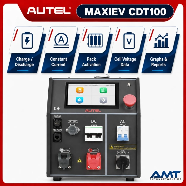 <div class="et_pb_module et_pb_wc_title et_pb_wc_title_0_tb_body product-header et_pb_bg_layout_light">
<h4>The Autel MaxiEV CDT100 is a professional high-voltage battery charge and discharge unit for EV battery-pack service, conditioning and activation. It supports controlled charge and discharge modes and is designed for collision shops, mechanical workshops, transporters, salvage yards and battery storage facilities.</h4>
The CDT100 uses wide-voltage architecture for battery modules with different voltage levels and supports constant-current and power-based charge/discharge workflows. It can display single-cell maximum and minimum voltage and other battery data on screen. Results can be viewed in graphs, columns and report formats with zoom capability for detailed analysis. Optional / kit-specific connectors are used to interface with supported battery packs.
</div>
<div class="et_pb_module et_pb_wc_description et_pb_wc_description_0_tb_body et_pb_bg_layout_light et_pb_text_align_left">
<div class="et_pb_module_inner">
<table>
<thead>
<tr><th>Specification</th><th>MaxiEV CDT100</th></tr>
</thead>
<tbody>
<tr><td>Product Type</td><td>High-Voltage Battery Charge / Discharge Unit</td></tr>
<tr><td>Model</td><td>MaxiEV CDT100</td></tr>
<tr><td>Applications</td><td>EV High-Voltage Battery Packs & Modules</td></tr>
<tr><td>Charge Mode</td><td>Supported</td></tr>
<tr><td>Discharge Mode</td><td>Supported</td></tr>
<tr><td>Constant Current</td><td>Supported</td></tr>
<tr><td>Power-Based Operation</td><td>Supported</td></tr>
<tr><td>Battery Activation</td><td>Supported</td></tr>
<tr><td>Cell Voltage Data</td><td>Maximum / Minimum Cell Voltage</td></tr>
<tr><td>Data Display</td><td>Graphs, Columns & Reports</td></tr>
<tr><td>Zoom</td><td>Supported</td></tr>
<tr><td>Connector Set</td><td>Battery / Kit Dependent</td></tr>
<tr><td>Professional Use</td><td>EV Service, Collision, Salvage & Storage</td></tr>
<tr><td>Software / Support</td><td>2 Years Included – Automax Tools IMEA Package</td></tr>
<tr><td>Warranty</td><td>1 Year Limited Warranty</td></tr>
</tbody>
</table>
&nbsp; <strong>Autel MaxiEV CDT100 Official / Reference Information</strong>
<a href="https://autel.com/ev/4193.jhtml" target="_blank" rel="noopener">
View Product Information
</a> <a href="https://automaxtools.me/wp-content/uploads/2024/05/MAXIEV-CDT100.jpg">
<img class="aligncenter" src="https://automaxtools.me/wp-content/uploads/2024/05/MAXIEV-CDT100.jpg" alt="Autel MaxiEV CDT100 UAE Automax Tools" width="807" height="807" />
</a> </div>
</div>
<h3><span style="color: #d2322a;">
<strong>1 Year Warranty. 2 Year Free Software Updates.</strong>
</span></h3>
<h4 style="color: red;">IP Restriction (works only in India, Middle East and Africa).</h4> <div class="et_pb_module et_pb_wc_title et_pb_wc_title_0_tb_body product-header et_pb_bg_layout_light">
<h4>The Autel MaxiEV CDT100 is a professional high-voltage battery charge and discharge unit for EV battery-pack service, conditioning and activation. It supports controlled charge and discharge modes and is designed for collision shops, mechanical workshops, transporters, salvage yards and battery storage facilities.</h4>
The CDT100 uses wide-voltage architecture for battery modules with different voltage levels and supports constant-current and power-based charge/discharge workflows. It can display single-cell maximum and minimum voltage and other battery data on screen. Results can be viewed in graphs, columns and report formats with zoom capability for detailed analysis. Optional / kit-specific connectors are used to interface with supported battery packs.
</div>
<div class="et_pb_module et_pb_wc_description et_pb_wc_description_0_tb_body et_pb_bg_layout_light et_pb_text_align_left">
<div class="et_pb_module_inner">
<table>
<thead>
<tr><th>Specification</th><th>MaxiEV CDT100</th></tr>
</thead>
<tbody>
<tr><td>Product Type</td><td>High-Voltage Battery Charge / Discharge Unit</td></tr>
<tr><td>Model</td><td>MaxiEV CDT100</td></tr>
<tr><td>Applications</td><td>EV High-Voltage Battery Packs & Modules</td></tr>
<tr><td>Charge Mode</td><td>Supported</td></tr>
<tr><td>Discharge Mode</td><td>Supported</td></tr>
<tr><td>Constant Current</td><td>Supported</td></tr>
<tr><td>Power-Based Operation</td><td>Supported</td></tr>
<tr><td>Battery Activation</td><td>Supported</td></tr>
<tr><td>Cell Voltage Data</td><td>Maximum / Minimum Cell Voltage</td></tr>
<tr><td>Data Display</td><td>Graphs, Columns & Reports</td></tr>
<tr><td>Zoom</td><td>Supported</td></tr>
<tr><td>Connector Set</td><td>Battery / Kit Dependent</td></tr>
<tr><td>Professional Use</td><td>EV Service, Collision, Salvage & Storage</td></tr>
<tr><td>Software / Support</td><td>2 Years Included – Automax Tools IMEA Package</td></tr>
<tr><td>Warranty</td><td>1 Year Limited Warranty</td></tr>
</tbody>
</table>
&nbsp; <strong>Autel MaxiEV CDT100 Official / Reference Information</strong>
<a href="https://autel.com/ev/4193.jhtml" target="_blank" rel="noopener">
View Product Information
</a> <a href="https://automaxtools.me/wp-content/uploads/2024/05/MAXIEV-CDT100.jpg">
<img class="aligncenter" src="https://automaxtools.me/wp-content/uploads/2024/05/MAXIEV-CDT100.jpg" alt="Autel MaxiEV CDT100 UAE Automax Tools" width="807" height="807" />
</a> </div>
</div>
<h3><span style="color: #d2322a;">
<strong>1 Year Warranty. 2 Year Free Software Updates.</strong>
</span></h3>
<h4 style="color: red;">IP Restriction (works only in India, Middle East and Africa).</h4>