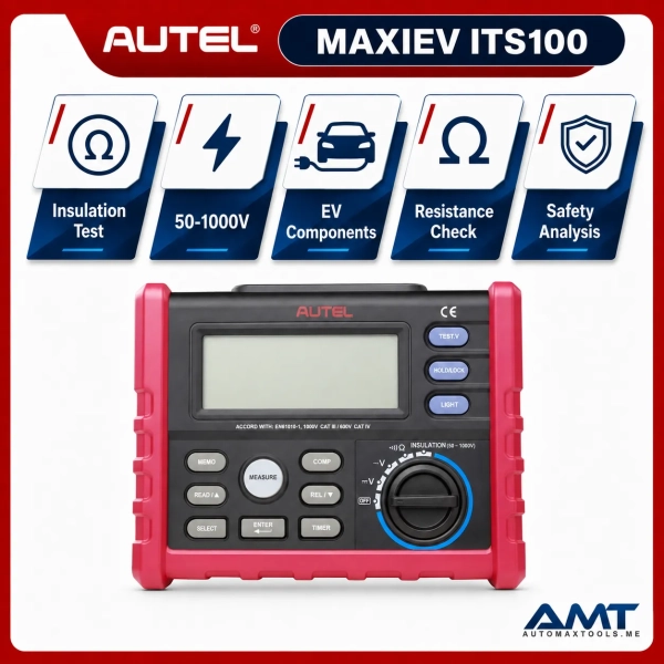 <div class="et_pb_module et_pb_wc_title et_pb_wc_title_0_tb_body product-header et_pb_bg_layout_light">
<h4>The Autel MaxiEV ITS100 is a professional high-voltage insulation resistance tester for electric-vehicle wiring, battery systems and high-voltage components. It helps technicians identify damaged, deteriorated or contaminated insulation before components are installed or returned to service.</h4>
The ITS100 can apply selectable high DC test voltages of <strong>50V, 100V, 250V, 500V or 1000V</strong> and measure the resulting current flow / insulation resistance. This allows technicians to evaluate electrical isolation and identify unsafe leakage paths in high-voltage EV systems. Clear visualized measurement data supports informed service decisions during EV maintenance and repair.
</div>
<div class="et_pb_module et_pb_wc_description et_pb_wc_description_0_tb_body et_pb_bg_layout_light et_pb_text_align_left">
<div class="et_pb_module_inner">
<table>
<thead>
<tr><th>Specification</th><th>MaxiEV ITS100</th></tr>
</thead>
<tbody>
<tr><td>Product Type</td><td>EV High-Voltage Insulation Resistance Tester</td></tr>
<tr><td>Model</td><td>MaxiEV ITS100</td></tr>
<tr><td>Applications</td><td>EV HV Wiring & Components</td></tr>
<tr><td>Test Voltage</td><td>50V / 100V / 250V / 500V / 1000V DC</td></tr>
<tr><td>Primary Test</td><td>Insulation Resistance</td></tr>
<tr><td>Pre-Installation Testing</td><td>Supported</td></tr>
<tr><td>Fault Detection</td><td>Insulation Damage / Deterioration / Contamination</td></tr>
<tr><td>Data Display</td><td>Visualized Measurement Data</td></tr>
<tr><td>Professional Use</td><td>EV Service & High-Voltage Diagnostics</td></tr>
<tr><td>Safety Category</td><td>Follow Applicable HV PPE & Workshop Procedures</td></tr>
<tr><td>Software / Support</td><td>2 Years Included – Automax Tools IMEA Package</td></tr>
<tr><td>Warranty</td><td>1 Year Limited Warranty</td></tr>
</tbody>
</table>
&nbsp; <strong>Autel MaxiEV ITS100 Official / Reference Information</strong>
<a href="https://www.autel.com/ev/4194.jhtml" target="_blank" rel="noopener">
View Product Information
</a> <a href="https://automaxtools.me/wp-content/uploads/2024/05/MaxiEV-ITS100.jpg">
<img class="aligncenter" src="https://automaxtools.me/wp-content/uploads/2024/05/MaxiEV-ITS100.jpg" alt="Autel MaxiEV ITS100 UAE Automax Tools" width="807" height="807" />
</a> </div>
</div>
<h3><span style="color: #d2322a;">
<strong>1 Year Warranty. 2 Year Free Software Updates.</strong>
</span></h3>
<h4 style="color: red;">IP Restriction (works only in India, Middle East and Africa).</h4> <div class="et_pb_module et_pb_wc_title et_pb_wc_title_0_tb_body product-header et_pb_bg_layout_light">
<h4>The Autel MaxiEV ITS100 is a professional high-voltage insulation resistance tester for electric-vehicle wiring, battery systems and high-voltage components. It helps technicians identify damaged, deteriorated or contaminated insulation before components are installed or returned to service.</h4>
The ITS100 can apply selectable high DC test voltages of <strong>50V, 100V, 250V, 500V or 1000V</strong> and measure the resulting current flow / insulation resistance. This allows technicians to evaluate electrical isolation and identify unsafe leakage paths in high-voltage EV systems. Clear visualized measurement data supports informed service decisions during EV maintenance and repair.
</div>
<div class="et_pb_module et_pb_wc_description et_pb_wc_description_0_tb_body et_pb_bg_layout_light et_pb_text_align_left">
<div class="et_pb_module_inner">
<table>
<thead>
<tr><th>Specification</th><th>MaxiEV ITS100</th></tr>
</thead>
<tbody>
<tr><td>Product Type</td><td>EV High-Voltage Insulation Resistance Tester</td></tr>
<tr><td>Model</td><td>MaxiEV ITS100</td></tr>
<tr><td>Applications</td><td>EV HV Wiring & Components</td></tr>
<tr><td>Test Voltage</td><td>50V / 100V / 250V / 500V / 1000V DC</td></tr>
<tr><td>Primary Test</td><td>Insulation Resistance</td></tr>
<tr><td>Pre-Installation Testing</td><td>Supported</td></tr>
<tr><td>Fault Detection</td><td>Insulation Damage / Deterioration / Contamination</td></tr>
<tr><td>Data Display</td><td>Visualized Measurement Data</td></tr>
<tr><td>Professional Use</td><td>EV Service & High-Voltage Diagnostics</td></tr>
<tr><td>Safety Category</td><td>Follow Applicable HV PPE & Workshop Procedures</td></tr>
<tr><td>Software / Support</td><td>2 Years Included – Automax Tools IMEA Package</td></tr>
<tr><td>Warranty</td><td>1 Year Limited Warranty</td></tr>
</tbody>
</table>
&nbsp; <strong>Autel MaxiEV ITS100 Official / Reference Information</strong>
<a href="https://www.autel.com/ev/4194.jhtml" target="_blank" rel="noopener">
View Product Information
</a> <a href="https://automaxtools.me/wp-content/uploads/2024/05/MaxiEV-ITS100.jpg">
<img class="aligncenter" src="https://automaxtools.me/wp-content/uploads/2024/05/MaxiEV-ITS100.jpg" alt="Autel MaxiEV ITS100 UAE Automax Tools" width="807" height="807" />
</a> </div>
</div>
<h3><span style="color: #d2322a;">
<strong>1 Year Warranty. 2 Year Free Software Updates.</strong>
</span></h3>
<h4 style="color: red;">IP Restriction (works only in India, Middle East and Africa).</h4>
