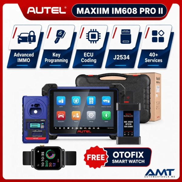 <div class="et_pb_module et_pb_wc_title et_pb_wc_title_0_tb_body product-header et_pb_bg_layout_light">
<h4>The Autel MaxiIM IM608 Pro II is a flagship professional key-programming and immobilizer platform combining advanced IMMO functions, XP400 Pro programming, OE-level diagnostics and a 40-function maintenance menu. This Automax Tools promotional package also includes a free OTOFIX Smart Watch.</h4>
Smart Mode provides guided key-learning workflows while Expert Mode gives experienced locksmiths deeper control. Supported procedures include PIN/CS reading, key generation, key learning, remote learning, all-keys-lost functions, IMMO ECU reset/adaptation, refresh/coding, transponder read/write and EEPROM/MCU operations. The 10.1-inch Android 10 tablet uses a Qualcomm 2.2GHz octa-core processor, 4GB RAM, 128GB storage and a 15,000mAh battery. The included XP400 Pro extends advanced key, EEPROM and MCU programming capability.
</div>
<div class="et_pb_module et_pb_wc_description et_pb_wc_description_0_tb_body et_pb_bg_layout_light et_pb_text_align_left">
<div class="et_pb_module_inner">
<table>
<thead>
<tr><th>Specification</th><th>MaxiIM IM608 Pro II + Free OTOFIX Smart Watch</th></tr>
</thead>
<tbody>
<tr><td>Product Type</td><td>Professional Key Programming & OE Diagnostic Tablet</td></tr>
<tr><td>Model</td><td>MaxiIM IM608 Pro II / IM608S II</td></tr>
<tr><td>Display</td><td>10.1″, 1920 × 1200</td></tr>
<tr><td>Operating System</td><td>Android 10</td></tr>
<tr><td>Processor</td><td>Qualcomm SDM660 Octa-Core, 2.2GHz</td></tr>
<tr><td>Memory</td><td>4GB RAM + 128GB Storage</td></tr>
<tr><td>Battery</td><td>15,000mAh</td></tr>
<tr><td>Key Programmer</td><td>XP400 Pro</td></tr>
<tr><td>Vehicle Interface</td><td>MaxiFlash JVCI+ / Applicable Package</td></tr>
<tr><td>Smart / Expert Mode</td><td>Supported</td></tr>
<tr><td>OBD Key Programming</td><td>Broad Coverage – Vehicle Dependent</td></tr>
<tr><td>PIN / CS Reading</td><td>Supported Applications</td></tr>
<tr><td>Key Generation / Learning</td><td>Supported</td></tr>
<tr><td>Transponder Read / Write</td><td>Supported</td></tr>
<tr><td>EEPROM / MCU</td><td>Supported with XP400 Pro</td></tr>
<tr><td>OE-Level Diagnostics</td><td>Supported</td></tr>
<tr><td>Service Functions</td><td>40 Common Maintenance Tasks</td></tr>
<tr><td>Software Updates</td><td>2 Years Included – Automax Tools IMEA Package</td></tr>
<tr><td>Warranty</td><td>1 Year Limited Warranty</td></tr>
<tr><td>Promotional Bonus</td><td>Free OTOFIX Smart Watch</td></tr>
</tbody>
</table>
&nbsp; <strong>Autel MaxiIM IM608 Pro II + Free OTOFIX Smart Watch Official / Reference Information</strong>
<a href="https://autel.com/immotool1/4026.jhtml" target="_blank" rel="noopener">
View Product Information
</a> <a href="https://automaxtools.me/wp-content/uploads/2023/12/d.jpg">
<img class="aligncenter" src="https://automaxtools.me/wp-content/uploads/2023/12/d.jpg" alt="Autel MaxiIM IM608 Pro II + Free OTOFIX Smart Watch UAE Automax Tools" width="807" height="807" />
</a> </div>
</div>
<h3><span style="color: #d2322a;">
<strong>1 Year Warranty. 2 Year Free Software Updates.</strong>
</span></h3>
<h4 style="color: red;">IP Restriction (works only in India, Middle East and Africa).</h4> <div class="et_pb_module et_pb_wc_title et_pb_wc_title_0_tb_body product-header et_pb_bg_layout_light">
<h4>The Autel MaxiIM IM608 Pro II is a flagship professional key-programming and immobilizer platform combining advanced IMMO functions, XP400 Pro programming, OE-level diagnostics and a 40-function maintenance menu. This Automax Tools promotional package also includes a free OTOFIX Smart Watch.</h4>
Smart Mode provides guided key-learning workflows while Expert Mode gives experienced locksmiths deeper control. Supported procedures include PIN/CS reading, key generation, key learning, remote learning, all-keys-lost functions, IMMO ECU reset/adaptation, refresh/coding, transponder read/write and EEPROM/MCU operations. The 10.1-inch Android 10 tablet uses a Qualcomm 2.2GHz octa-core processor, 4GB RAM, 128GB storage and a 15,000mAh battery. The included XP400 Pro extends advanced key, EEPROM and MCU programming capability.
</div>
<div class="et_pb_module et_pb_wc_description et_pb_wc_description_0_tb_body et_pb_bg_layout_light et_pb_text_align_left">
<div class="et_pb_module_inner">
<table>
<thead>
<tr><th>Specification</th><th>MaxiIM IM608 Pro II + Free OTOFIX Smart Watch</th></tr>
</thead>
<tbody>
<tr><td>Product Type</td><td>Professional Key Programming & OE Diagnostic Tablet</td></tr>
<tr><td>Model</td><td>MaxiIM IM608 Pro II / IM608S II</td></tr>
<tr><td>Display</td><td>10.1″, 1920 × 1200</td></tr>
<tr><td>Operating System</td><td>Android 10</td></tr>
<tr><td>Processor</td><td>Qualcomm SDM660 Octa-Core, 2.2GHz</td></tr>
<tr><td>Memory</td><td>4GB RAM + 128GB Storage</td></tr>
<tr><td>Battery</td><td>15,000mAh</td></tr>
<tr><td>Key Programmer</td><td>XP400 Pro</td></tr>
<tr><td>Vehicle Interface</td><td>MaxiFlash JVCI+ / Applicable Package</td></tr>
<tr><td>Smart / Expert Mode</td><td>Supported</td></tr>
<tr><td>OBD Key Programming</td><td>Broad Coverage – Vehicle Dependent</td></tr>
<tr><td>PIN / CS Reading</td><td>Supported Applications</td></tr>
<tr><td>Key Generation / Learning</td><td>Supported</td></tr>
<tr><td>Transponder Read / Write</td><td>Supported</td></tr>
<tr><td>EEPROM / MCU</td><td>Supported with XP400 Pro</td></tr>
<tr><td>OE-Level Diagnostics</td><td>Supported</td></tr>
<tr><td>Service Functions</td><td>40 Common Maintenance Tasks</td></tr>
<tr><td>Software Updates</td><td>2 Years Included – Automax Tools IMEA Package</td></tr>
<tr><td>Warranty</td><td>1 Year Limited Warranty</td></tr>
<tr><td>Promotional Bonus</td><td>Free OTOFIX Smart Watch</td></tr>
</tbody>
</table>
&nbsp; <strong>Autel MaxiIM IM608 Pro II + Free OTOFIX Smart Watch Official / Reference Information</strong>
<a href="https://autel.com/immotool1/4026.jhtml" target="_blank" rel="noopener">
View Product Information
</a> <a href="https://automaxtools.me/wp-content/uploads/2023/12/d.jpg">
<img class="aligncenter" src="https://automaxtools.me/wp-content/uploads/2023/12/d.jpg" alt="Autel MaxiIM IM608 Pro II + Free OTOFIX Smart Watch UAE Automax Tools" width="807" height="807" />
</a> </div>
</div>
<h3><span style="color: #d2322a;">
<strong>1 Year Warranty. 2 Year Free Software Updates.</strong>
</span></h3>
<h4 style="color: red;">IP Restriction (works only in India, Middle East and Africa).</h4>