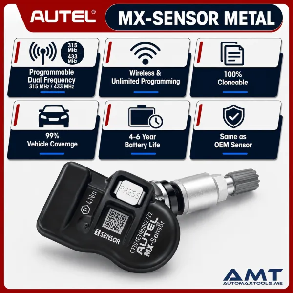<div class="et_pb_module et_pb_wc_title et_pb_wc_title_0_tb_body product-header et_pb_bg_layout_light"> <h4>Autel MX Sensor Metal is a programmable universal TPMS replacement sensor combining 315MHz and 433MHz frequencies with a durable metal valve stem for professional tire shops, workshops and TPMS service centers.</h4> The Autel 1-Sensor Metal provides wireless programming, 100% sensor-ID cloning and up to 99% supported vehicle coverage, helping technicians replace a wide range of OE TPMS sensors using a single programmable sensor platform. Built for professional TPMS servicing, it offers strong wireless communication, long 4–6 year battery life, OE-level durability and compatibility with Autel TPMS programming tools. When an original sensor ID is cloned and the replacement is returned to the same supported wheel position, an additional relearn may not be required. </div> <div class="et_pb_module et_pb_wc_description et_pb_wc_description_0_tb_body et_pb_bg_layout_light et_pb_text_align_left"> <div class="et_pb_module_inner"> <table> <thead> <tr> <th>Specification</th> <th>Autel MX Sensor Metal</th> </tr> </thead> <tbody> <tr> <td><strong>Product Name</strong></td> <td>Autel MX Sensor 1-Sensor Metal</td> </tr> <tr> <td><strong>Sensor Type</strong></td> <td>Programmable Universal TPMS Replacement Sensor</td> </tr> <tr> <td><strong>Valve Type</strong></td> <td>Metal / Aluminum Valve Stem</td> </tr> <tr> <td><strong>Operating Frequency</strong></td> <td>315MHz + 433MHz Dual Frequency</td> </tr> <tr> <td><strong>Programming</strong></td> <td>Wireless Programming with Compatible Autel TPMS Tools</td> </tr> <tr> <td><strong>ID Cloning</strong></td> <td>100% ID Cloneable</td> </tr> <tr> <td><strong>Vehicle Coverage</strong></td> <td>Up to 99% of Supported TPMS Applications</td> </tr> <tr> <td><strong>Battery Life</strong></td> <td>Approximately 4–6 Years</td> </tr> <tr> <td><strong>Battery</strong></td> <td>3.0 V</td> </tr> <tr> <td><strong>Pressure Monitoring Range</strong></td> <td>100–900 kPa</td> </tr> <tr> <td><strong>Pressure Reading Accuracy</strong></td> <td>±10 kPa</td> </tr> <tr> <td><strong>Operating Temperature</strong></td> <td>-40°C to +125°C</td> </tr> <tr> <td><strong>Storage Temperature</strong></td> <td>-40°C to +150°C</td> </tr> <tr> <td><strong>Temperature Reading Range</strong></td> <td>-40°C to +125°C</td> </tr> <tr> <td><strong>Temperature Accuracy</strong></td> <td>±5°C</td> </tr> <tr> <td><strong>Operating Humidity</strong></td> <td>90%</td> </tr> <tr> <td><strong>G-Sensor Accuracy</strong></td> <td>±15%</td> </tr> <tr> <td><strong>Transmission Power</strong></td> <td>5–8 dBm</td> </tr> <tr> <td><strong>Dimensions</strong></td> <td>54.2 × 29.4 × 19.1 mm (Sensor Body)</td> </tr> <tr> <td><strong>Weight</strong></td> <td>15.6 g Without Valve</td> </tr> <tr> <td><strong>Quality Standard</strong></td> <td>SAE J1205 / J1206 Tested & Certified</td> </tr> <tr> <td><strong>Warranty</strong></td> <td>24 Months / 24,000 Miles</td> </tr> <tr> <td><strong>Programming Tool Required</strong></td> <td>Compatible Autel TPMS Programming Tool</td> </tr> </tbody> </table> <p style="text-align: center;"><img style="max-width: 100%; height: auto;" title="Autel MX-Sensor Metal 315MHz 433MHz TPMS Sensor" src="https://m.media-amazon.com/images/I/81Fjprq-MGL._SL1500_.jpg" alt="autel mx-sensor metal programmable tpms sensor UAE" /></p> </div> </div> <div class="et_pb_module et_pb_wc_title et_pb_wc_title_0_tb_body product-header et_pb_bg_layout_light"> <h4>Autel MX Sensor Metal is a programmable universal TPMS replacement sensor combining 315MHz and 433MHz frequencies with a durable metal valve stem for professional tire shops, workshops and TPMS service centers.</h4> The Autel 1-Sensor Metal provides wireless programming, 100% sensor-ID cloning and up to 99% supported vehicle coverage, helping technicians replace a wide range of OE TPMS sensors using a single programmable sensor platform. Built for professional TPMS servicing, it offers strong wireless communication, long 4–6 year battery life, OE-level durability and compatibility with Autel TPMS programming tools. When an original sensor ID is cloned and the replacement is returned to the same supported wheel position, an additional relearn may not be required. </div> <div class="et_pb_module et_pb_wc_description et_pb_wc_description_0_tb_body et_pb_bg_layout_light et_pb_text_align_left"> <div class="et_pb_module_inner"> <table> <thead> <tr> <th>Specification</th> <th>Autel MX Sensor Metal</th> </tr> </thead> <tbody> <tr> <td><strong>Product Name</strong></td> <td>Autel MX Sensor 1-Sensor Metal</td> </tr> <tr> <td><strong>Sensor Type</strong></td> <td>Programmable Universal TPMS Replacement Sensor</td> </tr> <tr> <td><strong>Valve Type</strong></td> <td>Metal / Aluminum Valve Stem</td> </tr> <tr> <td><strong>Operating Frequency</strong></td> <td>315MHz + 433MHz Dual Frequency</td> </tr> <tr> <td><strong>Programming</strong></td> <td>Wireless Programming with Compatible Autel TPMS Tools</td> </tr> <tr> <td><strong>ID Cloning</strong></td> <td>100% ID Cloneable</td> </tr> <tr> <td><strong>Vehicle Coverage</strong></td> <td>Up to 99% of Supported TPMS Applications</td> </tr> <tr> <td><strong>Battery Life</strong></td> <td>Approximately 4–6 Years</td> </tr> <tr> <td><strong>Battery</strong></td> <td>3.0 V</td> </tr> <tr> <td><strong>Pressure Monitoring Range</strong></td> <td>100–900 kPa</td> </tr> <tr> <td><strong>Pressure Reading Accuracy</strong></td> <td>±10 kPa</td> </tr> <tr> <td><strong>Operating Temperature</strong></td> <td>-40°C to +125°C</td> </tr> <tr> <td><strong>Storage Temperature</strong></td> <td>-40°C to +150°C</td> </tr> <tr> <td><strong>Temperature Reading Range</strong></td> <td>-40°C to +125°C</td> </tr> <tr> <td><strong>Temperature Accuracy</strong></td> <td>±5°C</td> </tr> <tr> <td><strong>Operating Humidity</strong></td> <td>90%</td> </tr> <tr> <td><strong>G-Sensor Accuracy</strong></td> <td>±15%</td> </tr> <tr> <td><strong>Transmission Power</strong></td> <td>5–8 dBm</td> </tr> <tr> <td><strong>Dimensions</strong></td> <td>54.2 × 29.4 × 19.1 mm (Sensor Body)</td> </tr> <tr> <td><strong>Weight</strong></td> <td>15.6 g Without Valve</td> </tr> <tr> <td><strong>Quality Standard</strong></td> <td>SAE J1205 / J1206 Tested & Certified</td> </tr> <tr> <td><strong>Warranty</strong></td> <td>24 Months / 24,000 Miles</td> </tr> <tr> <td><strong>Programming Tool Required</strong></td> <td>Compatible Autel TPMS Programming Tool</td> </tr> </tbody> </table> <p style="text-align: center;"><img style="max-width: 100%; height: auto;" title="Autel MX-Sensor Metal 315MHz 433MHz TPMS Sensor" src="https://m.media-amazon.com/images/I/81Fjprq-MGL._SL1500_.jpg" alt="autel mx-sensor metal programmable tpms sensor UAE" /></p> </div> </div>