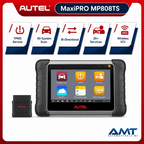 <div class="et_pb_module et_pb_wc_title et_pb_wc_title_0_tb_body product-header et_pb_bg_layout_light">
<h4>The Autel MaxiPRO MP808TS combines OE-level all-system diagnostics with complete professional TPMS service capability in one compact wireless platform. It is designed for workshops that want full diagnostics, bi-directional active tests, maintenance functions and advanced tire-pressure monitoring service without carrying separate diagnostic and TPMS tools.</h4>
The MP808TS performs full-system scans, reads and clears DTCs, displays live data, accesses ECU information, performs active tests and provides common service functions. Its TPMS functions include complete TPMS health checks, sensor activation, Autel MX-Sensor programming, OBD relearn coverage and on-screen relearn procedures. The 7-inch Android tablet uses a 1.6GHz quad-core processor, 64GB storage and a 5,000mAh battery. Autel also lists compatibility with a videoscope and the MaxiBAS BT506 for battery analysis.
</div>
<div class="et_pb_module et_pb_wc_description et_pb_wc_description_0_tb_body et_pb_bg_layout_light et_pb_text_align_left">
<div class="et_pb_module_inner">
<table>
<thead><tr><th>Specification</th><th>MaxiPRO MP808TS</th></tr></thead>
<tbody>
<tr><td>Product Type</td><td>All-System Diagnostic & Advanced TPMS Scanner</td></tr>
<tr><td>Model</td><td>MaxiPRO MP808TS</td></tr>
<tr><td>Display</td><td>7″ Touchscreen, 1024 × 600</td></tr>
<tr><td>Operating System</td><td>Android 4.4.2</td></tr>
<tr><td>Processor</td><td>Cortex-A9 Quad-Core, 1.6GHz</td></tr>
<tr><td>Memory</td><td>64GB Storage</td></tr>
<tr><td>Battery</td><td>5,000mAh</td></tr>
<tr><td>Vehicle Communication</td><td>Wireless Bluetooth</td></tr>
<tr><td>All-System Diagnostics</td><td>OE-Level</td></tr>
<tr><td>Bi-Directional Control</td><td>Yes – Active Tests</td></tr>
<tr><td>Service Functions</td><td>Supported</td></tr>
<tr><td>Advanced TPMS Diagnostics</td><td>Yes</td></tr>
<tr><td>Sensor Activation</td><td>Up to 98% of known TPMS sensors per Autel</td></tr>
<tr><td>MX-Sensor Programming</td><td>Supported</td></tr>
<tr><td>TPMS OBD Relearn</td><td>Supported</td></tr>
<tr><td>On-Screen Relearn Procedures</td><td>Supported</td></tr>
<tr><td>Battery Analysis</td><td>Supported with optional MaxiBAS BT506</td></tr>
<tr><td>Videoscope</td><td>Compatible</td></tr>
<tr><td>Vehicle Coverage</td><td>80+ US, Asian & European Makes</td></tr>
<tr><td>Software Updates</td><td>2 Years Included</td></tr>
<tr><td>Warranty</td><td>1 Year Limited Warranty</td></tr>
</tbody>
</table>
&nbsp; <strong>Autel MaxiPRO MP808TS Official Information</strong>
<a href="https://www.autel.com/mk3/3236.jhtml" target="_blank" rel="noopener">
View Official Autel MaxiPRO MP808TS Product Page
</a> <a href="https://automaxtools.me/wp-content/uploads/2019/12/MP808S-TS-PF-copy.png">
<img class="aligncenter" src="https://automaxtools.me/wp-content/uploads/2019/12/MP808S-TS-PF-copy.png" alt="Autel MaxiPRO MP808TS professional automotive tool UAE" width="807" height="807" />
</a> </div>
</div>
<h3><span style="color: #d2322a;">
<strong>1 Year Warranty. 2 Year Free Software Updates.</strong>
</span></h3>
<h4 style="color: red;">IP Restriction (works only in India, Middle East and Africa).</h4> <div class="et_pb_module et_pb_wc_title et_pb_wc_title_0_tb_body product-header et_pb_bg_layout_light">
<h4>The Autel MaxiPRO MP808TS combines OE-level all-system diagnostics with complete professional TPMS service capability in one compact wireless platform. It is designed for workshops that want full diagnostics, bi-directional active tests, maintenance functions and advanced tire-pressure monitoring service without carrying separate diagnostic and TPMS tools.</h4>
The MP808TS performs full-system scans, reads and clears DTCs, displays live data, accesses ECU information, performs active tests and provides common service functions. Its TPMS functions include complete TPMS health checks, sensor activation, Autel MX-Sensor programming, OBD relearn coverage and on-screen relearn procedures. The 7-inch Android tablet uses a 1.6GHz quad-core processor, 64GB storage and a 5,000mAh battery. Autel also lists compatibility with a videoscope and the MaxiBAS BT506 for battery analysis.
</div>
<div class="et_pb_module et_pb_wc_description et_pb_wc_description_0_tb_body et_pb_bg_layout_light et_pb_text_align_left">
<div class="et_pb_module_inner">
<table>
<thead><tr><th>Specification</th><th>MaxiPRO MP808TS</th></tr></thead>
<tbody>
<tr><td>Product Type</td><td>All-System Diagnostic & Advanced TPMS Scanner</td></tr>
<tr><td>Model</td><td>MaxiPRO MP808TS</td></tr>
<tr><td>Display</td><td>7″ Touchscreen, 1024 × 600</td></tr>
<tr><td>Operating System</td><td>Android 4.4.2</td></tr>
<tr><td>Processor</td><td>Cortex-A9 Quad-Core, 1.6GHz</td></tr>
<tr><td>Memory</td><td>64GB Storage</td></tr>
<tr><td>Battery</td><td>5,000mAh</td></tr>
<tr><td>Vehicle Communication</td><td>Wireless Bluetooth</td></tr>
<tr><td>All-System Diagnostics</td><td>OE-Level</td></tr>
<tr><td>Bi-Directional Control</td><td>Yes – Active Tests</td></tr>
<tr><td>Service Functions</td><td>Supported</td></tr>
<tr><td>Advanced TPMS Diagnostics</td><td>Yes</td></tr>
<tr><td>Sensor Activation</td><td>Up to 98% of known TPMS sensors per Autel</td></tr>
<tr><td>MX-Sensor Programming</td><td>Supported</td></tr>
<tr><td>TPMS OBD Relearn</td><td>Supported</td></tr>
<tr><td>On-Screen Relearn Procedures</td><td>Supported</td></tr>
<tr><td>Battery Analysis</td><td>Supported with optional MaxiBAS BT506</td></tr>
<tr><td>Videoscope</td><td>Compatible</td></tr>
<tr><td>Vehicle Coverage</td><td>80+ US, Asian & European Makes</td></tr>
<tr><td>Software Updates</td><td>2 Years Included</td></tr>
<tr><td>Warranty</td><td>1 Year Limited Warranty</td></tr>
</tbody>
</table>
&nbsp; <strong>Autel MaxiPRO MP808TS Official Information</strong>
<a href="https://www.autel.com/mk3/3236.jhtml" target="_blank" rel="noopener">
View Official Autel MaxiPRO MP808TS Product Page
</a> <a href="https://automaxtools.me/wp-content/uploads/2019/12/MP808S-TS-PF-copy.png">
<img class="aligncenter" src="https://automaxtools.me/wp-content/uploads/2019/12/MP808S-TS-PF-copy.png" alt="Autel MaxiPRO MP808TS professional automotive tool UAE" width="807" height="807" />
</a> </div>
</div>
<h3><span style="color: #d2322a;">
<strong>1 Year Warranty. 2 Year Free Software Updates.</strong>
</span></h3>
<h4 style="color: red;">IP Restriction (works only in India, Middle East and Africa).</h4>