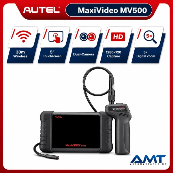 <div class="et_pb_module et_pb_wc_title et_pb_wc_title_0_tb_body product-header et_pb_bg_layout_light">
<h4>The Autel MaxiVideo MV500 is a professional wireless digital inspection camera designed for automotive, HVAC, electrical, mechanical and facility inspection. Its separate 5-inch touchscreen tablet can receive live inspection images wirelessly from the camera handle at distances of up to approximately 30 meters under suitable conditions.</h4>
The MV500 uses a dual-camera inspection probe with 1280 × 720 image and video capture, an 8.5mm imager head, adjustable LED illumination and a 1-meter flexible inspection cable. The camera head and cable are water-resistant for inspection work in difficult-to-reach areas. The Android-based tablet includes a 1.6GHz quad-core processor, 1GB RAM, 16GB storage and a 5-inch 1280 × 720 touchscreen. Images and videos can be saved for documentation and transferred to a computer.
</div>
<div class="et_pb_module et_pb_wc_description et_pb_wc_description_0_tb_body et_pb_bg_layout_light et_pb_text_align_left">
<div class="et_pb_module_inner">
<table>
<thead><tr><th>Specification</th><th>MaxiVideo MV500</th></tr></thead>
<tbody>
<tr><td>Product Type</td><td>Wireless Digital Inspection Camera / Videoscope</td></tr>
<tr><td>Model</td><td>MaxiVideo MV500</td></tr>
<tr><td>Display</td><td>5″ Capacitive Touchscreen, 1280 × 720</td></tr>
<tr><td>Operating System</td><td>Android 4.4.2</td></tr>
<tr><td>Processor</td><td>Cortex-A9 Quad-Core, 1.6GHz</td></tr>
<tr><td>Tablet Memory</td><td>1GB RAM + 16GB Storage</td></tr>
<tr><td>Wireless Range</td><td>Up to 30m under suitable conditions</td></tr>
<tr><td>Wireless Standard</td><td>Wi-Fi 802.11 b/g/n</td></tr>
<tr><td>Camera Configuration</td><td>Dual-Camera Inspection Probe</td></tr>
<tr><td>Image Capture</td><td>JPG, 1280 × 720</td></tr>
<tr><td>Video Capture</td><td>H.264, 1280 × 720</td></tr>
<tr><td>Digital Zoom</td><td>Up to 5×</td></tr>
<tr><td>Imager Head</td><td>8.5mm</td></tr>
<tr><td>Cable Reach</td><td>1m / 39.4″</td></tr>
<tr><td>Lighting</td><td>Adjustable LED Illumination</td></tr>
<tr><td>Water Resistance</td><td>Imager Head & Cable to approx. 1.6m depth</td></tr>
<tr><td>Tablet Battery</td><td>3,200mAh</td></tr>
<tr><td>Handle Battery</td><td>2,600mAh</td></tr>
<tr><td>Software Updates</td><td>2 Years Included</td></tr>
<tr><td>Warranty</td><td>1 Year Limited Warranty</td></tr>
</tbody>
</table>
&nbsp; <strong>Autel MaxiVideo MV500 Official Information</strong>
<a href="https://www.autel.com/special/3275.jhtml" target="_blank" rel="noopener">
View Official Autel MaxiVideo MV500 Product Page
</a> <a href="https://automaxtools.me/wp-content/uploads/2019/12/maxivideo-mv500.jpg">
<img class="aligncenter" src="https://automaxtools.me/wp-content/uploads/2019/12/maxivideo-mv500.jpg" alt="Autel MaxiVideo MV500 professional automotive tool UAE" width="807" height="807" />
</a> </div>
</div>
<h3><span style="color: #d2322a;">
<strong>1 Year Warranty. 2 Year Free Software Updates.</strong>
</span></h3>
<h4 style="color: red;">IP Restriction (works only in India, Middle East and Africa).</h4> <div class="et_pb_module et_pb_wc_title et_pb_wc_title_0_tb_body product-header et_pb_bg_layout_light">
<h4>The Autel MaxiVideo MV500 is a professional wireless digital inspection camera designed for automotive, HVAC, electrical, mechanical and facility inspection. Its separate 5-inch touchscreen tablet can receive live inspection images wirelessly from the camera handle at distances of up to approximately 30 meters under suitable conditions.</h4>
The MV500 uses a dual-camera inspection probe with 1280 × 720 image and video capture, an 8.5mm imager head, adjustable LED illumination and a 1-meter flexible inspection cable. The camera head and cable are water-resistant for inspection work in difficult-to-reach areas. The Android-based tablet includes a 1.6GHz quad-core processor, 1GB RAM, 16GB storage and a 5-inch 1280 × 720 touchscreen. Images and videos can be saved for documentation and transferred to a computer.
</div>
<div class="et_pb_module et_pb_wc_description et_pb_wc_description_0_tb_body et_pb_bg_layout_light et_pb_text_align_left">
<div class="et_pb_module_inner">
<table>
<thead><tr><th>Specification</th><th>MaxiVideo MV500</th></tr></thead>
<tbody>
<tr><td>Product Type</td><td>Wireless Digital Inspection Camera / Videoscope</td></tr>
<tr><td>Model</td><td>MaxiVideo MV500</td></tr>
<tr><td>Display</td><td>5″ Capacitive Touchscreen, 1280 × 720</td></tr>
<tr><td>Operating System</td><td>Android 4.4.2</td></tr>
<tr><td>Processor</td><td>Cortex-A9 Quad-Core, 1.6GHz</td></tr>
<tr><td>Tablet Memory</td><td>1GB RAM + 16GB Storage</td></tr>
<tr><td>Wireless Range</td><td>Up to 30m under suitable conditions</td></tr>
<tr><td>Wireless Standard</td><td>Wi-Fi 802.11 b/g/n</td></tr>
<tr><td>Camera Configuration</td><td>Dual-Camera Inspection Probe</td></tr>
<tr><td>Image Capture</td><td>JPG, 1280 × 720</td></tr>
<tr><td>Video Capture</td><td>H.264, 1280 × 720</td></tr>
<tr><td>Digital Zoom</td><td>Up to 5×</td></tr>
<tr><td>Imager Head</td><td>8.5mm</td></tr>
<tr><td>Cable Reach</td><td>1m / 39.4″</td></tr>
<tr><td>Lighting</td><td>Adjustable LED Illumination</td></tr>
<tr><td>Water Resistance</td><td>Imager Head & Cable to approx. 1.6m depth</td></tr>
<tr><td>Tablet Battery</td><td>3,200mAh</td></tr>
<tr><td>Handle Battery</td><td>2,600mAh</td></tr>
<tr><td>Software Updates</td><td>2 Years Included</td></tr>
<tr><td>Warranty</td><td>1 Year Limited Warranty</td></tr>
</tbody>
</table>
&nbsp; <strong>Autel MaxiVideo MV500 Official Information</strong>
<a href="https://www.autel.com/special/3275.jhtml" target="_blank" rel="noopener">
View Official Autel MaxiVideo MV500 Product Page
</a> <a href="https://automaxtools.me/wp-content/uploads/2019/12/maxivideo-mv500.jpg">
<img class="aligncenter" src="https://automaxtools.me/wp-content/uploads/2019/12/maxivideo-mv500.jpg" alt="Autel MaxiVideo MV500 professional automotive tool UAE" width="807" height="807" />
</a> </div>
</div>
<h3><span style="color: #d2322a;">
<strong>1 Year Warranty. 2 Year Free Software Updates.</strong>
</span></h3>
<h4 style="color: red;">IP Restriction (works only in India, Middle East and Africa).</h4>