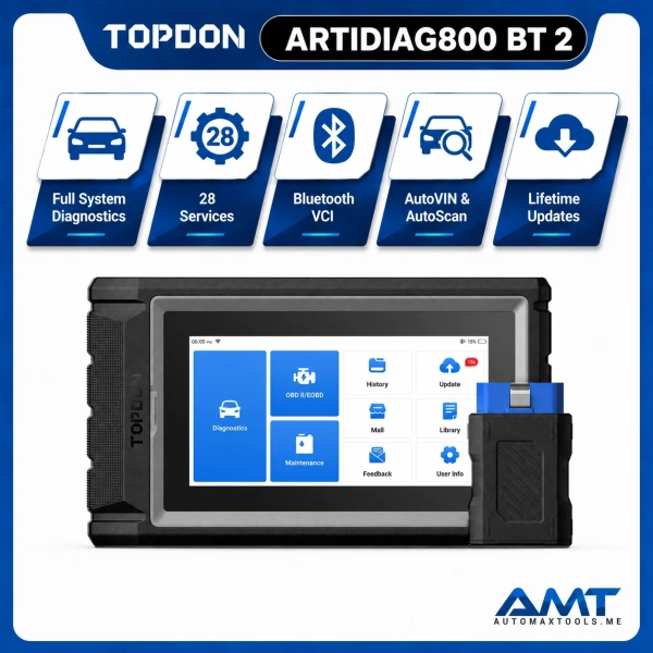 TOPDON_ARTIDIAG800_BT_2_WEB <p><strong>TOPDON ArtiDiag800 BT 2</strong> is a compact wireless full-system diagnostic scanner for modern workshops, mobile mechanics, and advanced users.</p><p>It combines <strong>Bluetooth diagnostics</strong>, <strong>Active Tests</strong>, <strong>28 maintenance services</strong>, <strong>CAN-FD support</strong>, and <strong>FCA Secure Gateway access</strong> in one portable package.</p><h3>Key Features</h3><ul><li>Full-System Diagnostics</li><li>Wireless Bluetooth VCI</li><li>Active Test / Bi-Directional Control</li><li><strong>28 Maintenance Services</strong></li><li><strong>CAN-FD Support</strong></li><li><strong>FCA Secure Gateway Access</strong></li><li>AutoVIN</li><li>Live Data & Graphing</li><li>DTC Read & Clear</li><li>Health Report</li><li><strong>3 Years Software Updates / Access – Middle East Package</strong></li><li><strong>2 Years Software Updates / Access – Other Regions</strong></li></ul> <p><strong>TOPDON ArtiDiag800 BT 2</strong> is a compact wireless full-system diagnostic scanner for modern workshops, mobile mechanics, and advanced users.</p><p>It combines <strong>Bluetooth diagnostics</strong>, <strong>Active Tests</strong>, <strong>28 maintenance services</strong>, <strong>CAN-FD support</strong>, and <strong>FCA Secure Gateway access</strong> in one portable package.</p><h3>Key Features</h3><ul><li>Full-System Diagnostics</li><li>Wireless Bluetooth VCI</li><li>Active Test / Bi-Directional Control</li><li><strong>28 Maintenance Services</strong></li><li><strong>CAN-FD Support</strong></li><li><strong>FCA Secure Gateway Access</strong></li><li>AutoVIN</li><li>Live Data & Graphing</li><li>DTC Read & Clear</li><li>Health Report</li><li><strong>3 Years Software Updates / Access – Middle East Package</strong></li><li><strong>2 Years Software Updates / Access – Other Regions</strong></li></ul>