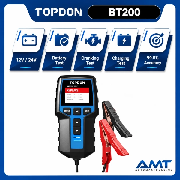 <strong>TOPDON BT200</strong> is a professional battery and charging-system tester designed to evaluate <strong>12V batteries and 12V/24V starting and charging systems</strong>. It performs battery health, cranking and charging tests with TOPDON-stated <strong>99.5% testing accuracy</strong> and supports batteries rated from <strong>100–2000 CCA</strong>. <h3>Key Features</h3> <ul> <li>12V Battery Testing</li> <li>12V / 24V Cranking & Charging System Testing</li> <li>Battery Health Test</li> <li>Cranking Test</li> <li>Charging System Test</li> <li><strong>99.5% Testing Accuracy</strong></li> <li><strong>100–2000 CCA Range</strong></li> <li>30Ah–220Ah Battery Range</li> <li>2.4" Color LCD</li> <li>320 × 240 Resolution</li> <li>Lead-Acid Battery Support</li> <li>Reverse-Polarity Protection</li> </ul> <strong>TOPDON BT200</strong> is a professional battery and charging-system tester designed to evaluate <strong>12V batteries and 12V/24V starting and charging systems</strong>. It performs battery health, cranking and charging tests with TOPDON-stated <strong>99.5% testing accuracy</strong> and supports batteries rated from <strong>100–2000 CCA</strong>. <h3>Key Features</h3> <ul> <li>12V Battery Testing</li> <li>12V / 24V Cranking & Charging System Testing</li> <li>Battery Health Test</li> <li>Cranking Test</li> <li>Charging System Test</li> <li><strong>99.5% Testing Accuracy</strong></li> <li><strong>100–2000 CCA Range</strong></li> <li>30Ah–220Ah Battery Range</li> <li>2.4" Color LCD</li> <li>320 × 240 Resolution</li> <li>Lead-Acid Battery Support</li> <li>Reverse-Polarity Protection</li> </ul>