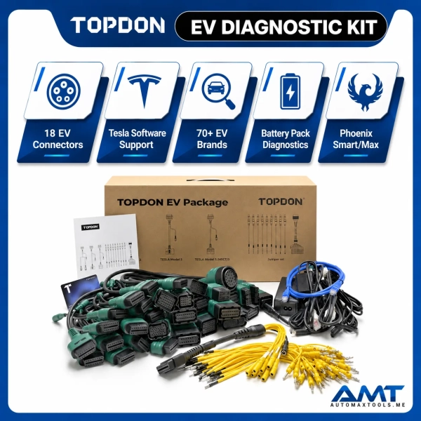 <p><strong>TOPDON EV Diagnostic Kit</strong> expands compatible Phoenix Max and Phoenix Smart scanners with specialized electric-vehicle diagnostics and high-voltage battery-pack functions.</p>
<p>The kit supports <strong>70+ EV brands</strong>, includes <strong>18 EV connectors</strong>, a jumper set and Tesla software support, and enables dedicated EV battery-pack performance diagnostics on supported vehicles.</p>
<h3>Key Features</h3>
<ul>
<li>Specialized EV Diagnostic Package</li>
<li><strong>70+ EV Brand Coverage</strong></li>
<li><strong>18 EV Connectors</strong></li>
<li>Battery Pack Performance Diagnostics</li>
<li>Read ECU Version Information</li>
<li>Read & Clear Fault Codes</li>
<li>Live Data Streams</li>
<li>Actuation Tests</li>
<li>Special Functions</li>
<li>Tesla Software Support</li>
<li>Jumper Kit Included</li>
<li>Compatible with Phoenix Max & Phoenix Smart</li>
<li><strong>3 Years Free Software Updates – Middle East Region</strong></li>
<li><strong>2 Years Free Software Updates – Other Regions</strong></li>
</ul> <p><strong>TOPDON EV Diagnostic Kit</strong> expands compatible Phoenix Max and Phoenix Smart scanners with specialized electric-vehicle diagnostics and high-voltage battery-pack functions.</p>
<p>The kit supports <strong>70+ EV brands</strong>, includes <strong>18 EV connectors</strong>, a jumper set and Tesla software support, and enables dedicated EV battery-pack performance diagnostics on supported vehicles.</p>
<h3>Key Features</h3>
<ul>
<li>Specialized EV Diagnostic Package</li>
<li><strong>70+ EV Brand Coverage</strong></li>
<li><strong>18 EV Connectors</strong></li>
<li>Battery Pack Performance Diagnostics</li>
<li>Read ECU Version Information</li>
<li>Read & Clear Fault Codes</li>
<li>Live Data Streams</li>
<li>Actuation Tests</li>
<li>Special Functions</li>
<li>Tesla Software Support</li>
<li>Jumper Kit Included</li>
<li>Compatible with Phoenix Max & Phoenix Smart</li>
<li><strong>3 Years Free Software Updates – Middle East Region</strong></li>
<li><strong>2 Years Free Software Updates – Other Regions</strong></li>
</ul>