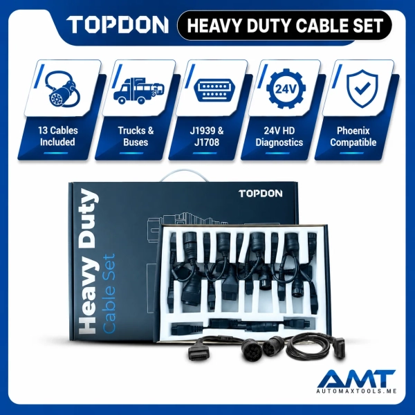 <p><strong>TOPDON Heavy-Duty Software & Cable Set</strong> expands compatible Phoenix professional scanners with diagnostic coverage for trucks, buses, commercial vehicles and machinery.</p>
<p>The verified package includes <strong>1 year of Heavy-Duty diagnostic software</strong>, a <strong>6-pin connector</strong> and <strong>9-pin connector</strong> support for compatible heavy-duty diagnostic ports.</p>
<h3>Key Features</h3>
<ul>
<li>Heavy-Duty Diagnostic Software Expansion</li>
<li><strong>1 Year Heavy-Duty Software</strong></li>
<li>6-Pin Heavy-Duty Connector</li>
<li>9-Pin Heavy-Duty Connector</li>
<li>9-Pin Type 1 & Type 2 Compatibility</li>
<li>Truck Diagnostic Coverage</li>
<li>Bus Diagnostic Coverage</li>
<li>Commercial Vehicle & Machinery Coverage</li>
<li>Compatible with Phoenix Max</li>
<li>Compatible with Phoenix Smart</li>
<li>Compatible with Phoenix Remote</li>
<li>Compatible with Phoenix XLink</li>
</ul> <p><strong>TOPDON Heavy-Duty Software & Cable Set</strong> expands compatible Phoenix professional scanners with diagnostic coverage for trucks, buses, commercial vehicles and machinery.</p>
<p>The verified package includes <strong>1 year of Heavy-Duty diagnostic software</strong>, a <strong>6-pin connector</strong> and <strong>9-pin connector</strong> support for compatible heavy-duty diagnostic ports.</p>
<h3>Key Features</h3>
<ul>
<li>Heavy-Duty Diagnostic Software Expansion</li>
<li><strong>1 Year Heavy-Duty Software</strong></li>
<li>6-Pin Heavy-Duty Connector</li>
<li>9-Pin Heavy-Duty Connector</li>
<li>9-Pin Type 1 & Type 2 Compatibility</li>
<li>Truck Diagnostic Coverage</li>
<li>Bus Diagnostic Coverage</li>
<li>Commercial Vehicle & Machinery Coverage</li>
<li>Compatible with Phoenix Max</li>
<li>Compatible with Phoenix Smart</li>
<li>Compatible with Phoenix Remote</li>
<li>Compatible with Phoenix XLink</li>
</ul>