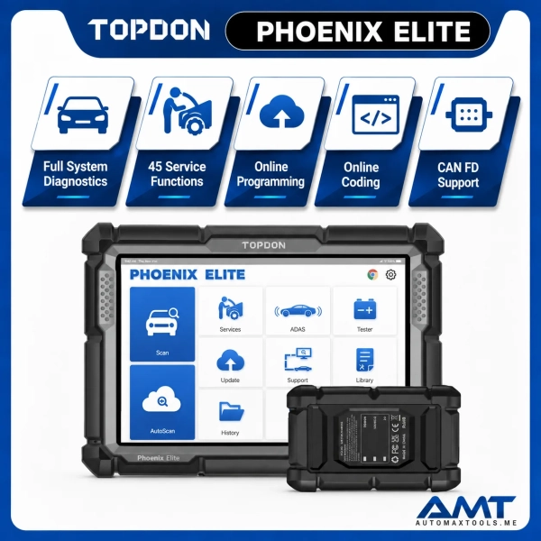 TOPDON_PHOENIX_ELITE_WEB <p><strong>TOPDON Phoenix Elite</strong> is a professional OE-level automotive diagnostic scanner with full-system diagnostics, <strong>45 service functions</strong>, topology mapping, active tests, online coding and online ECU programming for supported brands.</p>
<p>It features a <strong>10.1-inch display</strong>, Android 10, <strong>4GB RAM / 64GB storage</strong>, a 12,000mAh battery and a wireless VCI with <strong>CAN FD</strong> support.</p>
<h3>Key Features</h3>
<ul>
<li><strong>45 Service & Maintenance Functions</strong></li>
<li>OE-Level Full-System Diagnostics</li>
<li>Online ECU Programming for Supported Brands</li>
<li>Online ECU Coding</li>
<li>Bi-Directional / Active Tests</li>
<li>Topology Mapping</li>
<li>CAN FD Support</li>
<li>VAG Guided Functions</li>
<li>FCA Secure Gateway Access</li>
<li>ADAS Expansion Compatible</li>
<li>AutoVIN</li>
<li>Pre-Scan / Post-Scan Reporting</li>
<li>10.1" Display</li>
<li>Android 10</li>
<li>4GB RAM / 64GB Storage</li>
<li>12,000mAh Battery</li>
<li><strong>3 Years Free Software Updates – Middle East Region</strong></li>
<li><strong>2 Years Free Software Updates – Other Regions</strong></li>
</ul>
<p><em>Phoenix Elite supports CAN FD but does not provide the same J2534/DoIP protocol package as Phoenix Smart/Max/Remote.</em></p> <p><strong>TOPDON Phoenix Elite</strong> is a professional OE-level automotive diagnostic scanner with full-system diagnostics, <strong>45 service functions</strong>, topology mapping, active tests, online coding and online ECU programming for supported brands.</p>
<p>It features a <strong>10.1-inch display</strong>, Android 10, <strong>4GB RAM / 64GB storage</strong>, a 12,000mAh battery and a wireless VCI with <strong>CAN FD</strong> support.</p>
<h3>Key Features</h3>
<ul>
<li><strong>45 Service & Maintenance Functions</strong></li>
<li>OE-Level Full-System Diagnostics</li>
<li>Online ECU Programming for Supported Brands</li>
<li>Online ECU Coding</li>
<li>Bi-Directional / Active Tests</li>
<li>Topology Mapping</li>
<li>CAN FD Support</li>
<li>VAG Guided Functions</li>
<li>FCA Secure Gateway Access</li>
<li>ADAS Expansion Compatible</li>
<li>AutoVIN</li>
<li>Pre-Scan / Post-Scan Reporting</li>
<li>10.1" Display</li>
<li>Android 10</li>
<li>4GB RAM / 64GB Storage</li>
<li>12,000mAh Battery</li>
<li><strong>3 Years Free Software Updates – Middle East Region</strong></li>
<li><strong>2 Years Free Software Updates – Other Regions</strong></li>
</ul>
<p><em>Phoenix Elite supports CAN FD but does not provide the same J2534/DoIP protocol package as Phoenix Smart/Max/Remote.</em></p>