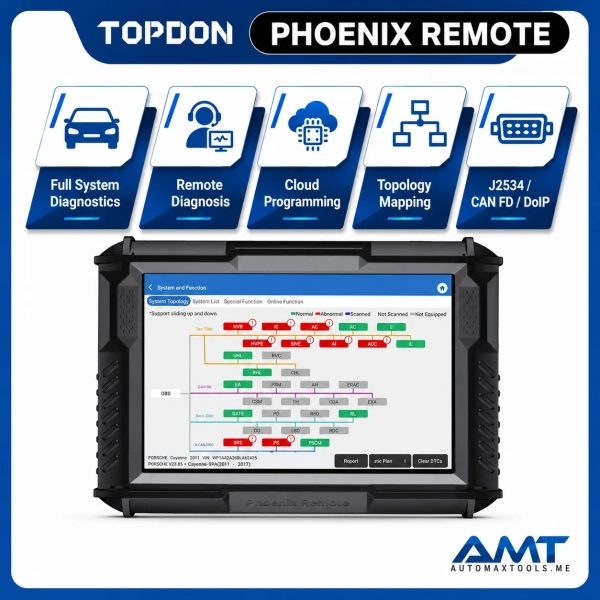 <p><strong>TOPDON Phoenix Remote</strong> is a professional OE-level diagnostic platform built around <strong>remote and local diagnosis</strong>, allowing workshops to connect with remote experts while maintaining full in-shop diagnostic capability.</p>
<p>TOPDON states that Phoenix Remote shares a similar software configuration with Phoenix Max. It combines full-system diagnostics, <strong>41 service functions</strong>, cloud-based ECU programming, online coding, topology mapping and modern communication protocols through its MDCI.</p>
<h3>Key Features</h3>
<ul>
<li><strong>41 Service & Maintenance Functions</strong></li>
<li>Remote Expert / Remote Diagnosis</li>
<li>Local Intelligent Diagnosis</li>
<li>OE-Level Full-System Diagnostics</li>
<li>Cloud-Based ECU Programming for 9+ Brands</li>
<li>Online Coding</li>
<li>Topology Mapping</li>
<li>200+ Vehicle Makes / Models</li>
<li>J2534 Pass-Thru</li>
<li>CAN FD</li>
<li>DoIP</li>
<li>D-PDU</li>
<li>RP1210</li>
<li>FCA Secure Gateway Access</li>
<li>VAG Guided Procedures</li>
<li>10.1" Display</li>
<li>Android 10</li>
<li>4GB RAM / 128GB Storage</li>
<li><strong>3 Years Free Software Updates – Middle East Region</strong></li>
<li><strong>2 Years Free Software Updates – Other Regions</strong></li>
</ul>
<p><em>Service-function count follows TOPDON's stated Max/Remote similar software configuration; vehicle availability varies by make, model and year.</em></p> <p><strong>TOPDON Phoenix Remote</strong> is a professional OE-level diagnostic platform built around <strong>remote and local diagnosis</strong>, allowing workshops to connect with remote experts while maintaining full in-shop diagnostic capability.</p>
<p>TOPDON states that Phoenix Remote shares a similar software configuration with Phoenix Max. It combines full-system diagnostics, <strong>41 service functions</strong>, cloud-based ECU programming, online coding, topology mapping and modern communication protocols through its MDCI.</p>
<h3>Key Features</h3>
<ul>
<li><strong>41 Service & Maintenance Functions</strong></li>
<li>Remote Expert / Remote Diagnosis</li>
<li>Local Intelligent Diagnosis</li>
<li>OE-Level Full-System Diagnostics</li>
<li>Cloud-Based ECU Programming for 9+ Brands</li>
<li>Online Coding</li>
<li>Topology Mapping</li>
<li>200+ Vehicle Makes / Models</li>
<li>J2534 Pass-Thru</li>
<li>CAN FD</li>
<li>DoIP</li>
<li>D-PDU</li>
<li>RP1210</li>
<li>FCA Secure Gateway Access</li>
<li>VAG Guided Procedures</li>
<li>10.1" Display</li>
<li>Android 10</li>
<li>4GB RAM / 128GB Storage</li>
<li><strong>3 Years Free Software Updates – Middle East Region</strong></li>
<li><strong>2 Years Free Software Updates – Other Regions</strong></li>
</ul>
<p><em>Service-function count follows TOPDON's stated Max/Remote similar software configuration; vehicle availability varies by make, model and year.</em></p>