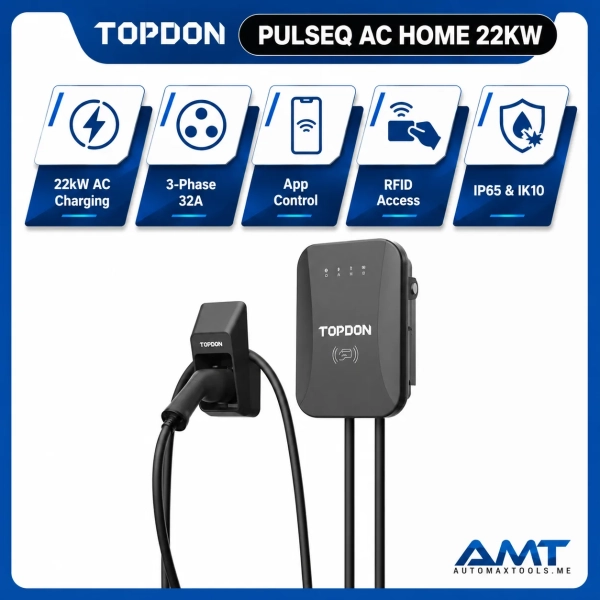 TOPDON_PULSEQ_AC_HOME_22KW_WEB <p><strong>TOPDON PulseQ AC Home 22kW</strong> is a higher-output smart AC EV charger for homes, commercial parking, and demanding EV charging setups.</p><p>It offers up to <strong>22kW AC charging</strong> with a <strong>Type 2 connector</strong>, smartphone app management, and a practical wall-mount design.</p><h3>Key Features</h3><ul><li><strong>22kW AC Charging</strong></li><li>Type 2 Connector</li><li>App Control</li><li>Charging Schedule & Monitoring</li><li>Smart Charging Management</li><li>Wall-Mount Installation</li><li>Suitable for Home / Commercial Use</li></ul> <p><strong>TOPDON PulseQ AC Home 22kW</strong> is a higher-output smart AC EV charger for homes, commercial parking, and demanding EV charging setups.</p><p>It offers up to <strong>22kW AC charging</strong> with a <strong>Type 2 connector</strong>, smartphone app management, and a practical wall-mount design.</p><h3>Key Features</h3><ul><li><strong>22kW AC Charging</strong></li><li>Type 2 Connector</li><li>App Control</li><li>Charging Schedule & Monitoring</li><li>Smart Charging Management</li><li>Wall-Mount Installation</li><li>Suitable for Home / Commercial Use</li></ul>
