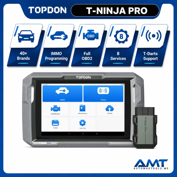 <p><strong>TOPDON T-Ninja Pro</strong> is a specialized key programming and immobilizer tool with added OBD2 diagnostics and service functions.</p><p>It supports <strong>PIN reading</strong>, <strong>key learning</strong>, <strong>remote learning</strong>, <strong>all keys lost</strong> functions, plus <strong>OBD2 diagnostics</strong> and <strong>8 maintenance services</strong>.</p><h3>Key Features</h3><ul><li>Key Programming</li><li>PIN Reading</li><li>Key Learning</li><li>Remote Learning</li><li>Delete Keys</li><li>All Keys Lost Functions</li><li>Full OBD2 Diagnostics</li><li><strong>8 Maintenance Services</strong></li><li>T-Darts Compatibility (Optional)</li><li>Chip Recognition / Frequency Detection</li><li><strong>3 Years Software Updates / Access – Middle East Package</strong></li><li><strong>2 Years Software Updates / Access – Other Regions</strong></li></ul> <p><strong>TOPDON T-Ninja Pro</strong> is a specialized key programming and immobilizer tool with added OBD2 diagnostics and service functions.</p><p>It supports <strong>PIN reading</strong>, <strong>key learning</strong>, <strong>remote learning</strong>, <strong>all keys lost</strong> functions, plus <strong>OBD2 diagnostics</strong> and <strong>8 maintenance services</strong>.</p><h3>Key Features</h3><ul><li>Key Programming</li><li>PIN Reading</li><li>Key Learning</li><li>Remote Learning</li><li>Delete Keys</li><li>All Keys Lost Functions</li><li>Full OBD2 Diagnostics</li><li><strong>8 Maintenance Services</strong></li><li>T-Darts Compatibility (Optional)</li><li>Chip Recognition / Frequency Detection</li><li><strong>3 Years Software Updates / Access – Middle East Package</strong></li><li><strong>2 Years Software Updates / Access – Other Regions</strong></li></ul>