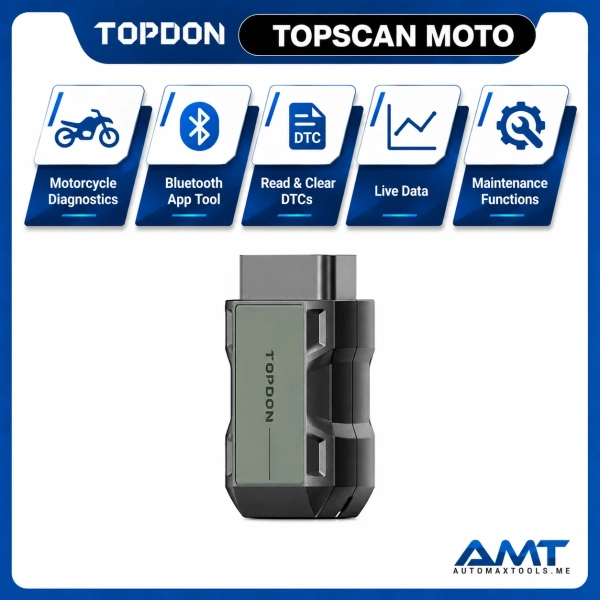 <p><strong>TOPDON TopScan Moto</strong> turns a compatible smartphone into a wireless motorcycle diagnostic tool for full-system scanning, live data, maintenance functions and active testing.</p>
<p>It can access up to approximately <strong>20 internal motorcycle systems</strong> on supported models and provides Bluetooth 5.0 connectivity with a working distance of up to about <strong>10 meters</strong>.</p>
<h3>Key Features</h3>
<ul>
<li>Motorcycle Full-System Diagnostics</li>
<li>Up to 20 Internal System Coverage</li>
<li>Read & Clear DTCs</li>
<li>Live Data</li>
<li>One-Click Scan & Clear</li>
<li>Bi-Directional / Active Tests on Supported Bikes</li>
<li>Maintenance Functions</li>
<li>Oil Maintenance Reset</li>
<li>Service Indicator Adjustment</li>
<li>AutoVIN Vehicle Identification</li>
<li>Bluetooth 5.0 / Up to 10m</li>
<li>iOS & Android Smartphone App</li>
<li><strong>3 Years Software Access / Updates – Automax Tools Middle East Package</strong></li>
<li><strong>2 Years Software Access / Updates – Other Eligible Automax Tools Regions</strong></li>
</ul>
<p><em>Motorcycle coverage and functions vary by make, model and required adapter cable.</em></p> <p><strong>TOPDON TopScan Moto</strong> turns a compatible smartphone into a wireless motorcycle diagnostic tool for full-system scanning, live data, maintenance functions and active testing.</p>
<p>It can access up to approximately <strong>20 internal motorcycle systems</strong> on supported models and provides Bluetooth 5.0 connectivity with a working distance of up to about <strong>10 meters</strong>.</p>
<h3>Key Features</h3>
<ul>
<li>Motorcycle Full-System Diagnostics</li>
<li>Up to 20 Internal System Coverage</li>
<li>Read & Clear DTCs</li>
<li>Live Data</li>
<li>One-Click Scan & Clear</li>
<li>Bi-Directional / Active Tests on Supported Bikes</li>
<li>Maintenance Functions</li>
<li>Oil Maintenance Reset</li>
<li>Service Indicator Adjustment</li>
<li>AutoVIN Vehicle Identification</li>
<li>Bluetooth 5.0 / Up to 10m</li>
<li>iOS & Android Smartphone App</li>
<li><strong>3 Years Software Access / Updates – Automax Tools Middle East Package</strong></li>
<li><strong>2 Years Software Access / Updates – Other Eligible Automax Tools Regions</strong></li>
</ul>
<p><em>Motorcycle coverage and functions vary by make, model and required adapter cable.</em></p>