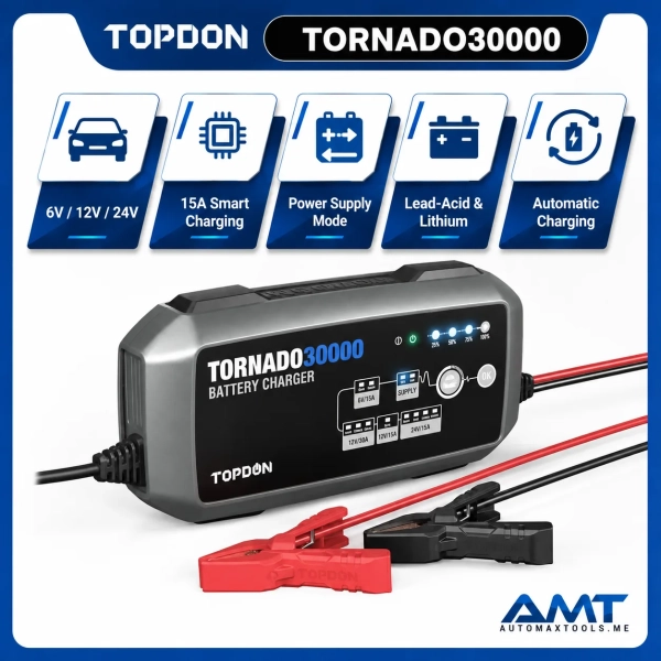 <p><strong>TOPDON Tornado30000</strong> is a high-output smart battery charger and stable power supply for professional workshops, fleets and demanding battery-maintenance applications.</p>
<p>It supports <strong>6V, 12V and 24V batteries</strong>, charging currents up to <strong>30A</strong>, 12 charging modes and a 9-step smart charging process for supported lead-acid and lithium batteries.</p>
<h3>Key Features</h3>
<ul>
<li>6V / 12V / 24V Battery Charging</li>
<li>Up to 30A Output</li>
<li>12V 30A / 24V 15A / 6V 15A / 12V 10A Modes</li>
<li><strong>12 Charging Modes</strong></li>
<li><strong>9-Step Smart Charging</strong></li>
<li>Lead-Acid Battery Support</li>
<li>12V / 24V Lithium Battery Support</li>
<li>Repair / Desulfation Mode for Compatible Lead-Acid Batteries</li>
<li>12V / 24V Stable Power Supply Mode</li>
<li>50–1000Ah Battery Range</li>
<li>Temperature Monitoring & Fan Cooling</li>
<li>Multiple Electrical Safety Protections</li>
</ul> <p><strong>TOPDON Tornado30000</strong> is a high-output smart battery charger and stable power supply for professional workshops, fleets and demanding battery-maintenance applications.</p>
<p>It supports <strong>6V, 12V and 24V batteries</strong>, charging currents up to <strong>30A</strong>, 12 charging modes and a 9-step smart charging process for supported lead-acid and lithium batteries.</p>
<h3>Key Features</h3>
<ul>
<li>6V / 12V / 24V Battery Charging</li>
<li>Up to 30A Output</li>
<li>12V 30A / 24V 15A / 6V 15A / 12V 10A Modes</li>
<li><strong>12 Charging Modes</strong></li>
<li><strong>9-Step Smart Charging</strong></li>
<li>Lead-Acid Battery Support</li>
<li>12V / 24V Lithium Battery Support</li>
<li>Repair / Desulfation Mode for Compatible Lead-Acid Batteries</li>
<li>12V / 24V Stable Power Supply Mode</li>
<li>50–1000Ah Battery Range</li>
<li>Temperature Monitoring & Fan Cooling</li>
<li>Multiple Electrical Safety Protections</li>
</ul>