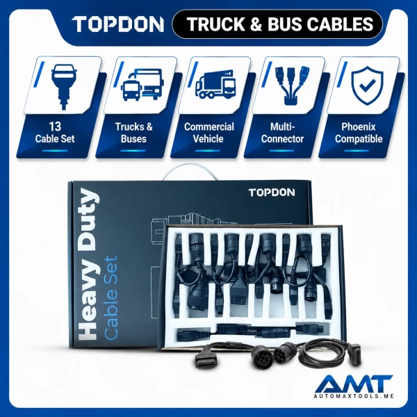 <p><strong>TOPDON Truck & Bus Diagnostic Cable Set</strong> includes 13 heavy-duty diagnostic adapters for connecting compatible diagnostic equipment to commercial vehicles with non-standard diagnostic connectors.</p>
<p><strong>This listing is for cables only.</strong> Diagnostic scanner, VCI and software are not included unless specifically stated in the sales package.</p>
<h3>13 Included Cable Types</h3>
<ul>
<li>MAN 12-Pin</li>
<li>MAN 37-Pin</li>
<li>MAN 14-Pin</li>
<li>CAT 9-Pin</li>
<li>OBD 9-Pin</li>
<li>OBD 6-Pin</li>
<li>OBD 16-Pin</li>
<li>Volvo 8-Pin</li>
<li>Renault 12-Pin</li>
<li>Iveco 38-Pin</li>
<li>Iveco 30-Pin</li>
<li>Isuzu 3-Pin</li>
<li>Isuzu 20-Pin</li>
</ul> <p><strong>TOPDON Truck & Bus Diagnostic Cable Set</strong> includes 13 heavy-duty diagnostic adapters for connecting compatible diagnostic equipment to commercial vehicles with non-standard diagnostic connectors.</p>
<p><strong>This listing is for cables only.</strong> Diagnostic scanner, VCI and software are not included unless specifically stated in the sales package.</p>
<h3>13 Included Cable Types</h3>
<ul>
<li>MAN 12-Pin</li>
<li>MAN 37-Pin</li>
<li>MAN 14-Pin</li>
<li>CAT 9-Pin</li>
<li>OBD 9-Pin</li>
<li>OBD 6-Pin</li>
<li>OBD 16-Pin</li>
<li>Volvo 8-Pin</li>
<li>Renault 12-Pin</li>
<li>Iveco 38-Pin</li>
<li>Iveco 30-Pin</li>
<li>Isuzu 3-Pin</li>
<li>Isuzu 20-Pin</li>
</ul>