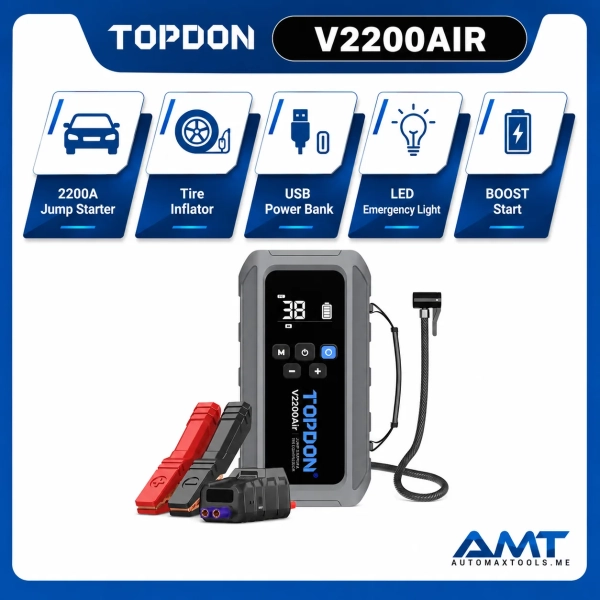 <strong>TOPDON V2200Air</strong> is a 2-in-1 portable jump starter and tire inflator built for roadside emergencies, workshops and everyday vehicle use. It delivers up to <strong>2200A peak current</strong> for 12V vehicles with engines up to <strong>8.0L gasoline / 6.0L diesel</strong>, while the integrated air compressor can refill a tire in about <strong>3 minutes</strong> under suitable conditions. <h3>Key Features</h3> <ul> <li><strong>2200A Peak Jump-Starting Current</strong></li> <li>Up to 8.0L Gasoline / 6.0L Diesel Engines</li> <li>BOOST Mode for Deeply Discharged Batteries</li> <li>Integrated Tire Inflator</li> <li>Approximately 3-Minute Tire Inflation</li> <li>Real-Time Tire Pressure Monitoring</li> <li>Multiple Inflation Modes</li> <li><strong>PD45W Fast-Charging Power Bank</strong></li> <li><strong>400-Lumen LED Emergency Light</strong></li> <li>Solid / SOS / Strobe / Warning Light Modes</li> </ul> <strong>TOPDON V2200Air</strong> is a 2-in-1 portable jump starter and tire inflator built for roadside emergencies, workshops and everyday vehicle use. It delivers up to <strong>2200A peak current</strong> for 12V vehicles with engines up to <strong>8.0L gasoline / 6.0L diesel</strong>, while the integrated air compressor can refill a tire in about <strong>3 minutes</strong> under suitable conditions. <h3>Key Features</h3> <ul> <li><strong>2200A Peak Jump-Starting Current</strong></li> <li>Up to 8.0L Gasoline / 6.0L Diesel Engines</li> <li>BOOST Mode for Deeply Discharged Batteries</li> <li>Integrated Tire Inflator</li> <li>Approximately 3-Minute Tire Inflation</li> <li>Real-Time Tire Pressure Monitoring</li> <li>Multiple Inflation Modes</li> <li><strong>PD45W Fast-Charging Power Bank</strong></li> <li><strong>400-Lumen LED Emergency Light</strong></li> <li>Solid / SOS / Strobe / Warning Light Modes</li> </ul>