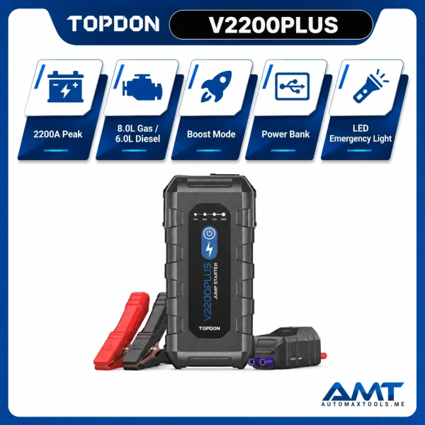 <p><strong>TOPDON V2200Plus</strong> combines a high-power jump starter and a Bluetooth battery tester in one portable emergency tool.</p><p>It delivers up to <strong>2200A peak current</strong>, supports vehicles up to <strong>8.0L gasoline / 6.0L diesel</strong>, and adds <strong>12V battery testing</strong>, a <strong>16000mAh power bank</strong>, <strong>PD60W fast charging</strong>, and a <strong>300-lumen LED light</strong>.</p><h3>Key Features</h3><ul><li>2200A Peak Jump Starter</li><li>Supports 12V Vehicles</li><li>Up to 8.0L Gas / 6.0L Diesel</li><li>Bluetooth Battery Tester</li><li>16000mAh Power Bank</li><li>PD60W Type-C Fast Charging</li><li>300-Lumen LED Light</li><li>Boost Mode</li><li>Emergency Roadside Design</li></ul> <p><strong>TOPDON V2200Plus</strong> combines a high-power jump starter and a Bluetooth battery tester in one portable emergency tool.</p><p>It delivers up to <strong>2200A peak current</strong>, supports vehicles up to <strong>8.0L gasoline / 6.0L diesel</strong>, and adds <strong>12V battery testing</strong>, a <strong>16000mAh power bank</strong>, <strong>PD60W fast charging</strong>, and a <strong>300-lumen LED light</strong>.</p><h3>Key Features</h3><ul><li>2200A Peak Jump Starter</li><li>Supports 12V Vehicles</li><li>Up to 8.0L Gas / 6.0L Diesel</li><li>Bluetooth Battery Tester</li><li>16000mAh Power Bank</li><li>PD60W Type-C Fast Charging</li><li>300-Lumen LED Light</li><li>Boost Mode</li><li>Emergency Roadside Design</li></ul>