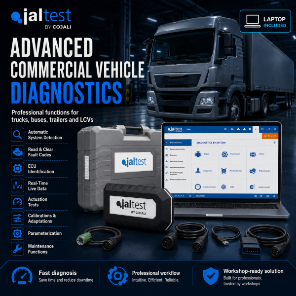 <h3>Jaltest Ashok Leyland Commercial Vehicle Diagnostic Package</h3> <ul> <li><strong>Complete package:</strong> Jaltest Link Kit + laptop + brand licence + 1-year renewal</li> <li><strong>Brand coverage:</strong> Jaltest Modular diagnostics for supported Ashok Leyland commercial vehicles</li> <li><strong>Diagnostics:</strong> Fault codes, live data, ECU identification and system scans</li> <li><strong>Advanced functions:</strong> Actuation tests, calibrations, adaptations and service functions where supported</li> <li><strong>Professional use:</strong> Designed for commercial vehicle workshops and fleet service</li> </ul> <strong>Important:</strong> Functions depend on vehicle model, year, ECU and Jaltest coverage. Jaltest INFO is optional and available at additional cost. <h3>Jaltest Ashok Leyland Commercial Vehicle Diagnostic Package</h3> <ul> <li><strong>Complete package:</strong> Jaltest Link Kit + laptop + brand licence + 1-year renewal</li> <li><strong>Brand coverage:</strong> Jaltest Modular diagnostics for supported Ashok Leyland commercial vehicles</li> <li><strong>Diagnostics:</strong> Fault codes, live data, ECU identification and system scans</li> <li><strong>Advanced functions:</strong> Actuation tests, calibrations, adaptations and service functions where supported</li> <li><strong>Professional use:</strong> Designed for commercial vehicle workshops and fleet service</li> </ul> <strong>Important:</strong> Functions depend on vehicle model, year, ECU and Jaltest coverage. Jaltest INFO is optional and available at additional cost.