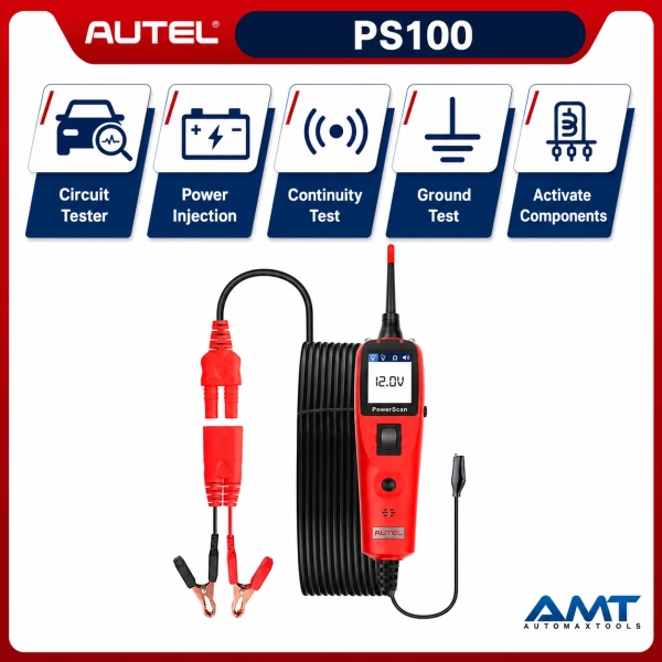 <div class="et_pb_module et_pb_wc_title et_pb_wc_title_0_tb_body product-header et_pb_bg_layout_light">
<h4>The Autel PowerScan PS100 is a professional automotive electrical circuit tester that combines an AVOmeter, test light, power injection, polarity checking, continuity testing, short-circuit tracing, bad-ground testing and component activation in one handheld tool.</h4>
Powered directly from the vehicle’s <strong>12V or 24V battery</strong>, the PS100 can read voltage, current and resistance, identify positive/negative/open circuits and supply power or ground to components such as relays, fans and lamps. A built-in circuit breaker helps protect the tool and tested components from overload. The included 20ft / approximately 6m extendable cable provides reach around the vehicle, while the built-in flashlight and audible tone support fast workshop electrical diagnosis.
</div>
<div class="et_pb_module et_pb_wc_description et_pb_wc_description_0_tb_body et_pb_bg_layout_light et_pb_text_align_left">
<div class="et_pb_module_inner">
<table>
<thead>
<tr><th>Specification</th><th>PowerScan PS100</th></tr>
</thead>
<tbody>
<tr><td>Product Type</td><td>Automotive Electrical Circuit Tester</td></tr>
<tr><td>Model</td><td>PowerScan PS100</td></tr>
<tr><td>Display</td><td>TFT Color Display, 160 × 128</td></tr>
<tr><td>Vehicle Power</td><td>12V / 24V Vehicle Battery</td></tr>
<tr><td>AVOmeter</td><td>Voltage, Current & Resistance</td></tr>
<tr><td>Power Injection</td><td>Supported</td></tr>
<tr><td>Ground Injection</td><td>Supported</td></tr>
<tr><td>Polarity Check</td><td>Positive / Negative / Open Circuit</td></tr>
<tr><td>Continuity Test</td><td>Supported</td></tr>
<tr><td>Component Activation</td><td>Relays, Fans, Lamps & Supported Loads</td></tr>
<tr><td>Bad Ground Test</td><td>Supported</td></tr>
<tr><td>Short Circuit Location</td><td>Supported</td></tr>
<tr><td>Circuit Breaker</td><td>Built-In Protection</td></tr>
<tr><td>Flashlight</td><td>Built-In</td></tr>
<tr><td>Cable Reach</td><td>20ft / Approx. 6m Extendable Cable</td></tr>
<tr><td>Software Updates</td><td>2 Years Included – Automax Tools IMEA Package</td></tr>
<tr><td>Warranty</td><td>1 Year Limited Warranty</td></tr>
</tbody>
</table>
&nbsp; <strong>Autel PowerScan PS100 Official Information</strong>
<a href="https://autel.com/c/www/special/3285.jhtml" target="_blank" rel="noopener">
View Official / Reference Information for Autel PowerScan PS100
</a> <a href="https://automaxtools.me/wp-content/uploads/2020/12/Powerscan-PS100-1.jpg">
<img class="aligncenter" src="https://automaxtools.me/wp-content/uploads/2020/12/Powerscan-PS100-1.jpg" alt="Autel PowerScan PS100 UAE Automax Tools" width="807" height="807" />
</a> </div>
</div>
<h3><span style="color: #d2322a;">
<strong>1 Year Warranty. 2 Year Free Software Updates.</strong>
</span></h3>
<h4 style="color: red;">IP Restriction (works only in India, Middle East and Africa).</h4> <div class="et_pb_module et_pb_wc_title et_pb_wc_title_0_tb_body product-header et_pb_bg_layout_light">
<h4>The Autel PowerScan PS100 is a professional automotive electrical circuit tester that combines an AVOmeter, test light, power injection, polarity checking, continuity testing, short-circuit tracing, bad-ground testing and component activation in one handheld tool.</h4>
Powered directly from the vehicle’s <strong>12V or 24V battery</strong>, the PS100 can read voltage, current and resistance, identify positive/negative/open circuits and supply power or ground to components such as relays, fans and lamps. A built-in circuit breaker helps protect the tool and tested components from overload. The included 20ft / approximately 6m extendable cable provides reach around the vehicle, while the built-in flashlight and audible tone support fast workshop electrical diagnosis.
</div>
<div class="et_pb_module et_pb_wc_description et_pb_wc_description_0_tb_body et_pb_bg_layout_light et_pb_text_align_left">
<div class="et_pb_module_inner">
<table>
<thead>
<tr><th>Specification</th><th>PowerScan PS100</th></tr>
</thead>
<tbody>
<tr><td>Product Type</td><td>Automotive Electrical Circuit Tester</td></tr>
<tr><td>Model</td><td>PowerScan PS100</td></tr>
<tr><td>Display</td><td>TFT Color Display, 160 × 128</td></tr>
<tr><td>Vehicle Power</td><td>12V / 24V Vehicle Battery</td></tr>
<tr><td>AVOmeter</td><td>Voltage, Current & Resistance</td></tr>
<tr><td>Power Injection</td><td>Supported</td></tr>
<tr><td>Ground Injection</td><td>Supported</td></tr>
<tr><td>Polarity Check</td><td>Positive / Negative / Open Circuit</td></tr>
<tr><td>Continuity Test</td><td>Supported</td></tr>
<tr><td>Component Activation</td><td>Relays, Fans, Lamps & Supported Loads</td></tr>
<tr><td>Bad Ground Test</td><td>Supported</td></tr>
<tr><td>Short Circuit Location</td><td>Supported</td></tr>
<tr><td>Circuit Breaker</td><td>Built-In Protection</td></tr>
<tr><td>Flashlight</td><td>Built-In</td></tr>
<tr><td>Cable Reach</td><td>20ft / Approx. 6m Extendable Cable</td></tr>
<tr><td>Software Updates</td><td>2 Years Included – Automax Tools IMEA Package</td></tr>
<tr><td>Warranty</td><td>1 Year Limited Warranty</td></tr>
</tbody>
</table>
&nbsp; <strong>Autel PowerScan PS100 Official Information</strong>
<a href="https://autel.com/c/www/special/3285.jhtml" target="_blank" rel="noopener">
View Official / Reference Information for Autel PowerScan PS100
</a> <a href="https://automaxtools.me/wp-content/uploads/2020/12/Powerscan-PS100-1.jpg">
<img class="aligncenter" src="https://automaxtools.me/wp-content/uploads/2020/12/Powerscan-PS100-1.jpg" alt="Autel PowerScan PS100 UAE Automax Tools" width="807" height="807" />
</a> </div>
</div>
<h3><span style="color: #d2322a;">
<strong>1 Year Warranty. 2 Year Free Software Updates.</strong>
</span></h3>
<h4 style="color: red;">IP Restriction (works only in India, Middle East and Africa).</h4>